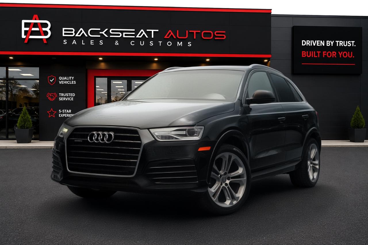 <p> 2018 Audi Q3 PREMUIM PLUS QUATTRO Drive With Confidence [GUARANTEED FINANCING]</p><p>Looking for a SUV thats reliable, sporty, and ready for any road? </p><p>This vehicle is Ontario Safety Certified and includes a 3-Month Engine & Transmission Warranty for your peace of mind. </p><p>There are also longer and more comprehensive coverage options available, and wed love to go over them with you.</p><p><br></p><p> Key Feature</p><p>- Available from $0 Down</p><p><span>- No accidents </span></p><p>- Large infotainment screen </p><p>- All wheel drive</p><p>- Panoramic roof </p><p>- Bluetooth</p><p>- CarFax Available | Extended Warranty Optional </p><p><br></p><p>Why Buy From Backseat Autos Ottawa? </p><p> Safety Certified & Warranty Included </p><p> AppointmentOnly = Dedicated Attention </p><p> Trusted by Hundreds of Happy Ottawa Drivers </p><p><br></p><p> Limited Availability 1 Unit Only!</p><p> Call/Text 6138798448 to schedule your private viewing today.</p>
