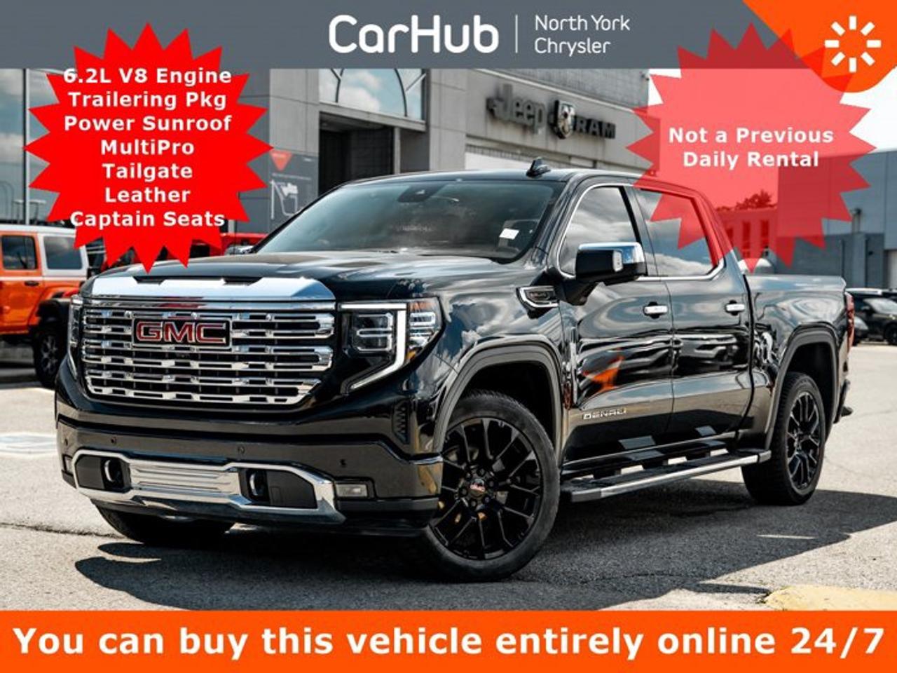 <p>This GMC Sierra 1500 delivers a Gas V8 6.2L/376 engine powering this Automatic transmission. ENGINE, 6.2L ECOTEC3 V8 (420 hp [313 kW] @ 5600 rpm, 460 lb-ft of torque [624 Nm] @ 4100 rpm); featuring Dynamic Fuel Management, Wireless, Apple CarPlay / Wireless Android Auto, Wireless Charging.</p><p>This GMC Sierra 1500 Comes Equipped with These Options</p> 6.2L V8 Engine  Trailering Package Power Sunroof MultiPro Tailgate Leather Captain Seats Rear Seat Storage Package Active Exhaust<p>Wipers, front rain-sensing, Windows, power rear, express down, Windows, power front, drivers express up/down, Window, power, rear sliding with rear defogger, Window, power front, passenger express up/down, Wi-Fi Hotspot capable (Terms and limitations apply. See onstar.ca or dealer for details.), Wheels, 20 x 9 (50.8 cm x 22.9 cm) multi-dimensional polished aluminum, Wheelhouse liners, rear (Deleted with (PCP) Denali CarbonPro Edition.), Wheel, 17 x 8 (43.2 cm x 20.3 cm) full-size, steel spare, USB Ports, 2, Charge/Data ports located inside centre console.</p><p>Drive Happy with CarHub<br />*** All-inclusive, upfront prices -- no haggling, negotiations, pressure, or games *** Purchase or lease a vehicle and receive a $1000 CarHub Rewards card for service. *** Purchase this vehicle fully online on CarHub websites</p><p>Transparency Statement<br />USED VEHICLES: Online prices and payments are for finance purchases -- please note there is a $850 safety certification fee. if not Certified, then as per OMVIC Regulations the vehicle is deemed to be not drivable and Not Certified. Cash purchases for used vehicles have a $2,350 surcharge which includes the safety certification (the finance price + $2,350). NEW VEHICLES: New financed vehicles are subject to an $ 850 Processing Fee. New cars priced at over $100,000 including add-ons or accessories are subject to the additional federal luxury tax. While every effort is taken to avoid errors, technical or human error can occur, so please confirm vehicle features, options, materials, and other specs with your CarHub representative. This can easily be done by calling us or by visiting us at the dealership. CarHub used vehicles come standard with 1 key. If we receive more than one key from the previous owner, we include them with the vehicle. Additional keys may be purchased at the time of sale. Ask your Product Advisor for more details. Payments are only estimates derived from a standard term/rate on approved credit. Terms, rates and payments may vary. Prices, rates and payments are subject to change without notice. Please see our website for more details.</p><p> </p>