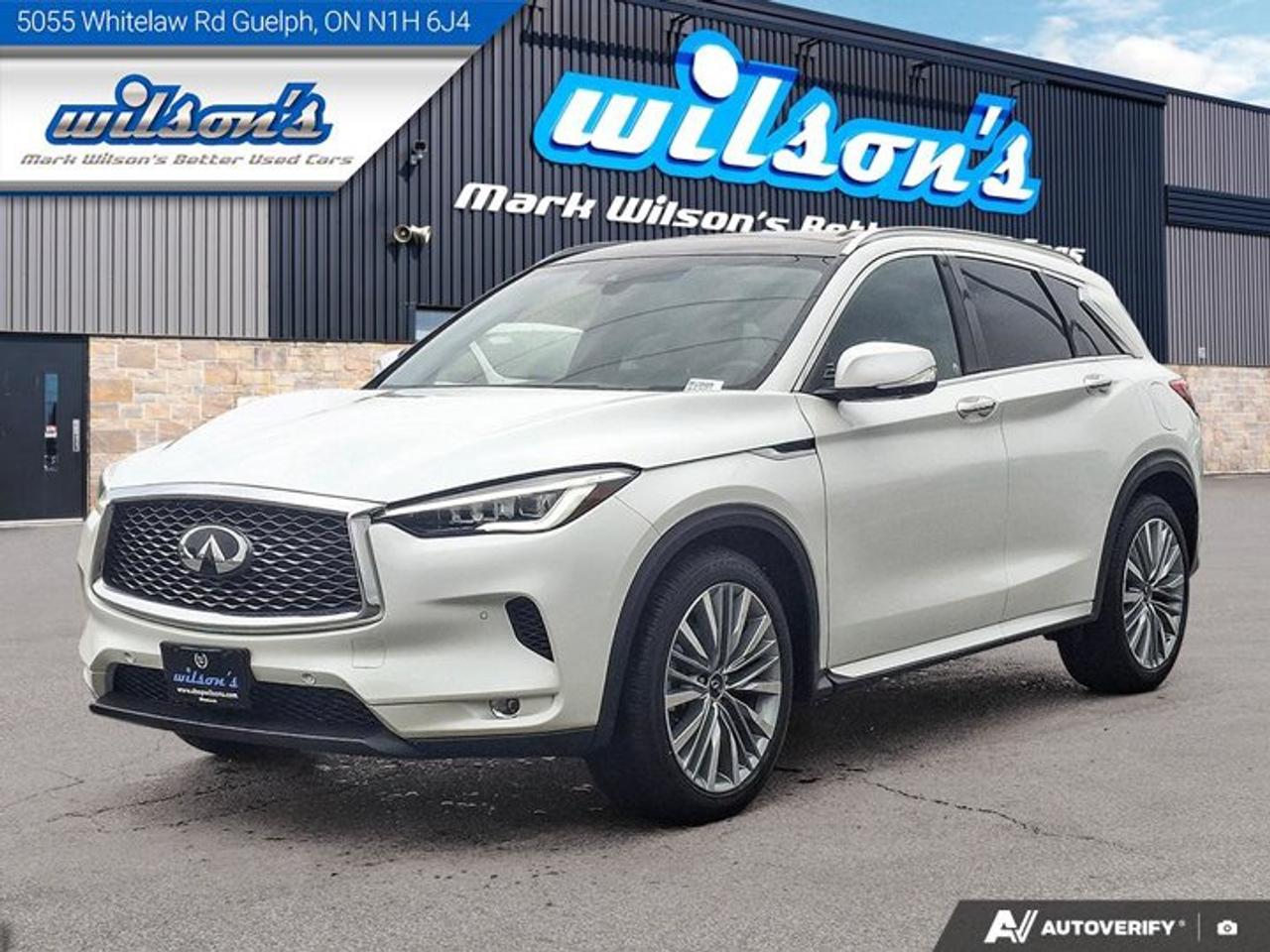 Check out this certified 2024 INFINITI QX50 Sensory AWD | HUD | Leather | Sunroof | Nav | 360 Camera | Bose | Intelligent Cruise | and More !. Its Automatic transmission and 2.0 L engine will keep you going. This INFINITI QX50 features the following options: Sunroof, Navigation System, Leather, Heated Steering Wheel, Heads Up Display, Bose Speaker System, Air Conditioning, Air Conditioned Seats, 360 Camera, and Heated Seats. See it for yourself at Mark Wilsons Better Used Cars, 5055 Whitelaw Road, Guelph, ON N1H 6J4.MASSIVE SELECTION: 500+ vehicles in ONE LOCATION, all Live Market Priced for the best value!STRAIGHTFORWARD & TRANSPARENT PRICING: Our Advertised Price INCLUDES:Safety Certification! (No separate certification fee upcharge).FREE Carfax History Report!NO upcharge for paying cash!CONFIDENCE & PEACE OF MIND: 30-Day/3,000 km Warranty INCLUDED! Plus a 5-Day Exchange Privilege!*EASY FINANCING: Better-than-bank rates, $0 Down, and 3 Months No Payments available OAC. BAD CREDIT APPROVED HERE!WE BUY CARS: Get Top Dollar for your trade, or sell us your vehicle for CASH even if you dont buy ours!www.shopwilsons.comAn Honest, Transparent Buying Experience. Trusted in business since 1961!(Cash Prices Exclude HST and Licensing Fees only.)
