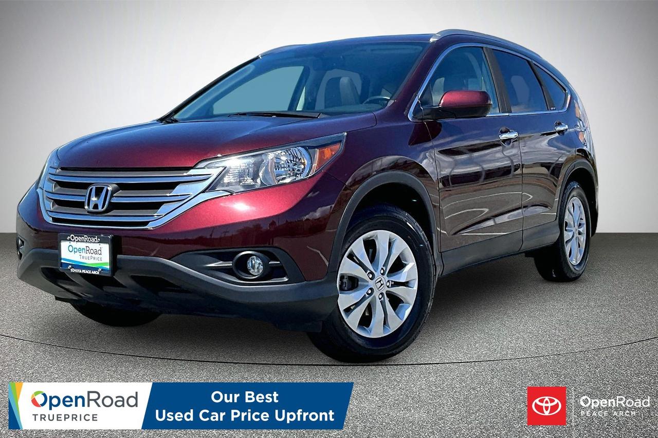 The 2013 Honda CR-V Touring AWD combines practicality, comfort, and confidence in all weather conditions. Its efficient 2.4-litre four-cylinder engine paired with a smooth automatic transmission delivers dependable performance and excellent fuel economy. All-wheel drive enhances traction on rain, snow, and gravel roads. Inside, enjoy leather-trimmed heated front seats, dual-zone automatic climate control, a power moonroof, premium audio, Bluetooth connectivity, USB input, rearview camera, and navigation. The spacious cabin offers versatile cargo space with folding rear seats for added convenience. Safety features include Vehicle Stability Assist, anti-lock brakes, multiple airbags, and Hondas reputation for long-lasting reliability and low ownership costs. Have confidence with your OpenRoad purchase! Every OpenRoad Certified Pre-Owned vehicle comes fully reconditioned and complete with a comprehensive 153 point mechanical inspection, a CarFax history & lien report, a 3-Day Money Back Guarantee, a 30-Day/2,000 kms Exchange Policy, a 90-Day/5,000 kms Powertrain Warranty, guaranteed clear title, and membership to our exclusive Club OpenRoad! As a proud member of the OpenRoad Auto Group, a trusted name since 2000 serving the Lower mainland (including White Rock, Surrey, Langley, Maple Ridge, Delta, Richmond, Mission and beyond) with outstanding Toyota vehicles, Toyota parts, and Toyota service since 1966! OpenRoad Toyota Peace Arch is a &ldquo;True Price&rdquo; dealer, meaning no inflated prices, and no need for back and forth haggling! We use up to the minute technology offering LIVE MARKET VALUE PRICING to ensure you are receiving the most competitive price possible on all of our Pre-Owned vehicles!  All advertised vehicle prices do not include our $699 documentation fee.