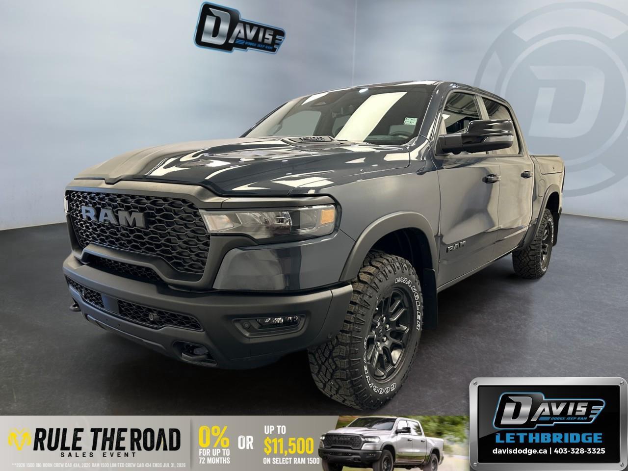 <p>Introducing the 2026 Ram 1500 Rebel, a striking blue 4x4 drive truck, crafted to tackle both rugged terrains and urban environments with sophisticated handling.</p><p><strong>Interior Features:</strong></p><ul><li>Plush black interior with heated front seats for ultimate comfort</li><li>Leather-wrapped steering wheel providing a premium feel</li><li>Adjustable power seats with memory settings for personalized comfort</li><li>A spacious Crew Cab design, ensuring ample room for passengers</li><li>Dual-pane panoramic sunroof allowing natural light to fill the cabin</li></ul><p><strong>Exterior Features:</strong></p><ul><li>Forged Blue Metallic monotone paint for a stunning exterior look</li><li>Alloy wheels adding a touch of elegance and strength</li><li>RamBox Cargo Management System for optimized storage solutions</li><li>Rear Wheelhouse Liners for added protection</li><li>Proximity Approach/Departure Lamps and exterior mirrors with memory settings</li></ul><p><strong>Technology & Safety Features:</strong></p><ul><li>Advanced Uconnect 5 Nav with a large 14.4" touchscreen display</li><li>Full suite of driver assistance technology, including adaptive cruise control and lane assist</li><li>Intelligent safety features like parking sensors and a backup camera</li><li>Wireless charging pads and a 19-speaker harman/kardon premium sound system</li><li>Smart device integration with Apple CarPlay and wi-fi hotspot functionality</li></ul><p>Perfectly suited for the adventurous spirit or the tech-savvy driver, the Ram 1500 Rebel offers a blend of performance and innovation. Contact Davis Dodge Lethbridge today to learn more about this outstanding vehicle and take it for a test drive!</p>