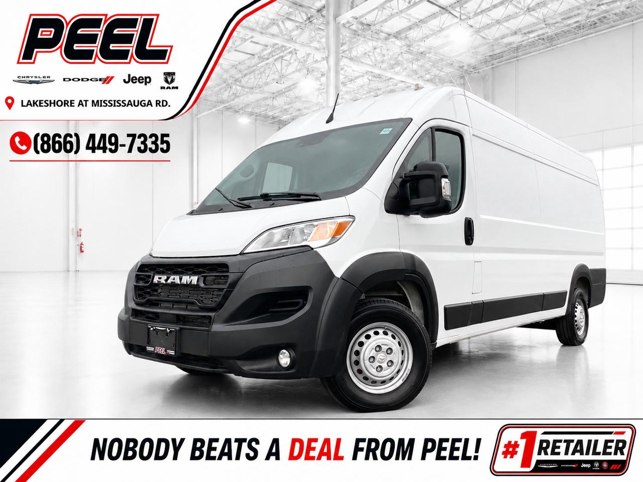 COME SEE WHY NOBODY BCOME SEE WHY NOBODY BEATS A DEAL FROM PEEL! Your Source for ALL make and models used cars and trucks.

2025 Ram ProMaster 3500 Cargo Van High Roof Extended Wheelbase | 3.6L Pentastar V6 | Bright White | High Roof 159" Extended Wheelbase | Convenience Group | Vinyl Bucket Seats | Uconnect 5 7" Touchscreen Display | Apple CarPlay & Android Auto | Push Button Start | Adaptive Cruise Control w/ Stop & Go | Full-Speed Forward Collision Warning Plus | Pedestrian/Cyclist Emergency Braking | Drowsy Driver Detection | Traffic Sign Recognition | Rear View Camera | Crosswind Assist | Cargo Partition w/ Sliding Window | Heated Power Folding Exterior Mirrors | Mopar Side Wall Paneling | Mopar Cargo Area Floor Mat | Full-size Spare Tire | Passenger Bucket Seat

2025 Ram ProMaster 3500 Cargo Van High Roof Extended Wheelbase | 3.6L Pentastar V6 | Bright White | High Roof Extended Wheelbase | Customer Preferred Package 22B | Convenience Group | Vinyl Bucket Seats | Uconnect 5 7" Touchscreen Display | Apple CarPlay & Android Auto | Push Button Start | Adaptive Cruise Control w/ Stop & Go | Full-Speed Forward Collision Warning Plus | Pedestrian/Cyclist Emergency Braking | Drowsy Driver Detection | Traffic Sign Recognition | Rear View Camera | Crosswind Assist | Cargo Partition w/ Sliding Window | Heated Power Folding Exterior Mirrors | Mopar Side Wall Paneling | Mopar Cargo Area Floor Mat | Full-size Spare Tire | Passenger Bucket Seat
______________________________________________________

*Hand Selected Former Daily Rental

FREE CarFax included! Click the CarFax link in the listing to view the report.

Our advertised prices are for consumers/end users only and are not intended for dealer, wholesale, exporter, or broker purchases.
______________________________________________________

Peel Chrysler is based in Port Credit, Mississauga, and proudly serves customers across Ontario and Canada, including Toronto, Oakville, North York, Richmond Hill, Ajax, Hamilton, Niagara Falls, Brampton, Scarborough, Vaughan, London, Windsor, Cambridge, Kitchener, Waterloo, Brantford, Sarnia, Pickering, Huntsville, Milton, Woodbridge, Aurora, Newmarket, Orangeville, Georgetown, Markham, North Bay, Sudbury, Barrie, Oshawa, Kingston, Innisfil, and surrounding areas. Browse our selection of used cars, trucks, SUVs, vans, Ram, Jeep, Dodge, Chrysler, FIAT, and all makes and models at peelchrysler.com.
______________________________________________________

Disclaimer: Prices are for consumer/end-user purchases only. Advertised priceas are all-in and include all dealer fees and charges, including the $499 loan processing fee where applicable, except HST, Fuel and Licensing, unless otherwise stated. Payments, rates, and terms are subject to approved credit and may change without notice. If a trade-in has an outstanding loan balance and Peel Chrysler is required to facilitate the lien payout, a $349 lien payout fee applies. Most pre-owned vehicles originally come with two keys; however, all Peel Chrysler pre-owned vehicles come standard with one key unless otherwise stated. Vehicle images may be digitally adjusted or enhanced for presentation purposes and may not always reflect the exact appearance of the vehicle. While we make every effort to ensure accuracy, vehicle details, features, options, materials, history, specifications, pricing, availability, and CarFax information should be verified with Peel Chrysler before purchase.EATS A DEAL FROM PEEL! Your Source for ALL make and models used cars and trucks.
______________________________________________________

FREE CarFax included! Click the CarFax link in the listing to view the report.

Our advertised prices are for consumers/end users only and are not intended for dealer, wholesale, exporter, or broker purchases.
______________________________________________________

Peel Chrysler is based in Port Credit, Mississauga, and proudly serves customers across Ontario and Canada, including Toronto, Oakville, North York, Richmond Hill, Ajax, Hamilton, Niagara Falls, Brampton, Scarborough, Vaughan, London, Windsor, Cambridge, Kitchener, Waterloo, Brantford, Sarnia, Pickering, Huntsville, Milton, Woodbridge, Aurora, Newmarket, Orangeville, Georgetown, Markham, North Bay, Sudbury, Barrie, Oshawa, Kingston, Innisfil, and surrounding areas. Browse our selection of used cars, trucks, SUVs, vans, Ram, Jeep, Dodge, Chrysler, FIAT, and all makes and models at peelchrysler.com.
______________________________________________________

Disclaimer: Prices are for consumer/end-user purchases only. Advertised priceas are all-in and include all dealer fees and charges, including the $499 loan processing fee where applicable, except HST, Fuel and Licensing, unless otherwise stated. Payments, rates, and terms are subject to approved credit and may change without notice. If a trade-in has an outstanding loan balance and Peel Chrysler is required to facilitate the lien payout, a $349 lien payout fee applies. Most pre-owned vehicles originally come with two keys; however, all Peel Chrysler pre-owned vehicles come standard with one key unless otherwise stated. Vehicle images may be digitally adjusted or enhanced for presentation purposes and may not always reflect the exact appearance of the vehicle. While we make every effort to ensure accuracy, vehicle details, features, options, materials, history, specifications, pricing, availability, and CarFax information should be verified with Peel Chrysler before purchase.