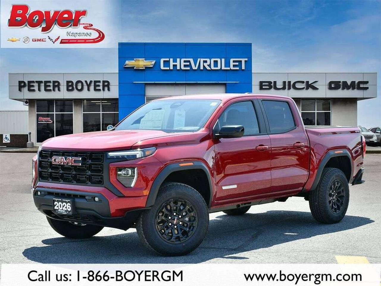 <p>Introducing the 2026 GMC Canyon Elevation, a new red 4×4 truck designed to give you unmatched performance and versatility. This Crew Cab Short Box offers an automotive experience that is both dynamic and reliable, thanks to the smooth handling provided by its 4-wheel drive drivetrain.</p><p>Externally, the Canyon Elevation features a striking Volcanic Red Tintcoat that turns heads everywhere. Stylish 18" black aluminum wheels complement its bold demeanor, while all-terrain tires ensure you conquer any path. Inside, you'll find a comfortable black cloth interior. With features like heated driver and front passenger seats, an 8-way power driver's seat with lumbar control, and dual-zone automatic climate control, every journey prioritizes comfort and convenience.</p><p>This truck isn't just about performance; its packed with top-tier technology. The center stage is an 11.3" diagonal premium GMC infotainment system with an intuitive colour touchscreen interface that includes Google built-in, wireless Android Auto, and Apple CarPlay capabilities. This system ensures you stay connected with Bluetooth streaming and personalized vehicle settings. Enjoy peace of mind with features like a backup camera, lane assist, and parking sensors.</p><p>Designed for the modern adventurer seeking comfort and innovation, the GMC Canyon Elevation with its built-in smart device integration and Wi-Fi hotspot, caters to a tech-savvy lifestyle. Perfect for those who cherish both style and substance, this truck is ready to handle all your needs.</p><p>For those who demand more from their driving experience, the 2026 GMC Canyon Elevation offers an elegant yet formidable choice. Contact Peter Boyer Chevrolet Buick GMC today to learn more and explore the unparalleled capabilities of this remarkable vehicle.</p>