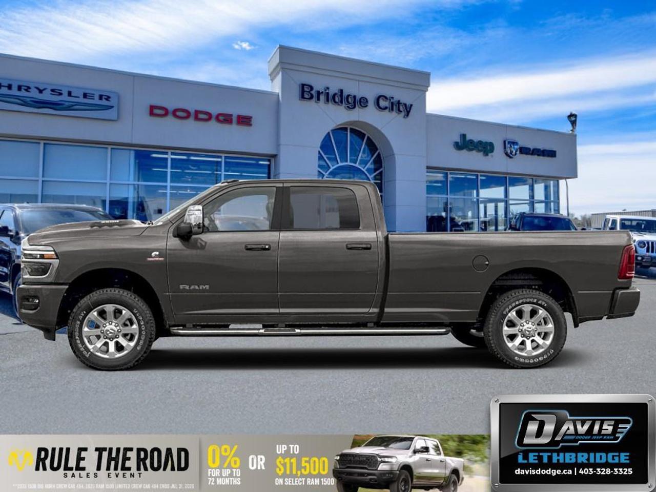 <b>Navigation, Heated Seats, Blind Spot Detection, Remote Start, Heated Steering Wheel!</b><br /> <br /> Whether you're on the job site, driving around town, or making a long-haul trip, this Ram 3500 gets the job done with ease.<br /> <br />Endlessly capable, this 2026 Ram 3500 pulls out all the stops, and has the towing capacity that sets it apart from the competition. On top of its proven Ram toughness, this Ram 3500 has an ultra-quiet cabin full of amazing tech features that help make your workday more enjoyable. Whether you're in the commercial sector or looking for serious recreational towing rig, this impressive 3500 is ready for anything that you are.<br /> <br />This Granite sought after diesel Crew Cab 4X4 pickup has an Automatic transmission and is powered by a Cummins 430HP 6.7L Straight 6 Cylinder Engine. <br /> <br /> Our 3500's trim level is Laramie. This trim rewards you with heated front seats with lumbar support, a heated steering wheel and remote engine start. Also standard include class V tow equipment with a hitch, brake controller and trailer sway control, heated power-adjustable and power-extendable trailer style mirrors, heavy duty suspension, 4G LTE mobile hotspot internet access, adaptive cruise control, a 10-speaker Alpine audio system, and an upgraded 12-inch infotainment screen powered by Uconnect 5, with inbuilt navigation, Apple CarPlay and Android Auto. Safety features also include blind spot and cross path detection, ParkSense front and rear parking sensors, forward collision warning and front collision mitigation. This vehicle has been upgraded with the following features: Navigation, Heated Seats, Blind Spot Detection, Remote Start, Heated Steering Wheel, Power Mirrors, ParkSense.<br /><br /> <br />To apply right now for financing use this link: <a href=https://lethbridge.davisdodge.ca/free-credit-check/ target=_blank rel=nofollow noopener noreferrer>https://lethbridge.davisdodge.ca/free-credit-check/</a><br /> <br /><br />As a premier Chrysler, Dodge, Jeep and RAM dealership, Davis Dodge proudly offers an extensive selection of new and used vehicles to meet every drivers needs. Customers across Lethbridge, Fort Macleod, Taber, Claresholm, Coaldale, and beyond trust us for daily vehicle specials, certified service and parts, and a seamless online inventory experience. <br /><br /> With competitive financing options and expert support, we make car buying easy and enjoyable. <br /><br /> Ready to hit the road? Schedule your test drive today at Davis Dodge, your trusted Chrysler, Dodge, Jeep and RAM dealer in Lethbridge, Alberta.<br /><br /> Vehicle pricing offer shown expires 2026-07-31. <br /> Come by and check out our fleet of 40+ used cars and trucks and 110+ new cars and trucks for sale in Lethbridge. o~o