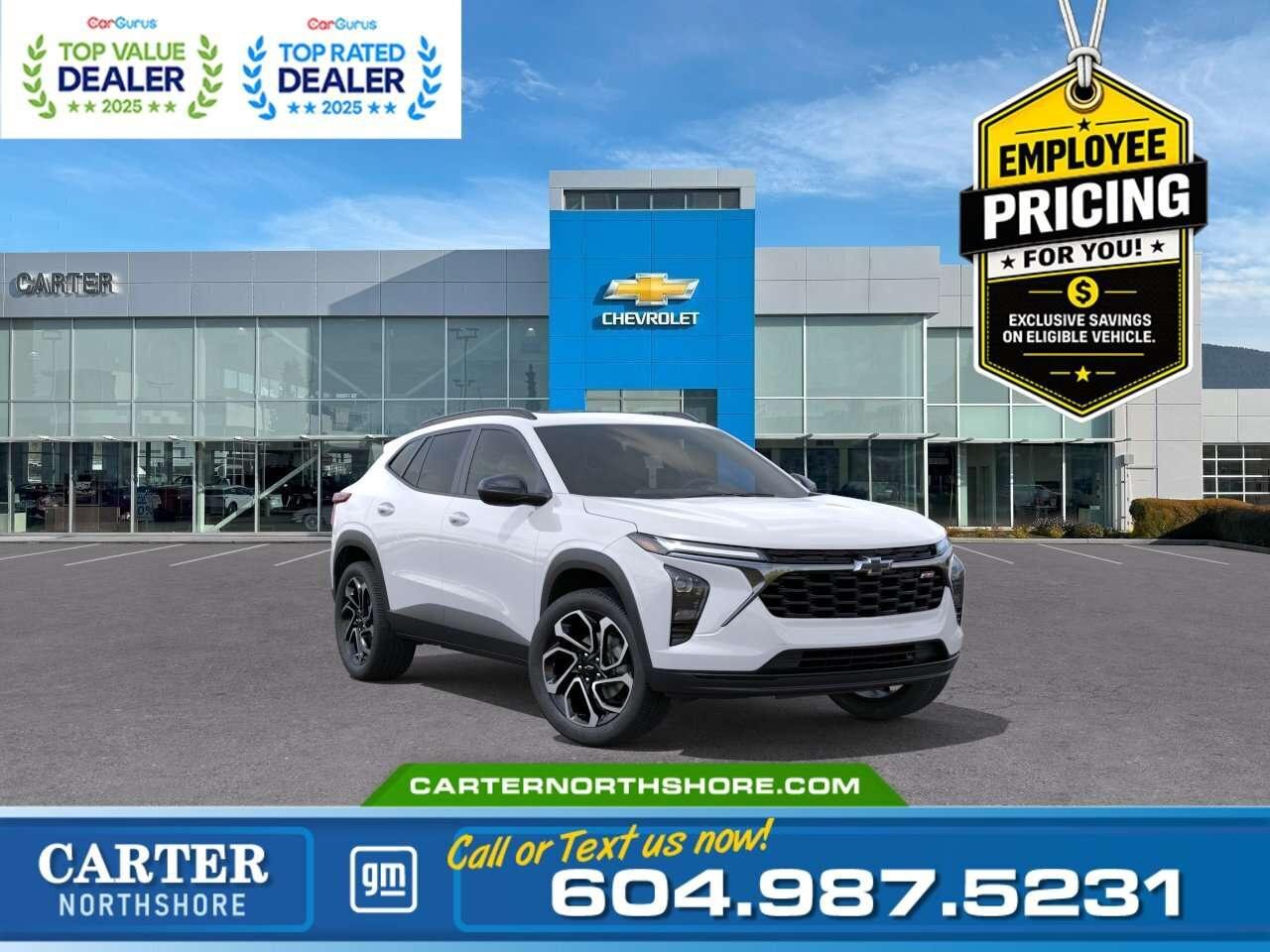 <b>GREAT NEWS EMPLOYEE PRICING IS BACK!</b> Take advantage of exclusive Employee Pricing on eligible new vehicles and enjoy exceptional value for a limited time. This is your opportunity to save on the vehicle youve been waiting for while inventory lasts. Contact us today to confirm your eligibility and discover the available offers on your preferred model. Experience modern style and everyday practicality in this 2026 Chevrolet Trax LT. Equipped with a fuel-efficient 1.2L Turbo engine, power sunroof, heated front seats and steering wheel, adaptive cruise control, wireless Apple CarPlay&reg; and Android Auto, an 11-inch touchscreen, and Chevy Safety Assist, its built to make every drive more enjoyable. With its sporty RS Package and bold 19-inch black aluminum wheels, this Trax stands out wherever it goes. Come take it for a test drive today and experience all this stylish vehicle has to offer! <b>WHY CARTER GM NORTHSHORE?</b> - An unrivalled vehicle purchasing experience! - Exceeding our loyal customers expectations since 1990 - 4.7 Google star rating (with 1,700+ customer reviews) - CarGurus Top-Rated Dealer 2025 Award - CarGurus Top Value Dealer 2025 Award - Vehicle trades welcome! Best price guaranteed! - We provide upfront pricing, zero hidden fees, and 100% transparency - Fast approvals and 99% acceptance rates (no matter your current credit status!) - Multilingual staff (many languages spoken) - Comfortable non-pressured environment with in-store television, WIFI and a childrens play area! <p><img src=https://gmtadvantage-com.cdn-convertus.com/uploads/sites/16/2025/09/Carter-GM-Burnaby-Car-Gurus-Awards-2025.png alt="" width="300" height="77" /></p> Were here to help you drive the vehicle you want, the vehicle you deserve! <b>QUESTIONS? GREAT! WEVE GOT ANSWERS!</b> To speak with a friendly vehicle specialist - <b>CALL NOW!</b> <small>The advertised price includes all standard dealer fees and any applicable manufacturer or dealer incentives. It does not include applicable taxes, licensing, insurance, or optional products or services. Dealer fees will be clearly broken out and itemized on the bill of sale, maximum total of fees $699.00. Prices are shown in Canadian dollars. While we make every effort to ensure accuracy, vehicle details, pricing, options, and availability are subject to change without notice. Please confirm all information with dealership sales management before purchase. Dealer Code: 81121</small>