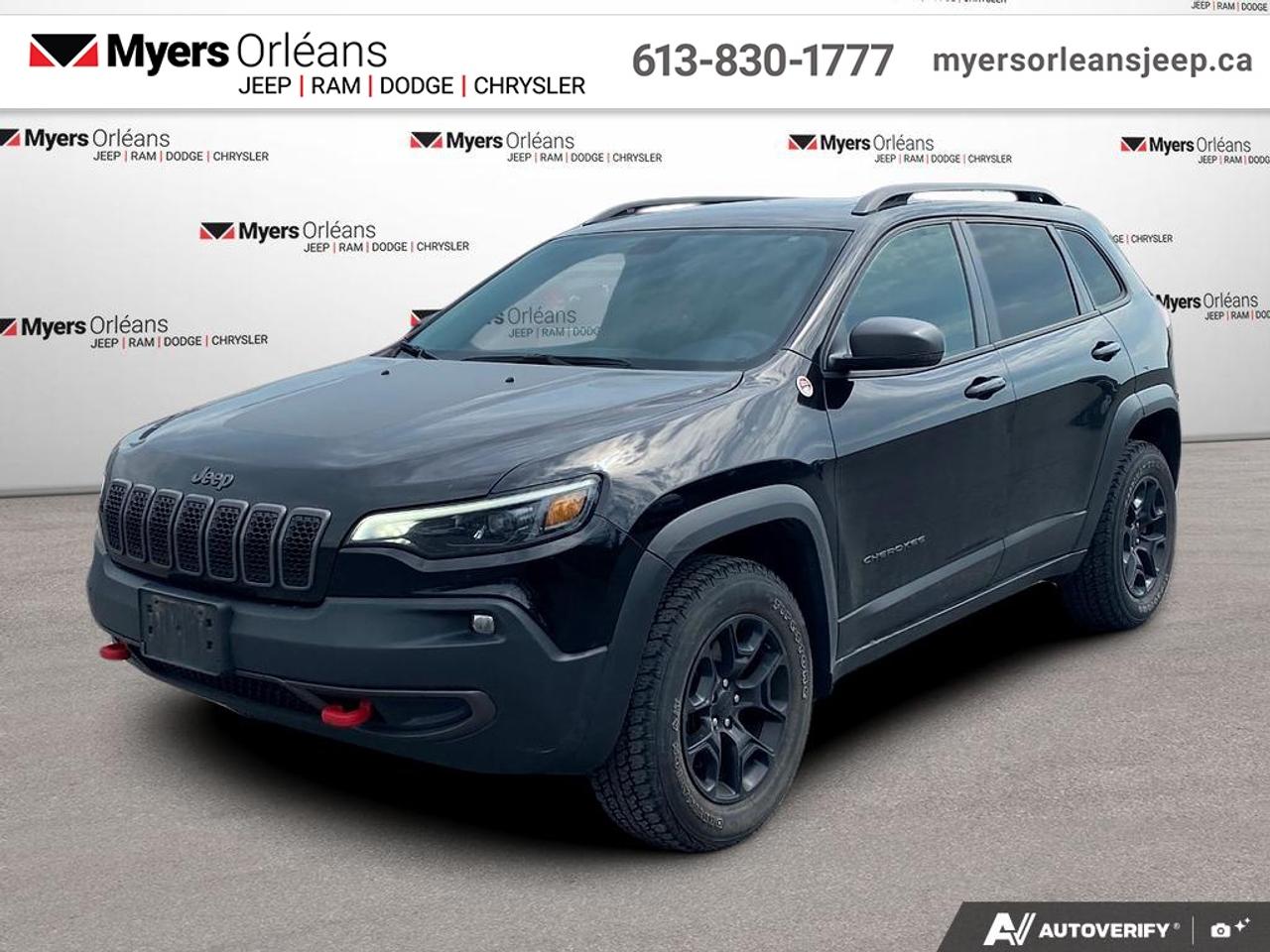 <b>Off-Road Suspension,  Heated Seats,  Apple CarPlay,  Android Auto,  Navigation!</b><br> <br> This Jeep Cherokee delivers plenty of off-roading capability, but the bigger story is that its civilized and comfortable enough for your daily commute. This 2021 Jeep Cherokee is fresh on our lot in Orleans.<br> <br>With an exceptionally smooth ride and an award-winning interior, this Jeep Cherokee can take you anywhere in comfort and style. This Cherokee has a refined look without sacrificing its rugged presence. Experience the freedom of adventure and discover new territories with the unique and authentically crafted Jeep Cherokee.<br> <br>This SUV has 129,765 km. Its Diamond Black C in colour and is completely accident free based on the <a href=https://vhr.carfax.ca/?id=053wG5pUwL+eNOVlNNIFEx4YNJf71I3t target=_blank>CARFAX Report</a>. It has an Automatic transmission and is powered by a 271HP 3.2L V6 Cylinder Engine. <br> <br> Our Cherokees trim level is Trailhawk. This Cherokee Trailhawk comes even more trail ready with added skid plates, tow hooks, dual exhaust, upgraded suspension, easy clean seats and flooring, and blind spot monitoring with rear cross path detection. Be ready for anything in the city or on the trail with aluminum wheels, towing equipment, rain sensing wipers, LED lighting with automatic headlamps, fog lamps, and cornering lights. This family SUV ensures comfort and safety with UConnect 4 with voice command, Android Auto, Apple CarPlay, heated seats, a heated leather steering wheel, a proximity key, remote start, ParkSense, and the ParkView Rear Backup Camera. This vehicle has been upgraded with the following features: Off-Road Suspension, Heated Seats, Apple CarPlay, Android Auto, Navigation, Aluminum Wheels, Heated Steering Wheel.<br> To view the original window sticker for this vehicle view this <a href=http://www.chrysler.com/hostd/windowsticker/getWindowStickerPdf.do?vin=1C4PJMBX5MD110764 target=_blank>http://www.chrysler.com/hostd/windowsticker/getWindowStickerPdf.do?vin=1C4PJMBX5MD110764</a>. <br/><br> <br>To apply right now for financing use this link: <a href=https://www.myersorleansjeep.ca/apply-for-financing/ target=_blank>https://www.myersorleansjeep.ca/apply-for-financing/</a><br> <br/><br>The road to new driving experiences begins in our inventory, where youll find an incredible array of brand-new cars, trucks, minivans, and SUVs, including two of our bestselling models, the Dodge Ram 1500 and the Dodge Grand Caravan. If you want to know what the cutting edge of automotive technology looks like, all you have to do is visit Myers Orleans Jeep! Each model comes loaded with the convenient features and cool technology that help make every trip memorable. Looking for additional everyday luxury at a price thats incredibly wallet-friendly? Choose from our selection of quality pre-owned models! If you can think of a road, our friendly and knowledgeable sales team will help you find the perfect vehicle to drive it.<br><br>We may be a well-established dealership thats been part of the community for many years, but that doesnt mean were stuck in the past! At Myers Orleans Jeep, were proud to provide a fresh, modern approach to car buying. Using our array of online tools, you can browse our extensive inventory, schedule a service appointment, order parts, and even apply for credit from wherever youve got a connection. Our goal is to create relationships that will last, and we know that the best way to do this is by providing a dealership experience thats based on honesty, transparency, trust, and a commitment to customers. Stop by today and discover all the ways we go above and beyond for you.<br><br> Come by and check out our fleet of 40+ used cars and trucks and 60+ new cars and trucks for sale in Orleans.  o~o
