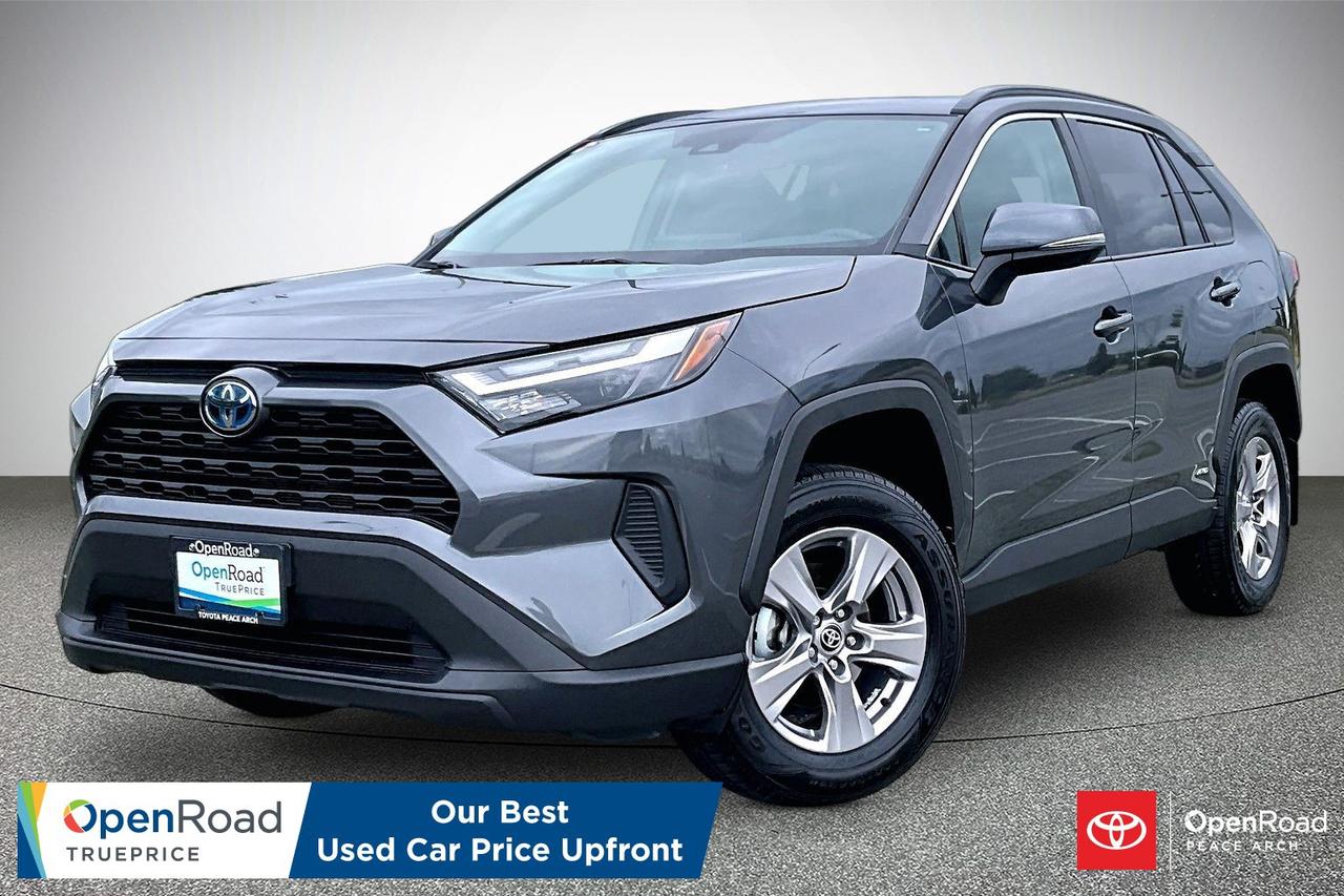 New tires, One owner! The 2024 Toyota RAV4 Hybrid XLE AWD combines excellent fuel efficiency with confident all-weather capability and a comfortable, versatile interior. Its hybrid powertrain delivers responsive performance while helping reduce fuel costs. Standard electronic on-demand all-wheel drive enhances traction in changing conditions. Features include dual-zone automatic climate control, heated front seats, a power drivers seat, a smart key system with push-button start, LED lighting, and alloy wheels. An 8-inch touchscreen with wireless Apple CarPlay and Android Auto keeps you connected. Toyota Safety Sense 2.5 includes adaptive cruise control, lane tracing assist, blind spot monitoring, and rear cross-traffic alert.  Have confidence with your OpenRoad purchase! Every OpenRoad Certified Pre-Owned vehicle comes fully reconditioned and complete with a comprehensive 153 point mechanical inspection, a CarFax history & lien report, a 3-Day Money Back Guarantee, a 30-Day/2,000 kms Exchange Policy, a 90-Day/5,000 kms Powertrain Warranty, guaranteed clear title, and membership to our exclusive Club OpenRoad! As a proud member of the OpenRoad Auto Group, a trusted name since 2000 serving the Lower mainland (including White Rock, Surrey, Langley, Maple Ridge, Delta, Richmond, Mission and beyond) with outstanding Toyota vehicles, Toyota parts, and Toyota service since 1966! OpenRoad Toyota Peace Arch is a &ldquo;True Price&rdquo; dealer, meaning no inflated prices, and no need for back and forth haggling! We use up to the minute technology offering LIVE MARKET VALUE PRICING to ensure you are receiving the most competitive price possible on all of our Pre-Owned vehicles!  All advertised vehicle prices do not include our $699 documentation fee.