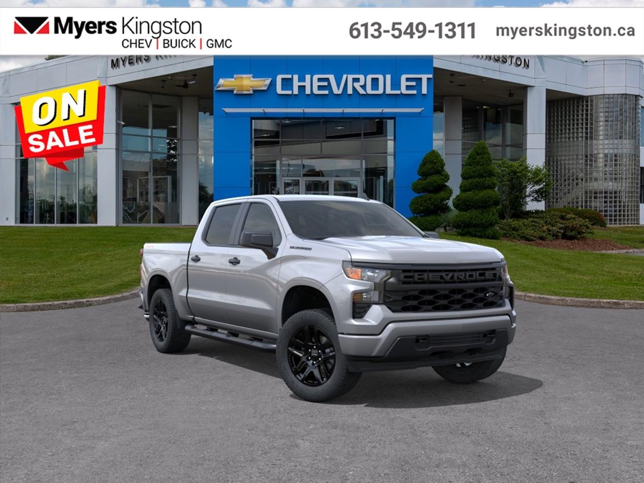 <b>Dark Essential Package, Spray-In Bedliner, Assist Steps!</b><br> <br>  SPECIAL! EMPLOYEE PRICING ON NOW! Was $70045. Now $58820! $5725 discount until Aug 31!  (in addition to the $5500 rebate)  <br> <br/>Reliable, adaptable and ready for action, the 2026 Silverado 1500 is your partner in work and adventure.<br> <br>The 2026 Chevrolet Silverado 1500 delivers full-size pickup performance with a polished interior and smart technology to meet the demands of both work and play. Inside youll find an interior designed for comfort and connectivity, outfitted with modern amenities and a layout that supports both productivity and leisure. With such versatility, the Silverado 1500 stands ready to take on the tough jobs and the long drives in equal fashion.<br> <br>This Sterling Grey Metallic Crew Cab 4X4 pickup has an Automatic transmission and is powered by a 310HP 2.7L 4 Cylinder Engine. <br> <br> Our Silverado 1500s trim level is Custom. Standard features include a trailering package, remote start, aluminum wheels, hitch guidance, a power locking EZ lift tailgate, and a 7-inch infotainment display with Apple CarPlay and Android Auto. Safety features also include lane keep assist with lane departure warning, following distance indication, forward collision alert, and automatic emergency braking with front pedestrian braking. This vehicle has been upgraded with the following features: Dark Essential Package, Spray-In Bedliner, Assist Steps.<br><br> <br>To apply right now for financing use this link: <a href=https://www.taylorautomall.com/finance/apply-for-financing/ target=_blank>https://www.taylorautomall.com/finance/apply-for-financing/</a><br> <br/>Weve discounted this vehicle $5725. Total rebate of $5500 is reflected in the price. Incentives expire 2026-08-31. See dealer for details. <br><br>HST, licensing, and Federal luxury tax (if applicable) are extra. <br><br> Come by and check out our fleet of 60+ used cars and trucks and 170+ new cars and trucks for sale in Kingston.  o~o