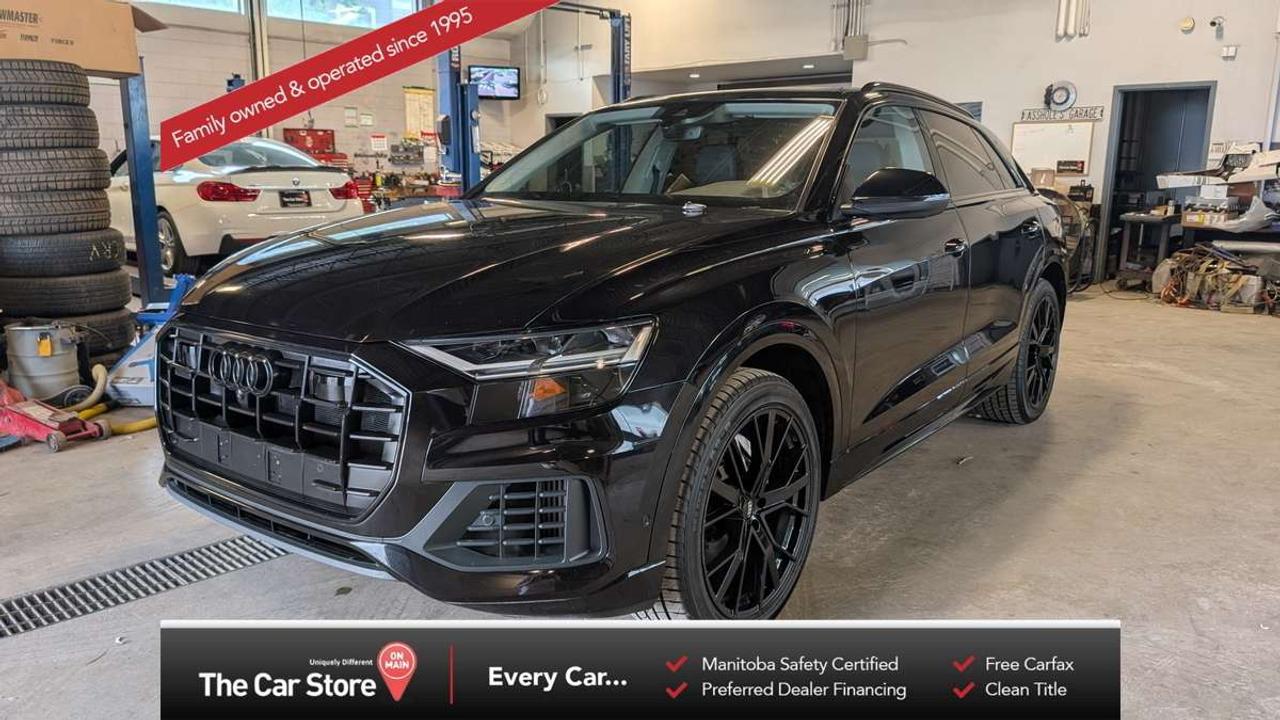 2019 Audi Q8 Progressiv  Black Optics | No Accidents | Brand New Tires &amp; Brakes 
 Key Features:3.0L Turbocharged V6 with quattro All-Wheel Drive 
 Progressiv Trim 
 Black Optics Package 
 No Accidents 
 Well Maintained 
 Brand New All-Season Tires 
 Brand New Front &amp; Rear Brake Pads and Rotors 
 Panoramic Sunroof 
 Leather Interior, Heated Front &amp; Rear Seats 
 Cooled Seats 
 Heated Steering Wheel 
 Audi Virtual Cockpit Digital Display 
 Navigation, Apple CarPlay &amp; Android Auto 
 Front &amp; Rear Parking Sensors, 360 Camera 
 Adaptive Cruise Control 
 Blind-Spot Monitoring, Lane Departure Warning, Audi Pre Sense 
 Power Tailgate, Comfort Access, Push Button Start 
 
 Flagship Luxury with Confident Performance:The Audi Q8 blends bold styling, premium craftsmanship, and refined performance into one of the most distinctive luxury SUVs on the road. Finished with the Black Optics package, it delivers an athletic presence while maintaining the comfort, technology, and everyday practicality expected from Audis flagship SUV. 
 
 Peace of mind:This accident-free Q8 has been well maintained throughout its life and comes freshly equipped with brand new all-season tires and brand new front and rear brake pads and rotors. Significant recent maintenance has already been completed, allowing the next owner to enjoy it with confidence. 
 
 Our Take:The Q8 strikes an exceptional balance between luxury, performance, and presence, and this example stands out with its clean history, Black Optics package, and extensive recent reconditioning. A beautifully presented SUV thats as rewarding to drive as it is to look at. 
 
 
 We are a local Family Owned business and we try to do things a little different. 
 
 At The Car Store on Main every vehicle is Manitoba Safety Certified. 
 Every vehicle sold is eligible for the Advantage Plan: 
 30 Day Warranty on all MB Safety certificate related items. 
 CarFax Vehicle History Report 
 2 sets of Keys 
 Wholesale access to all other Miscellaneous Accessories (i.e. Wtr Tires, Remote Starr, all misc vehicle accessories/parts, etc...) 
 And of course a Full tank of Gas. 
 
 There is no Gimmicks or games, we are always aggressive on our prices and try to separate ourselves from the rest. 
 We also have an on-site Certified Banker who shops to get the best possible interest rates in with all Major Banks and Credit Unions! 
 
 Come to our Brand New modern showroom and see what makes us Uniquely Different! 
 
 Located on Main St. just North of Chief Peguis Trail. 
 
 To schedule an appointment call us directly at 204-669-1248 or email sales@thecarstore.ca 
 
 The Car Store on Main 
 -Uniquely Different- 
 
 www.thecarstore.ca 
 Local: 204-669-1248 
 Toll Free: 877-634-2975 
 
 A local family owned business unlike typical car lots, there are no pressure tactics, no games, no gimmicks, no Sales Manager, General Manager or Used Car Manager, just straight answers and fair deals all the time! 
 
 *PRICE DOES NOT INCLUDE TAXES (G.S.T &amp; P.S.T) 
 Dealer Permit # 4481