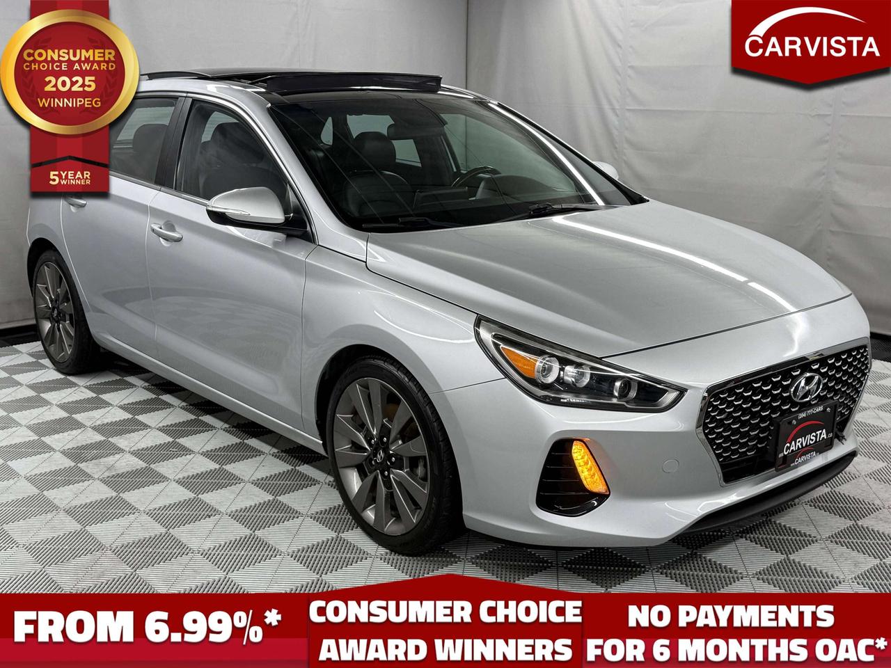5 years running, consecutive receivers of the prestigious Consumer Choice Award in 2021, 2022, 2023, 2024 and 2025! Low rate dealer arranged financing available! 

LEATHER HEATED SEATS/STEERING WHEEL, SUNROOF, BLUETOOTH HANDSFREE, REVERSE CAMERA, ANDROID/APPLE CARPLAY, REMOTE START, MANITOBA VEHICLE

Sporty performance, everyday practicality, and a long list of great features come together in this 2018 Hyundai Elantra GT Sport. Finished in Platinum Silver Metallic, this sharp looking hatchback offers plenty of versatility while delivering a much more exciting driving experience than your typical compact car.

Under the hood is Hyundai&rsquo;s 1.6L turbocharged 4 cylinder engine producing an impressive 201 horsepower and 195 lb ft of torque, paired with a quick shifting 7 speed dual clutch automatic transmission. The GT Sport also features a sport tuned multi link rear suspension, upgraded braking system, 18 inch alloy wheels and dual exhaust outlets, giving it responsive handling and a confident, athletic feel on the road.

Inside, the GT Sport offers a comfortable and well equipped cabin with leather seating, heated front seats, a heated leather wrapped steering wheel, power driver&rsquo;s seat with lumbar support, air conditioning, cruise control and plenty of passenger and cargo space. The hatchback design and folding rear seats make it an excellent choice for commuting, road trips or anyone who needs a little extra versatility without moving into an SUV.

Technology includes an 8 inch touchscreen infotainment system with Apple CarPlay and Android Auto, Bluetooth connectivity, steering wheel mounted audio controls, USB connectivity and a rearview camera. Safety and convenience features include Blind Spot Detection, traction and stability control, ABS and multiple airbags.

Exterior touches such as LED headlights and taillights, sporty 18 inch wheels, rear spoiler and dual exhaust help set the GT Sport apart from the standard Elantra GT.

If you&rsquo;re looking for a practical hatchback that is comfortable enough for everyday driving but still genuinely fun behind the wheel, this 2018 Hyundai Elantra GT Sport is an excellent combination of performance, features and value.

At Carvista we offer a unique buying experience, with no deceiving finance gimmicks and trades are welcome but not required! Carvista is a family operated business that has been in business for over 25 years, and has earned a A+ BBB Accreditation and outstanding consumer accolades. Offering 175 quality pre-owned vehicles, all are certified and Carfax verified, most with remaining factory warranty and a modern facility located on Winnipegs Regent Ave strip. We welcome you to visit us at 1201 Regent Ave W, at Carvista, and drive away in a like new vehicle for less. In many cases we can offer no payments for 6 months! Dont let your trade or credit stop you, we accept any kind, any time. CARVISTA.CA, "Where the deals are".
 Prices and payments exclude GST OR PST Carvista Inc. 
Dealer Permit # 1211, Category: Used Vehicle 
Please verify all ad details with a Carvista sales person, vehicle may not be exactly as shown.