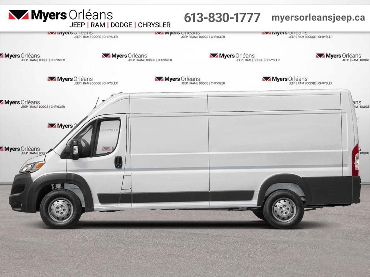 <b>Rear Camera,  Remote Keyless Entry,  Uconnect3,  Streaming Audio,  Air Conditioning!</b><br> <br> This Ram ProMaster Cargo Van offers a space-efficient design, a user-friendly interior, and is the ultimate commercial-friendly vehicle. This 2025 Ram ProMaster Cargo Van is fresh on our lot in Orleans.<br> <br>This Ram ProMaster is a purpose-built, full-size van, designed to deliver maximum utility and functionality. With an upfitter-friendly design that includes nearly vertical side walls and uninterrupted floor space, this ProMaster delivers maximum storage, functionality, and simple configurability. Class-exclusive front-wheel drive gives this van enhanced traction in all seasons while providing increased cargo capacity.<br> <br>This van has 40,239 km. Its Bright White in colour. It has an Automatic transmission and is powered by a 276HP 3.6L V6 Cylinder Engine. <br> <br> Our ProMaster Cargo Vans trim level is 3500 High Roof Ext 159. This full-size van comes packed with work-ready features inside and out. Featuring the best-in-class turning diameter, exceptional payload capacity and it also includes remote keyless entry, air conditioning, power windows, Uconnect 3 w/5 inch display screen and streaming audio, a remote USB port for charging your devices, tire pressure monitoring, electronic stability control, trailer sway control, electronic roll mitigation, Rams Parkview rear camera and much more. This vehicle has been upgraded with the following features: Rear Camera, Remote Keyless Entry, Uconnect3, Streaming Audio, Air Conditioning, Power Windows.<br> To view the original window sticker for this vehicle view this <a href=http://www.chrysler.com/hostd/windowsticker/getWindowStickerPdf.do?vin=3C6MRVJG9SE539900 target=_blank>http://www.chrysler.com/hostd/windowsticker/getWindowStickerPdf.do?vin=3C6MRVJG9SE539900</a>. <br/><br> <br>To apply right now for financing use this link: <a href=https://www.myersorleansjeep.ca/apply-for-financing/ target=_blank>https://www.myersorleansjeep.ca/apply-for-financing/</a><br> <br/><br>The road to new driving experiences begins in our inventory, where youll find an incredible array of brand-new cars, trucks, minivans, and SUVs, including two of our bestselling models, the Dodge Ram 1500 and the Dodge Grand Caravan. If you want to know what the cutting edge of automotive technology looks like, all you have to do is visit Myers Orleans Jeep! Each model comes loaded with the convenient features and cool technology that help make every trip memorable. Looking for additional everyday luxury at a price thats incredibly wallet-friendly? Choose from our selection of quality pre-owned models! If you can think of a road, our friendly and knowledgeable sales team will help you find the perfect vehicle to drive it.<br><br>We may be a well-established dealership thats been part of the community for many years, but that doesnt mean were stuck in the past! At Myers Orleans Jeep, were proud to provide a fresh, modern approach to car buying. Using our array of online tools, you can browse our extensive inventory, schedule a service appointment, order parts, and even apply for credit from wherever youve got a connection. Our goal is to create relationships that will last, and we know that the best way to do this is by providing a dealership experience thats based on honesty, transparency, trust, and a commitment to customers. Stop by today and discover all the ways we go above and beyond for you.<br><br> Come by and check out our fleet of 40+ used cars and trucks and 60+ new cars and trucks for sale in Orleans.  o~o