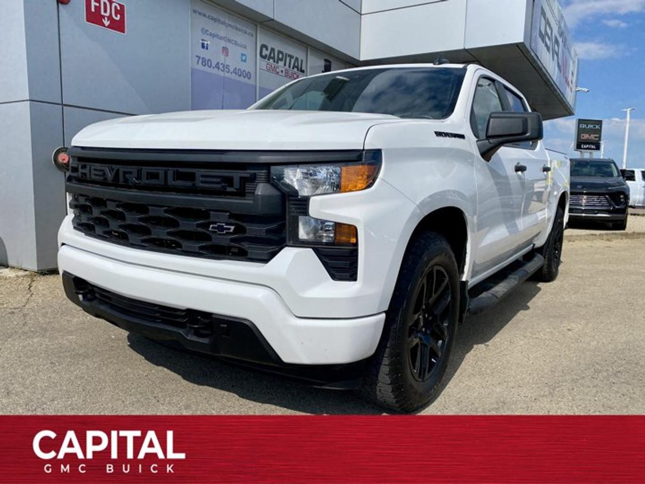 ENGINE, 2.7L TURBOMAX (310 hp [231 kW] @ 5600 rpm, 430 lb-ft of torque [583 Nm] @ 3000 rpm) (STD), Wireless Phone Projection for Apple CarPlay and Android Auto, Windows, power rear, express down, Window, power front, passenger express down, Window, power front, drivers express up/down, Wi-Fi Hotspot capable (Terms and limitations apply. See onstar.ca or dealer for details.), Wheels, 20 x 9 (50.8 cm x 22.9 cm) Bright Silver painted aluminum, Wheel, 17 x 8 (43.2 cm x 20.3 cm) full-size, steel spare, USB Ports, rear, dual, charge-only, USB Ports, 2, Charge/Data ports located on the instrument panel. This Chevrolet Silverado 1500 has a powerful Turbocharged Gas I4 2.7L engine powering this Automatic transmission.*This Chevrolet Silverado 1500 Custom Crew Cab * TOW PACKAGE * RALLY EDITION * REMOTE STARTER * Has Everything You Want *Transmission, 8-speed automatic, electronically controlled with overdrive and tow/haul mode. Includes Cruise Grade Braking and Powertrain Grade Braking, Transfer case, single speed electronic Autotrac with push button control (4WD models only), Tires, 275/60R20 all-season, blackwall, Tire, spare 255/80R17SL all-season, blackwall, Tire Pressure Monitoring System, auto learn includes Tire Fill Alert (does not apply to spare tire), Tire carrier lock, keyed cylinder lock that utilizes same key as ignition and door, Theft-deterrent system, unauthorized entry, Teen Driver a configurable feature that lets you activate customizable vehicle settings associated with a key fob, to help encourage safe driving behaviour. It can limit certain available vehicle features, and it prevents certain safety systems from being turned off. An in-vehicle report card gives you information on driving habits and helps you to continue to coach your new driver, Taillamps, with incandescent tail, stop and reverse lights, Tailgate, standard, Tailgate, gate function manual with EZ Lift includes power lock and release, Tailgate and bed rail protection cap, top, Steering, Electric Power Steering (EPS) assist, rack-and-pinion, Steering wheel, urethane, Steering column, Tilt-Wheel, manual with wheel locking security feature, StabiliTrak, stability control system with Proactive Roll Avoidance and traction control, includes electronic trailer sway control and hill start assist, SiriusXM enjoy a Platinum Plan trial subscription (Trial subscription is subject to the SiriusXM Customer Agreement and privacy policy, visit www.siriusxm.ca which includes full terms and how to cancel. All fees, content, features, and availability are subject to change.), Seats, front 40/20/40 split-bench with covered armrest storage and under-seat storage (lockable), Seat, rear 60/40 folding bench (folds up), 3-passenger (includes child seat top tether anchor), Seat trim, Cloth.*Visit Us Today *Live a little- stop by Capital GMC Buick of Edmonton located at 9751 34 Ave, Edmonton, AB T6E 5X9 to make this car yours today!