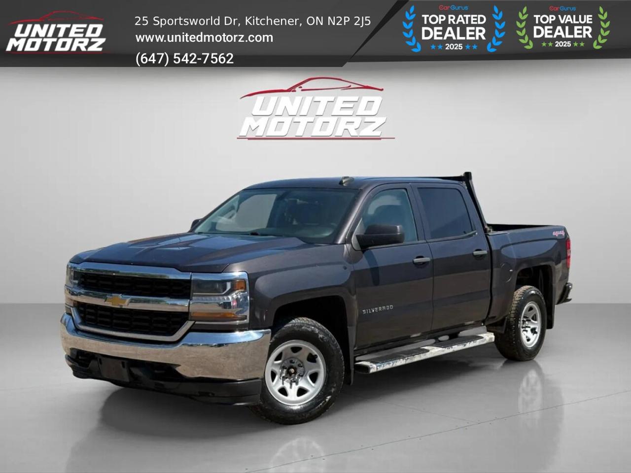 2016 Chevrolet Silverado 1500 4WD CREW CAB 143.5\ WORK TRUCK ***AS-IS SPECIAL*** !!! <br/> The 2016 Chevrolet Silverado 1500 Work Truck 4WD Crew Cab is a dependable and capable pickup built to tackle tough jobs while providing the comfort and practicality needed for everyday driving. Equipped with four-wheel drive and a spacious Crew Cab, this Silverado offers the versatility to handle work duties, family needs, and weekend projects with ease. Known for its strong performance, durable construction, and impressive towing and hauling capabilities, the Silverado is a truck you can count on. With its rugged design, comfortable interior, and proven Chevrolet reliability, this well-maintained Work Truck is ready to get the job done. <br/> Key Features:- <br/> * Automatic transmission <br/> * Carfax verifed <br/> * Keyless entry <br/> * Power windows <br/> * Power locks & mirrors <br/> * Infotainment system <br/> * Backup camera <br/> * Phone connectivity <br/> * AM/FM <br/> * A/C <br/> * Cruise Control <br/> * Fog lamps <br/> * Alloy Wheels <br/> ------------------------------------------------------------------------------------United Motorz  Kitcheners Used Car Superstore!Since2017,United Motorzhas been your trusted destination for quality pre-owned vehicles in the Kitchener-Waterloo area. Withtwo convenient locationsandover 150+ cars, SUVs, and vans, we offer a huge selection to fit every lifestyle and budget. From sleek sedans to family SUVs, every vehicle is carefully inspected to ensure reliability and performance. <br/> Locations: <br/> Kitchener:25 Sportsworld Dr, N2P 2J5 <br/> ------------------------------------------------------------------------------------******This Vehicle is sold as is and according to the laws we must indicate this statement******** <br/> Sold As-is. The motor vehicle sold under this contract is being sold as is and is not represented as being in road worthy condition, mechanically sound or maintained at any guaranteed level of quality. The vehicle may not be fit for use as a means of transportation and may require substantial repairs at the buyers expense. It may not be possible to register the vehicle to be driven in its current condition. <br/> $8950+hst+licensing <br/> UCDA member and OMVIC approved dealership, buy with confidence. <br/> To view more used cars you can visit us at www.unitedmotorz.com <br/> Contact : 6475427562 <br/> United Motorz <br/> www.unitedmotorz.com <br/> 25 Sportsworld Drive, Kitchener, ON. N2P2J5 <br/> ---------------------------------------------------------------------------------------- <br/>