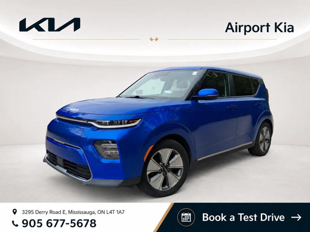 Odometer is 11095 kilometers below market average!  Blue 2022 Kia Soul EV Limited FWD  1-Speed Automatic Electric Motor ABS brakes, Active Cruise Control, Alloy wheels, Electronic Stability Control, Heated door mirrors, Heated front seats, Heated rear seats, Illuminated entry, Leather Seat Upholstery, Low tire pressure warning, Navigation System, Power moonroof, Remote keyless entry, Traction control.    **ABOVE IS THE SPECIAL FINANCING PRICE, $1500 MORE FOR CASH PURCHASES** PLEASE CALL AHEAD TO CHECK AVAILABILITY** We believe in a haggle-free environment and provide our best price upfront. We compare our vehicles with competing inventory and adjust our prices daily. At Airport Kia, our team is dedicated to providing exceptional customer service and making your car buying and ownership experience as smooth and enjoyable as possible. From our knowledgeable sales associates who are always ready to help you find the perfect vehicle for your needs and budget, to our expert technicians who are committed to keeping your Kia running smoothly and efficiently, our team is here to meet all of your automotive needs and exceed your expectations. Were proud to be a family-owned dealership, and we treat every customer like family too. That means personalized service tailored to your needs, a warm and welcoming atmosphere, and a commitment to honesty, integrity, and transparency in all of our interactions. So when you choose Airport Kia, you can rest assured that youre in good hands with our team. Visit us today at 3295 Derry Road East, Mississauga, Ontario L4T 1A8 or give us a call at 905-677-5678 to experience the Airport Kia difference for yourself.      Airport Kia is proud to serve Toronto, Ottawa, Mississauga, Brampton, Hamilton, London, Markham, Vaughn, Kitchener, Richmond Hill, Burlington, Sudbury, Oshawa, Barrie, St. Catharines, Guelph, Cambridge, Kingston, Thunder Bay, Waterloo, Brantford, Pickering, Niagara Falls, Peterborough, Sault Ste. Marie, Sarnia, North Bay, Belleville, Timmins, Woodstock, St. Thomas, Stratford, Orillia, Owen Sound. Aurora, Milton, Oakville, Parry Sound, Whitby. Our used car may include: Mercedes-Benz, Sprinter, AMG, BMW, MINI, Jaguar, Land Rover, Chrysler, Dodge, Jeep, RAM, FIAT, Ford, Lincoln, Honda, Lexus, Toyota, Mazda, Chevrolet, Buick, GMC, and Corvette, With over 23 brands we look forward to serving all your automotive needs!