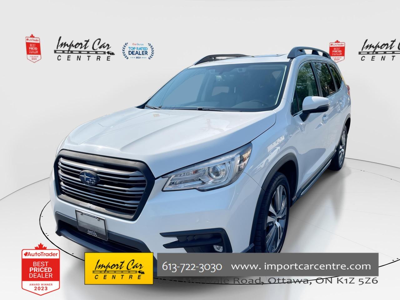 *** OTTAWAS ORIGINAL IMPORT DEALER!!  NO ACCIDENTS * SMETANA APPROVED ***  In stock and ready for the summer road trip to PEI or jaunts to the cottage in the Gatineaus!!  Finished in Crystal White Pearl with black leather seating surfaces, room for 8 passengers, incredible Subaru symmetrical all wheel drive, 20 alloy wheels, LED steering responsive headlamps, 2 stage drivers seat memory, 10 way power drivers seat, heated steering wheel, heated front and rear seats, Harman Kardon sound system, rear sunshades, Apple Car Play, Android Auto, Bluetooth, SiriusXM radio, 2,270kg towing prowess, panoramic sunroof, power tailgate, LED fog lights, leather wrapped steering wheel, proximity key, reverse automatic braking, blind spot detection, lane change assist, rear cross traffic alert, privacy glass, cabin view mirror, tri-zone climate control, an astounding 19 cup holders, Eye Sight Technology all compliment this stunning 2020 Subaru Ascent Limited.  Perfection and beyond!!  Home of the Platinum up to 240,000kms warranty and financing is always available O.A.C Import Car Centre, proudly serving the Ottawa and surrounding area for over 45 years. Come down and experience Import Car Centre for yourself and see just why our customers are so happy! 

 #importcarcentre #smetanaapproved #iccs
