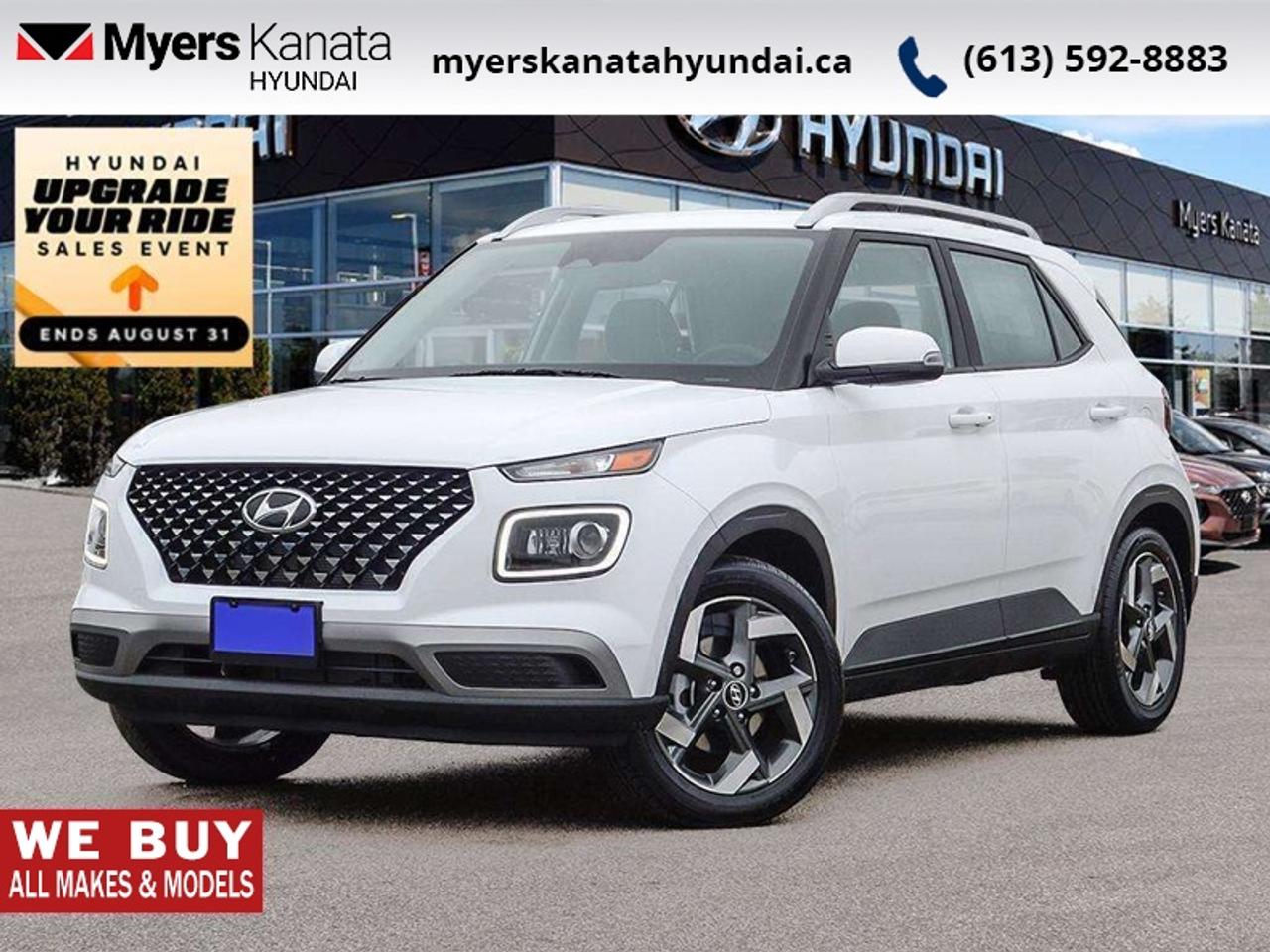 <b>Sunroof,  Heated Seats,  Heated Steering Wheel,  Remote Start,  Blind Spot Monitoring!</b><br> <br> From the first step inside the 2026 Hyundai Venue youll enjoy the features that make the cabin space your favourite place to be.<br> <br>With an amazing, urban sized footprint, plus a massive amount of cargo space, this 2026 Venue can do it all. Whether you need a grocery getter, kid hauler, or an errand runner, this 2026 Venue is ready to turn everything into an adventure. This modern Venue has a bold yet sophisticated SUV profile that radiates road presence and allows you to express your unique sense of style.<br> <br>This Atlas Wht SUV has an Automatic transmission and is powered by a 121HP 1.6L 4 Cylinder Engine. <br> <br> Our Venues trim level is Ultimate. This cabin emphasizes comfort with heated front bucket seats, a 6-way adjustable drivers seat, a heated leather steering wheel, premium cloth upholstery with leatherette bolsters, and versatile 60/40 rear seating supported by thoughtful storage solutions and a sliding center armrest. A power sliding and tilting sunroof brings natural light into a space enhanced by automatic climate control, illuminated touchpoints, smart key access with push-button start, and well-organized cabin bins. Technology and infotainment are streamlined through an 8-inch touchscreen with wireless Android Auto and Apple CarPlay, Bluetooth voice recognition, streaming audio, six speakers, and a clean digital display cluster with redundant digital speedometer and trip functions. Safety is extensive, providing forward collision-avoidance assist, blind-spot and rear cross-traffic warnings, lane-keeping support, driver-monitoring alert, stability and traction systems, multiple airbags including full-length curtains, tire-pressure monitoring, and a rearview camera. This vehicle has been upgraded with the following features: Sunroof, Heated Seats, Heated Steering Wheel, Remote Start, Blind Spot Monitoring, Lane Keep Assist, Collision Mitigation .<br><br> <br>To apply right now for financing use this link: <a href=https://www.myerskanatahyundai.com/finance/ target=_blank>https://www.myerskanatahyundai.com/finance/</a><br> <br/>This vehicle may qualify for $500 Military Program Bonus. 5.99% financing for 96 months. <br> Buy this vehicle now for the lowest weekly payment of <b>$103.85</b> with $0 down for 96 months @ 5.99% APR O.A.C. ( Plus applicable taxes - $2596 and licensing fees **Rebates may not be applicable on all purchase types [cash, lease, or finance]. Eligibility and conditions may vary. Please see dealer for full details and confirmation of eligibility. ). Incentives expire 2026-08-31. See dealer for details. <br><br>This vehicle is located at Myers Kanata Hyundai 400-2500 Palladium Dr Kanata, Ontario. <br><br> Come by and check out our fleet of 40+ used cars and trucks and 190+ new cars and trucks for sale in Kanata.  o~o