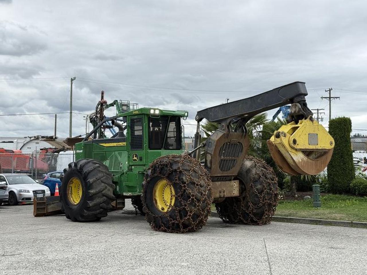 This 2019 John Deere 948L-II Grapple Skidder is powered by a 9.0L John Deere PowerTech PSS 6-cylinder turbo diesel engine producing approximately 300 horsepower and 1,009 lb-ft of torque, paired with an automatic transmission and four-wheel drive. Designed for commercial forestry operations, this grapple skidder is configured for timber extraction, log handling, and off-road hauling in demanding environments.

The machine features a 6-range transmission with forward and reverse operation, along with hydraulic-locking front and rear differentials that can be engaged on the go to enhance traction in challenging terrain. It has an approximate operating weight of 22,484 kg (49,570 lbs) and is equipped with a dozer blade measuring approximately 116.6 inches wide by 27.2 inches high for site preparation and stabilization.

Overall dimensions are approximately 333.4 inches long, 140.7 inches wide, and 136.0 inches high, providing a heavy-duty forestry platform suited for professional logging and timber operations.

Finished in green with a black interior, this John Deere 948L-II is configured for commercial forestry and heavy-duty off-road applications. This item is currently OFFSITE. You must register an appointment with our office to schedule an offsite viewing. Appointments must be made a minimum of one business day in advance (and as defined by the days that Repo.com is open for business) before your appointment can be scheduled and confirmed. We may, at our own discretion, instead opt to transport smaller items to Repo.coms main yard for viewing purposes.  $158,830.00 plus $375 processing fee, $159,205.00 total payment obligation before taxes.   Listing report, warranty, contract commitment cancellation fee, financing available on approved credit (some limitations and exceptions may apply). All above specifications and information is considered to be accurate but is not guaranteed and no opinion or advice is given as to whether this item should be purchased. We do not allow test drives due to theft, fraud, acts of vandalism and undetectable impaired driving. Instead we provide the following benefits: Complimentary Warranty (with options to extend), Limited Money Back Satisfaction Guarantee on Fully Completed Contracts, Contract Commitment Cancellation, and an Open-Ended Sell-Back Option. Ask seller for details or call 604-522-REPO(7376) to confirm listing availability.