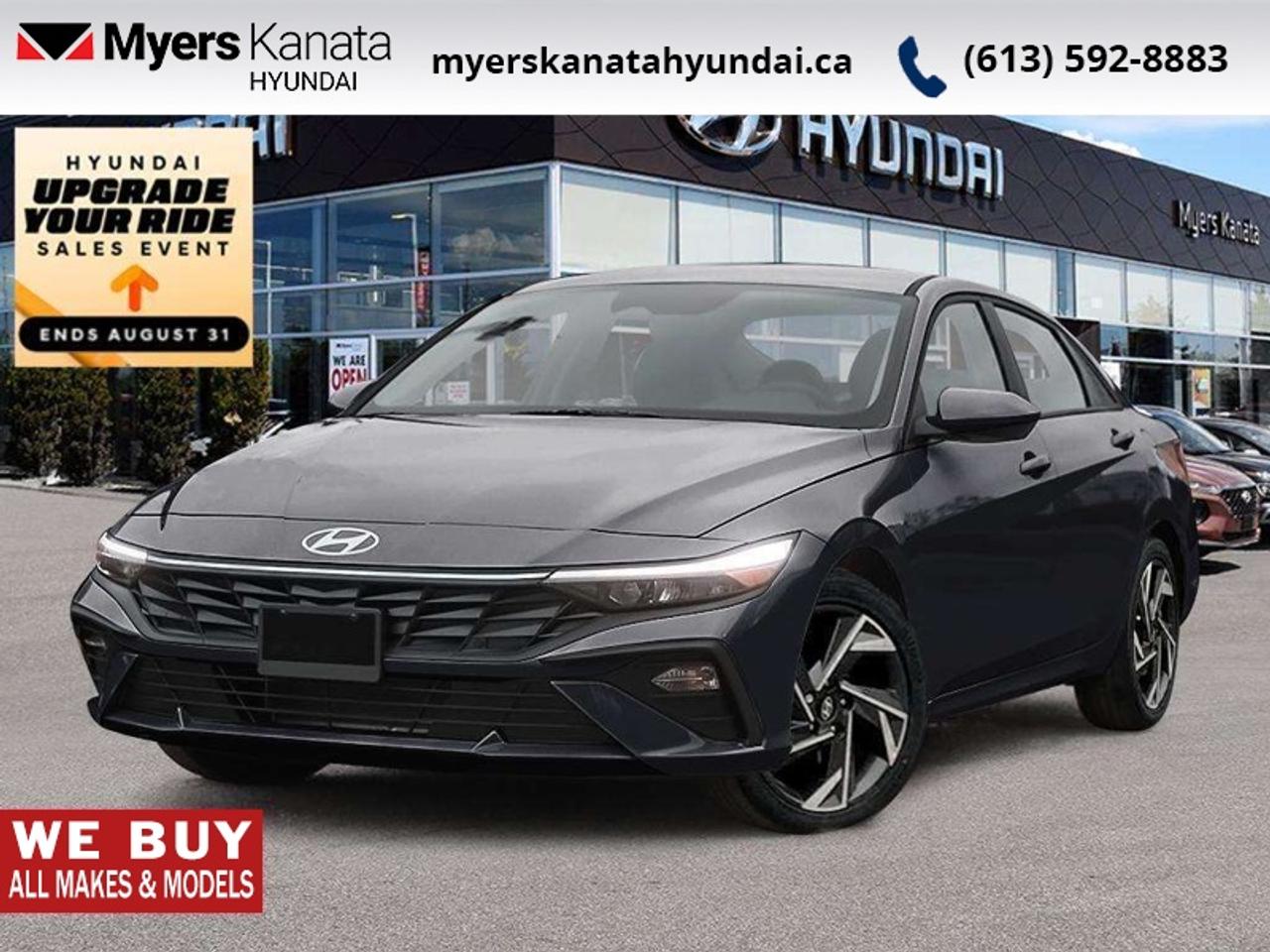 <b>Sunroof,  Navigation,  Heated Seats,  Heated Steering Wheel,  Blind Spot Warning!</b><br> <br> This bold Hyundai Elantra is bringing excitement to this narrowing class of cars.<br> <br>This 2026 Elantra was made to be the sharpest compact sedan on the road. With tons of technology packed into the spacious and comfortable interior, along with bold and edgy styling inside and out, this family sedan makes the unexpected your daily driver.<br> <br>This Abyss Blk sedan has an Automatic transmission and is powered by a 147HP 2.0L 4 Cylinder Engine. <br> <br> Our Elantras trim level is Preferred w/Tech Pkg. The interior focuses on comfort and convenience with heated front bucket seats, premium tricot cloth upholstery, a heated leather steering wheel, and dual zone automatic climate control. Technology is anchored by a 10.25 inch touchscreen navigation system with Android Auto, Apple CarPlay, Bluetooth with voice recognition, BlueLink telematics, USB connectivity, wireless phone integration, smart device remote start, and two front LCD monitors. The cabin also includes smart trunk proximity access, power windows with driver one touch up/down, selective service internet access, integrated navigation voice activation, ample storage, and full interior lighting with fade to off functionality. Safety coverage is extensive with forward collision avoidance assist with pedestrian detection, blind spot collision warning, rear cross traffic collision avoidance assist, lane keeping assist, lane follow assist, driver monitoring alert, emergency SOS capability, a full suite of airbags including rear side impact coverage, stability and traction control, tire pressure monitoring, child safety locks, and a backup camera. This vehicle has been upgraded with the following features: Sunroof, Navigation, Heated Seats, Heated Steering Wheel, Blind Spot Warning, Remote Start, Lane Keep Assist.<br><br> <br>To apply right now for financing use this link: <a href=https://www.myerskanatahyundai.com/finance/ target=_blank>https://www.myerskanatahyundai.com/finance/</a><br> <br/>Total rebate of $500 is reflected in the price. This vehicle may qualify for $500 Military Program Bonus. 6.18% financing for 96 months. <br> Buy this vehicle now for the lowest weekly payment of <b>$105.95</b> with $0 down for 96 months @ 6.18% APR O.A.C. ( Plus applicable taxes - $2596 and licensing fees **Rebates may not be applicable on all purchase types [cash, lease, or finance]. Eligibility and conditions may vary. Please see dealer for full details and confirmation of eligibility. ). Incentives expire 2026-08-31. See dealer for details. <br><br>This vehicle is located at Myers Kanata Hyundai 400-2500 Palladium Dr Kanata, Ontario. <br><br> Come by and check out our fleet of 40+ used cars and trucks and 190+ new cars and trucks for sale in Kanata.  o~o