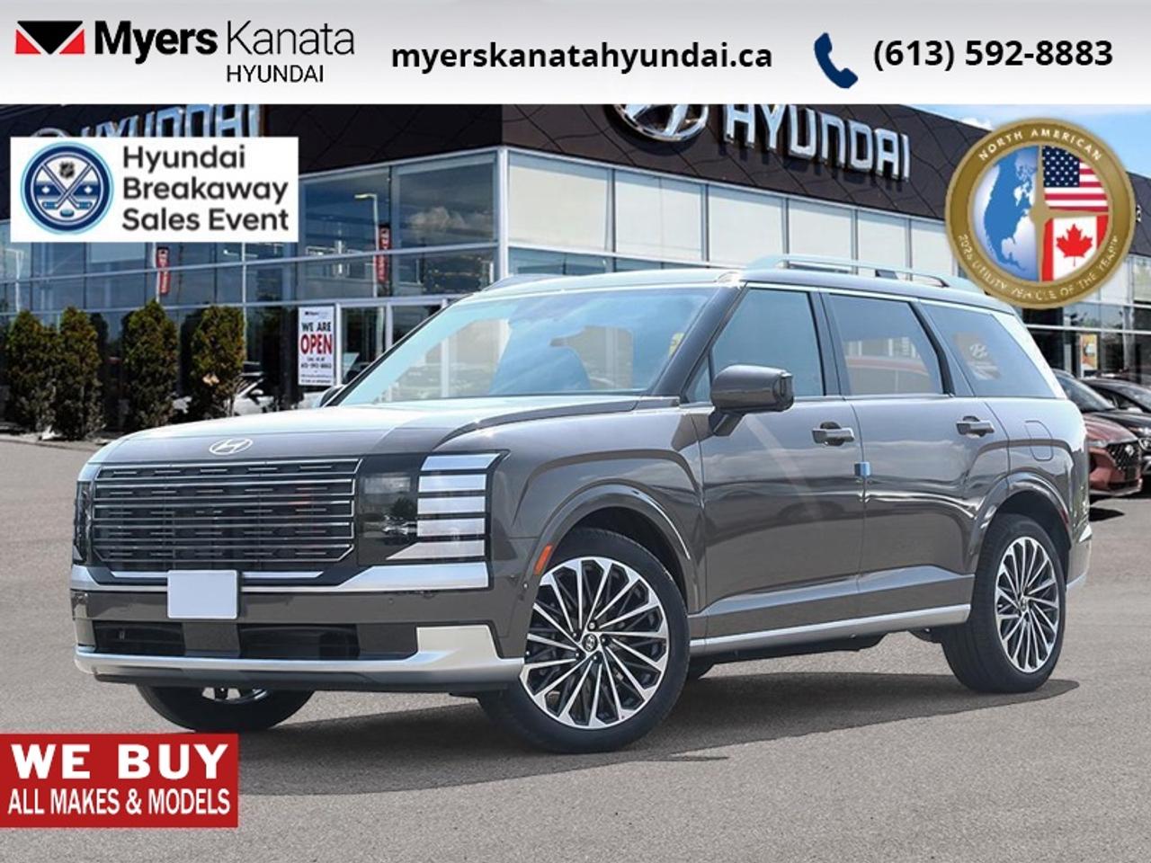 <b>Premium Audio,  360 Camera,  HUD,  Sunroof,  Navigation!</b><br> <br> Hyundais entry to the 3-seater SUV segment is a huge shakeup, as this Palisade is an extremely compelling contender.<br> <br>Big enough for your busy and active family, this Hyundai Palisade returns for 2026 , and is good as ever. With a features list that would fit in with the luxury SUV segment attached to a family friendly interior, this Palisade was made to take the SUV segment by storm. For the next classic SUV people are sure to talk about for years, look no further than this Hyundai Palisade.<br> <br>This Cast Iron Bwn SUV has an Automatic transmission and is powered by a 287HP 3.5L V6 Cylinder Engine. <br> <br> Our Palisades trim level is Ultimate Calligraphy. This SUV is crafted as a sanctuary of modern luxury, with quilted Nappa leather seating, genuine wood trim, a suede headliner, and indulgent features like heated, ventilated, and even relaxation seats with leg rests. Technology enhances every journey, from the 12.3 navigation display with Bose premium audio to the dual sunroofs, wireless smartphone integration, and hands-free smart liftgate. Safety is uncompromising, with innovations such as forward collision avoidance with pedestrian and cyclist detection, blind-spot and rear cross-traffic assist, a full aerial-view camera system, remote automatic parking, driver monitoring and a suite of airbags, ensuring confidence and peace of mind in every drive. This vehicle has been upgraded with the following features: Premium Audio, 360 Camera, HUD, Sunroof, Navigation, Cooled Seats, Heated Seats.<br><br> <br>To apply right now for financing use this link: <a href=https://www.myerskanatahyundai.com/finance/ target=_blank>https://www.myerskanatahyundai.com/finance/</a><br> <br/>This vehicle may qualify for $500 Military Program Bonus. 5.99% financing for 96 months. <br> Buy this vehicle now for the lowest weekly payment of <b>$214.18</b> with $0 down for 96 months @ 5.99% APR O.A.C. ( Plus applicable taxes - $2596 and licensing fees **Rebates may not be applicable on all purchase types [cash, lease, or finance]. Eligibility and conditions may vary. Please see dealer for full details and confirmation of eligibility. ). Incentives expire 2026-08-31. See dealer for details. <br><br>This vehicle is located at Myers Kanata Hyundai 400-2500 Palladium Dr Kanata, Ontario. <br><br> Come by and check out our fleet of 40+ used cars and trucks and 190+ new cars and trucks for sale in Kanata.  o~o