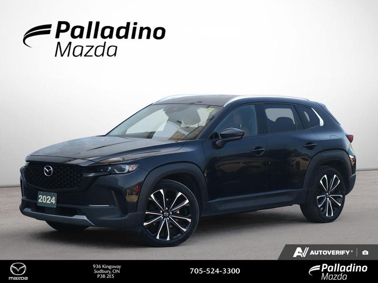 Accident Free

Single Owner

This used 2024 Mazda CX-50 Gt Turbo at Palladino Mazda in Greater Sudbury blends premium style, confident turbo power, and year-round all-wheel drive capability. CARFAX Canada reports no accidents and a single owner. With 77,667 km, a black exterior, and a 6-Speed SKYACTIV-AT Automatic transmission, this SUV is ready for daily drives and long highway trips alike.

FEATURES OF THE CX-50 Gt Turbo
»» Turbocharged 2.5-litre engine delivers strong response
»» Standard all-wheel drive supports four-season confidence
»» Six-speed automatic transmission shifts smoothly
»» Bold black finish adds upscale presence

ADVANCED SAFETY FEATURES
»» Advanced airbags help protect all occupants
»» Stability control supports confident road handling
»» Anti-lock braking system aids controlled stops
»» Rearview camera assists with reversing visibility

PERFORMANCE AND EFFICIENCY
»» Twin-scroll turbo engine boosts passing confidence
»» All-wheel drive improves grip on roads
»» Six-speed automatic supports smooth power delivery
»» Balanced ride suits city highway travel

COMFORT AND CONVENIENCE
»» Dual-zone climate control helps cabin comfort
»» Heated front seats add winter comfort
»» Power liftgate helps with daily loading
»» Spacious cabin supports relaxed family travel

TECHNOLOGY AND CONNECTIVITY
»» Mazda Connect interface keeps controls simple
»» Bluetooth connectivity supports hands-free communication
»» Clear infotainment display aids quick access
»» USB ports help keep devices charged

CARGO SPACE
»» Wide cargo area handles daily gear
»» Split folding rear seats add flexibility
»» Low load floor eases item placement
»» Useful storage space suits weekend trips

AWARDS & RECOGNITIONS
»» Top Safety Pick Plus, Insurance Institute for Highway Safety, 2024

WHAT OTHER OWNERS LIKE
»» Strong turbo power for easy acceleration
»» Confident all-wheel drive in winter
»» Comfortable ride for daily commuting
»» Practical cargo room for active lifestyles

The 2024 Mazda CX-50 Gt Turbo stands out with a composed ride, athletic feel, and a cabin designed for real everyday use. Its turbocharged 2.5-litre SKYACTIV-G engine gives you brisk response when merging or passing, while the all-wheel drive system helps maintain traction through Northern Ontario weather. The black exterior adds a clean, upscale look that suits the vehicles rugged yet refined character.

Inside, this 2024 Mazda CX-50 Gt Turbo offers the kind of comfort and usability many drivers want in a modern SUV. The layout is driver-focused, the controls are easy to reach, and the cargo area is practical for groceries, sports gear, and travel bags. It is a smart choice for drivers who want utility, premium feel, and proven Mazda driving engagement in one well-rounded package.

This 2024 Mazda CX-50 Gt Turbos VIN is: 7MMVABDY9RN179377.

The advertised price is for financing only and applies exclusively to vehicles eligible for financing. Vehicles sold as-is are not eligible for financing and require full payment at purchase. All cash purchases of finance-eligible vehicles will be subject to an additional $2,501.00. This advertised price also does not include taxes and licensing fees. For as-is vehicles: the motor vehicle sold under this contract is being sold as-is and is not represented as being in road worthy condition, mechanically sound or maintained at any guaranteed level of quality.<p>Accident Free

Single Owner

This used 2024 Mazda CX-50 Gt Turbo at Palladino Mazda in Greater Sudbury blends premium style</p>
<p> and year-round all-wheel drive capability. CARFAX Canada reports no accidents and a single owner. With 77</p>
<p> this SUV is ready for daily drives and long highway trips alike.

FEATURES OF THE CX-50 Gt Turbo
»» Turbocharged 2.5-litre engine delivers strong response
»» Standard all-wheel drive supports four-season confidence
»» Six-speed automatic transmission shifts smoothly
»» Bold black finish adds upscale presence

ADVANCED SAFETY FEATURES
»» Advanced airbags help protect all occupants
»» Stability control supports confident road handling
»» Anti-lock braking system aids controlled stops
»» Rearview camera assists with reversing visibility

PERFORMANCE AND EFFICIENCY
»» Twin-scroll turbo engine boosts passing confidence
»» All-wheel drive improves grip on roads
»» Six-speed automatic supports smooth power delivery
»» Balanced ride suits city highway travel

COMFORT AND CONVENIENCE
»» Dual-zone climate control helps cabin comfort
»» Heated front seats add winter comfort
»» Power liftgate helps with daily loading
»» Spacious cabin supports relaxed family travel

TECHNOLOGY AND CONNECTIVITY
»» Mazda Connect interface keeps controls simple
»» Bluetooth connectivity supports hands-free communication
»» Clear infotainment display aids quick access
»» USB ports help keep devices charged

CARGO SPACE
»» Wide cargo area handles daily gear
»» Split folding rear seats add flexibility
»» Low load floor eases item placement
»» Useful storage space suits weekend trips

AWARDS & RECOGNITIONS
»» Top Safety Pick Plus</p>
<p> 2024

WHAT OTHER OWNERS LIKE
»» Strong turbo power for easy acceleration
»» Confident all-wheel drive in winter
»» Comfortable ride for daily commuting
»» Practical cargo room for active lifestyles

The 2024 Mazda CX-50 Gt Turbo stands out with a composed ride</p>
<p> and a cabin designed for real everyday use. Its turbocharged 2.5-litre SKYACTIV-G engine gives you brisk response when merging or passing</p>
<p> while the all-wheel drive system helps maintain traction through Northern Ontario weather. The black exterior adds a clean</p>
<p> this 2024 Mazda CX-50 Gt Turbo offers the kind of comfort and usability many drivers want in a modern SUV. The layout is driver-focused</p>
<p> and proven Mazda driving engagement in one well-rounded package.

This 2024 Mazda CX-50 Gt Turbos VIN is: 7MMVABDY9RN179377.

The advertised price is for financing only and applies exclusively to vehicles eligible for financing. Vehicles sold as-is are not eligible for financing and require full payment at purchase. All cash purchases of finance-eligible vehicles will be subject to an additional $2</p>
<p>501.00. This advertised price also does not include taxes and licensing fees. For as-is vehicles: the motor vehicle sold under this contract is being sold as-is and is not represented as being in road worthy condition</p>