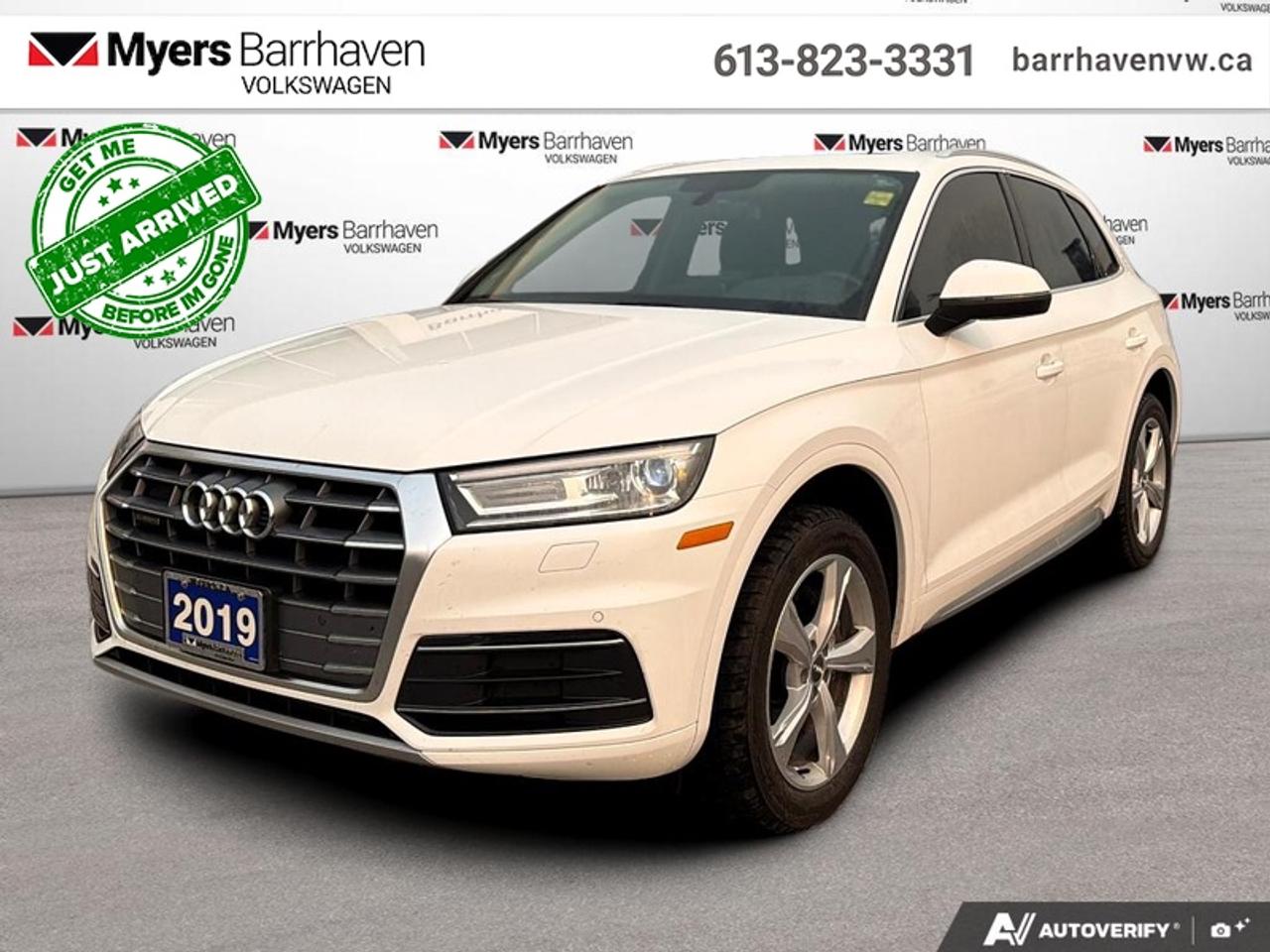 <b>Leather Seats!</b><br> <br> This 2019 Audi Q5 is completely revised, hiding all the new components under the beautiful body. This 2019 Audi Q5 is for sale today in Nepean.<br> <br>This 2019 Audi Q5 has gone through a comprehensive overhaul, sporting all new components hidden away under the shapely body, and a brand new completely revised interior, offering more room and excellent comfort, surrounding the passengers in a tech filled cabin that follows Audis new interior design language.<br> <br>This SUV has 117,404 km. Its Glacier White Metallic in colour and is completely accident free based on the <a href=https://vhr.carfax.ca/?id=HJOIi8TT19pw4Lsrun5BCuNmcm0zBXer target=_blank>CARFAX Report</a>. It has an Automatic transmission and is powered by a 248HP 2.0L 4 Cylinder Engine. <br> <br> Our Q5s trim level is Progressiv 45 TFSI quattro. This Progressiv trim adds a lot of luxury with a dual row sunroof, navigation, a heated leather steering wheel, driver memory settings, aluminum interior trim, automatic high beams, and front and rear parking sensors. This SUV is more than a simple family vehicle with luxury features like heated leather bucket seats with contrast stitching, a leather steering wheel, proximity key with push button start, proximity cargo access, and voice activated LCD touchscreen infotainment with wireless Apple CarPlay. The style continues on the exterior with a dual tailpipe, aluminum alloy wheels, programmable LED lighting, fog lamps, and perimeter lights. Drive in confident safety with collision mitigation, pedestrian braking, blind spot monitoring, and a back up camera. This vehicle has been upgraded with the following features: Leather Seats.<br> <br>To apply right now for financing use this link: <a href=https://www.barrhavenvw.ca/financing-request/ target=_blank>https://www.barrhavenvw.ca/financing-request/</a><br> <br/>Buy this vehicle now for the lowest bi-weekly payment of <b>$160.59</b> with $0 down for 84 months @ 9.99% APR O.A.C. ((Plus applicable taxes and fees - Some conditions apply to get approved at the mentioned rate) ). See dealer for details. <br><br>We are your premier Volkswagen dealership in the region. If youre looking for a new Volkswagen or a car, check out Barrhaven Volkswagens new, pre-owned, and certified pre-owned Volkswagen inventories. We have the complete lineup of new Volkswagen vehicles in stock like the GTI, Golf R, Jetta, Tiguan, Atlas Cross Sport, Volkswagen ID.4 electric vehicle, and Atlas. If you cant find the Volkswagen model youre looking for in the colour that you want, feel free to contact us and well be happy to find it for you. If youre in the market for pre-owned cars, make sure you check out our inventory. If you see a car that you like, contact 844-914-4805 to schedule a test drive.<br> Come by and check out our fleet of 50+ used cars and trucks and 110+ new cars and trucks for sale in Nepean.  o~o
