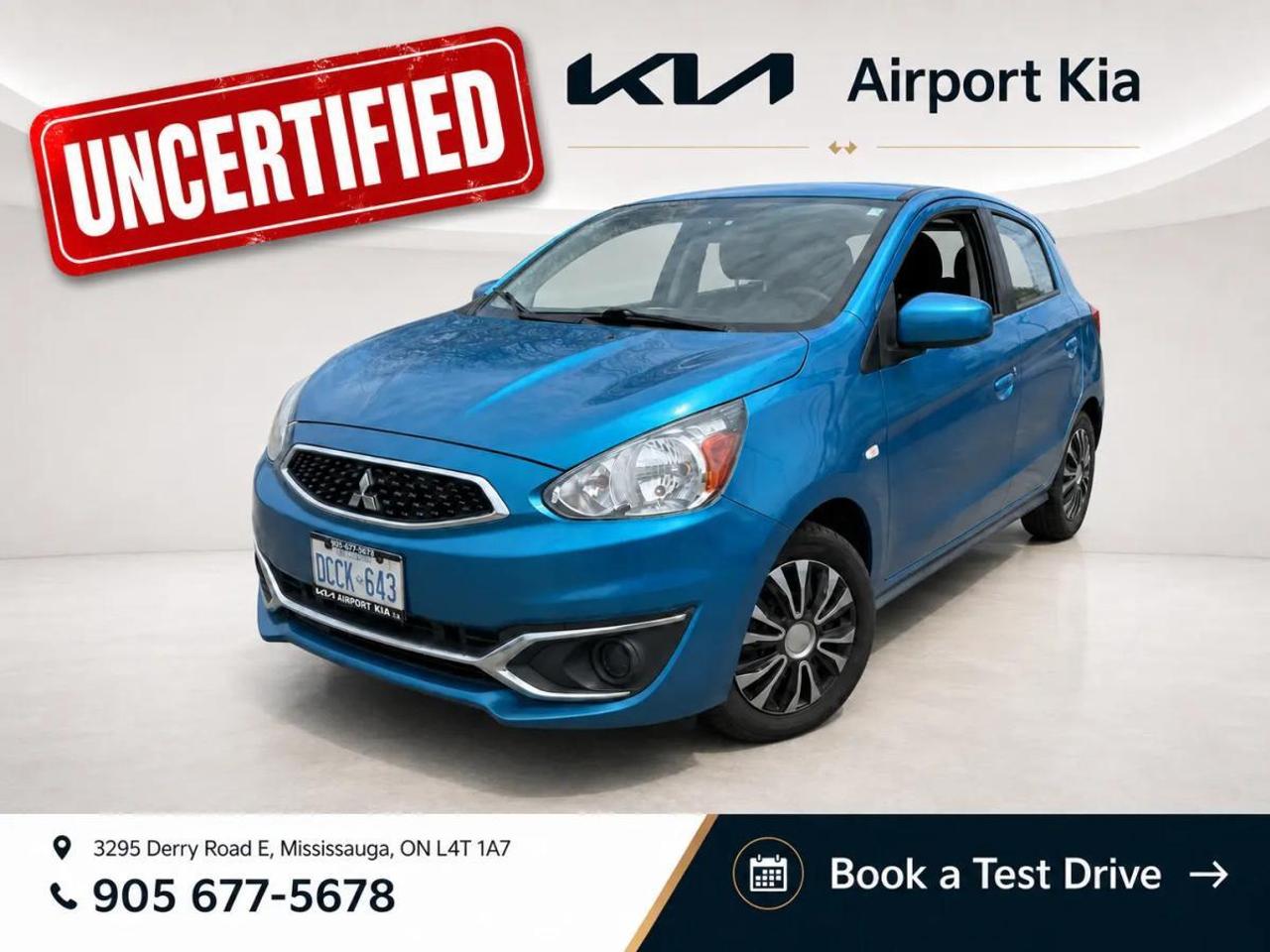 Blue 2019 Mitsubishi Mirage ES FWD  CVT 1.2L DOHC    **ABOVE IS THE SPECIAL FINANCING PRICE, $1500 MORE FOR CASH PURCHASES** PLEASE CALL AHEAD TO CHECK AVAILABILITY** We believe in a haggle-free environment and provide our best price upfront. We compare our vehicles with competing inventory and adjust our prices daily. At Airport Kia, our team is dedicated to providing exceptional customer service and making your car buying and ownership experience as smooth and enjoyable as possible. From our knowledgeable sales associates who are always ready to help you find the perfect vehicle for your needs and budget, to our expert technicians who are committed to keeping your Kia running smoothly and efficiently, our team is here to meet all of your automotive needs and exceed your expectations. Were proud to be a family-owned dealership, and we treat every customer like family too. That means personalized service tailored to your needs, a warm and welcoming atmosphere, and a commitment to honesty, integrity, and transparency in all of our interactions. So when you choose Airport Kia, you can rest assured that youre in good hands with our team. Visit us today at 3295 Derry Road East, Mississauga, Ontario L4T 1A8 or give us a call at 905-677-5678 to experience the Airport Kia difference for yourself.      **Previous Daily Rental**