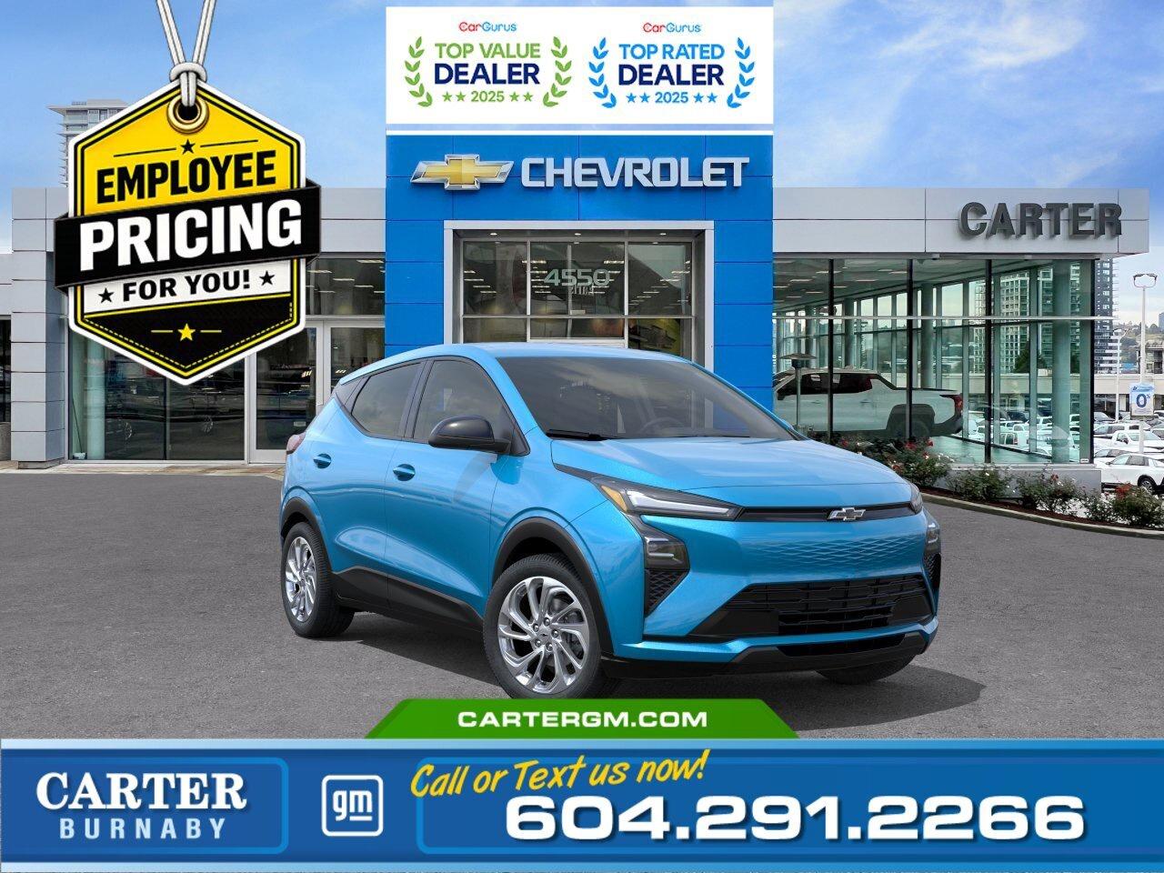 GREAT NEWS! EMPLOYEE PRICING IS BACK! Unlock exceptional savings on eligible new electric vehicles. Combine Employee Pricing with available incentives and drive home an EV for less.  Available Savings Include:  - $1,500 Employee Pricing Credit - $2,300 Non stackable cash discount - Up to $5,000 Federal EVAP incentive for eligible customers, applied after tax.  Only vehicles with a final transaction price under $50,000 before tax are eligible for EVAP.  Efficient and fun to drive, this 2027 Chevrolet Bolt LT FWD delivers all-electric performance with an impressive 422 km driving range. Inside, enjoy a sporty feel with a flat-bottom wrapped steering wheel and the convenience of heated power-adjustable mirrors. Advanced safety features including Front Pedestrian and Bicyclist Braking, Reverse Automatic Braking, Rear Cross Traffic Braking, Blind Zone Steering Assist, Side Bicyclist Alert, and StabiliTrak stability control help keep you confident on every drive.  Come take it for a test drive today and experience all this stylish vehicle has to offer!  WHY CARTER GM BURNABY?  - An unrivalled vehicle purchasing experience! - Exceeding our loyal customers expectations since 1963 - 4.5 Google star rating with 2,300+ customer reviews) - CarGurus Top-Rated Dealer 2025 Award - CarGurus Top Value Dealer 2025 Award - Vehicle trades welcome! Best price guaranteed! - We provide upfront pricing, zero hidden fees, and 100% transparency - Fast approvals and 99% acceptance rates (no matter your current credit status!) - Multilingual staff (many languages spoken) - Comfortable non-pressured environment with in-store television, WIFI and a childrens play area! - In-store restaurant: fresh daily menu        Were here to help you drive the vehicle you want, the vehicle you deserve! QUESTIONS? GREAT! WEVE GOT ANSWERS! To speak with a friendly vehicle specialist - CALL NOW! The advertised price includes all standard dealer fees and any applicable manufacturer or dealer incentives. It does not include applicable taxes, licensing, insurance, or optional products or services. Dealer fees will be clearly broken out and itemized on the bill of sale, maximum total of fees $699.00. Prices are shown in Canadian dollars. While we make every effort to ensure accuracy, vehicle details, pricing, options, and availability are subject to change without notice. Please confirm all information with dealership sales management before purchase. Dealer Code: 81129