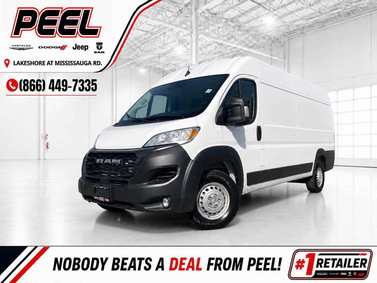 COME SEE WHY NOBODY BEATS A DEAL FROM PEEL! Your Source for ALL make and models used cars and trucks.

2025 Ram ProMaster 3500 Cargo Van High Roof Extended Wheelbase | 3.6L Pentastar V6 | Bright White | High Roof 159" Extended Wheelbase | Convenience Group | Vinyl Bucket Seats | Uconnect 5 7" Touchscreen Display | Apple CarPlay & Android Auto | Push Button Start | Adaptive Cruise Control w/ Stop & Go | Full-Speed Forward Collision Warning Plus | Pedestrian/Cyclist Emergency Braking | Drowsy Driver Detection | Traffic Sign Recognition | Rear View Camera | Crosswind Assist | Cargo Partition w/ Sliding Window | Heated Power Folding Exterior Mirrors | Mopar Side Wall Paneling | Mopar Cargo Area Floor Mat | Full-size Spare Tire | Passenger Bucket Seat

2025 Ram ProMaster 3500 Cargo Van High Roof Extended Wheelbase | 3.6L Pentastar V6 | Bright White | High Roof Extended Wheelbase | Customer Preferred Package 22B | Convenience Group | Vinyl Bucket Seats | Uconnect 5 7" Touchscreen Display | Apple CarPlay & Android Auto | Push Button Start | Adaptive Cruise Control w/ Stop & Go | Full-Speed Forward Collision Warning Plus | Pedestrian/Cyclist Emergency Braking | Drowsy Driver Detection | Traffic Sign Recognition | Rear View Camera | Crosswind Assist | Cargo Partition w/ Sliding Window | Heated Power Folding Exterior Mirrors | Mopar Side Wall Paneling | Mopar Cargo Area Floor Mat | Full-size Spare Tire | Passenger Bucket Seat
______________________________________________________

*Hand Selected Former Daily Rental

FREE CarFax included! Click the CarFax link in the listing to view the report.

Our advertised prices are for consumers/end users only and are not intended for dealer, wholesale, exporter, or broker purchases.
______________________________________________________

Peel Chrysler is based in Port Credit, Mississauga, and proudly serves customers across Ontario and Canada, including Toronto, Oakville, North York, Richmond Hill, Ajax, Hamilton, Niagara Falls, Brampton, Scarborough, Vaughan, London, Windsor, Cambridge, Kitchener, Waterloo, Brantford, Sarnia, Pickering, Huntsville, Milton, Woodbridge, Aurora, Newmarket, Orangeville, Georgetown, Markham, North Bay, Sudbury, Barrie, Oshawa, Kingston, Innisfil, and surrounding areas. Browse our selection of used cars, trucks, SUVs, vans, Ram, Jeep, Dodge, Chrysler, FIAT, and all makes and models at peelchrysler.com.
______________________________________________________

Disclaimer: Prices are for consumer/end-user purchases only. Advertised priceas are all-in and include all dealer fees and charges, including the $499 loan processing fee where applicable, except HST, Fuel and Licensing, unless otherwise stated. Payments, rates, and terms are subject to approved credit and may change without notice. If a trade-in has an outstanding loan balance and Peel Chrysler is required to facilitate the lien payout, a $349 lien payout fee applies. Most pre-owned vehicles originally come with two keys; however, all Peel Chrysler pre-owned vehicles come standard with one key unless otherwise stated. Vehicle images may be digitally adjusted or enhanced for presentation purposes and may not always reflect the exact appearance of the vehicle. While we make every effort to ensure accuracy, vehicle details, features, options, materials, history, specifications, pricing, availability, and CarFax information should be verified with Peel Chrysler before purchase.