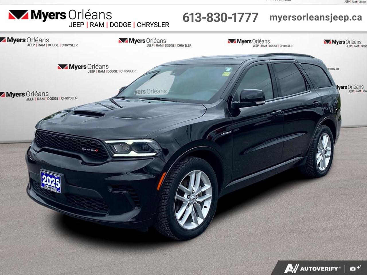 <b>Sport Suspension,  Navigation,  Heated Seats,  Power Liftgate,  Mobile Hotspot!</b><br> <br>  Compare at $44875 -  is just $43995! <br> <br>Amazing suspension, a roomy, comfortable interior, and awesome motors from the Dodge line, the Dodge Durango is ready to roll. This 2025 Dodge Durango is fresh on our lot in Orleans.<br> <br>Filled with impressive standard features, this family friendly 2025 Dodge Durango is a surprising and adventurous SUV. Versatile as they come, you can manage any road you find in comfort and style, while effortlessly leading the pack in this Dodge Durango. For a capable, impressive, and versatile family SUV that can still climb mountains, this Dodge Durango is ready for your familys next big adventure.<br> <br>This SUV has 77,616 km. Its Db Black in colour. It has an Automatic transmission and is powered by a 360HP 5.7L 8 Cylinder Engine. <br> <br> Our Durangos trim level is R/T. Standard features include heated front seats with a heated steering wheel, dual-zone climate control, a power liftgate for rear cargo access, mobile hotspot internet access, remote engine start, and a 10.1-inch infotainment screen powered by Uconnect 5 with inbuilt navigation, Apple CarPlay and Android Auto. Safety features also include blind spot detection, ParkSense rear parking sensors, and rear cross path detection. This vehicle has been upgraded with the following features: Sport Suspension, Navigation, Heated Seats, Power Liftgate, Mobile Hotspot, Heated Steering Wheel, Remote Start.<br> To view the original window sticker for this vehicle view this <a href=http://www.chrysler.com/hostd/windowsticker/getWindowStickerPdf.do?vin=1C4SDJCTXSC512682 target=_blank>http://www.chrysler.com/hostd/windowsticker/getWindowStickerPdf.do?vin=1C4SDJCTXSC512682</a>. <br/><br> <br>To apply right now for financing use this link: <a href=https://www.myersorleansjeep.ca/apply-for-financing/ target=_blank>https://www.myersorleansjeep.ca/apply-for-financing/</a><br> <br/>Buy this vehicle now for the lowest weekly payment of <b>$133.17</b> with $0 down for 96 months @ 5.99% APR O.A.C. ( Plus applicable taxes - Plus applicable fees / Total Obligation of $55400 ). See dealer for details. <br><br>The road to new driving experiences begins in our inventory, where youll find an incredible array of brand-new cars, trucks, minivans, and SUVs, including two of our bestselling models, the Dodge Ram 1500 and the Dodge Grand Caravan. If you want to know what the cutting edge of automotive technology looks like, all you have to do is visit Myers Orleans Jeep! Each model comes loaded with the convenient features and cool technology that help make every trip memorable. Looking for additional everyday luxury at a price thats incredibly wallet-friendly? Choose from our selection of quality pre-owned models! If you can think of a road, our friendly and knowledgeable sales team will help you find the perfect vehicle to drive it.<br><br>We may be a well-established dealership thats been part of the community for many years, but that doesnt mean were stuck in the past! At Myers Orleans Jeep, were proud to provide a fresh, modern approach to car buying. Using our array of online tools, you can browse our extensive inventory, schedule a service appointment, order parts, and even apply for credit from wherever youve got a connection. Our goal is to create relationships that will last, and we know that the best way to do this is by providing a dealership experience thats based on honesty, transparency, trust, and a commitment to customers. Stop by today and discover all the ways we go above and beyond for you.<br><br> Come by and check out our fleet of 40+ used cars and trucks and 70+ new cars and trucks for sale in Orleans.  o~o