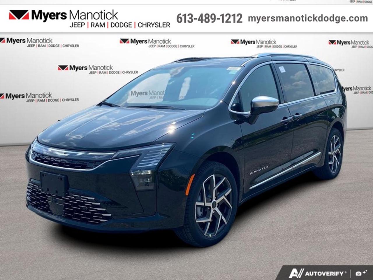 <b>Leather Seats, Trailer Tow Group!</b><br> <br> Call 613-489-1212 to speak to our friendly sales staff today, or come by the dealership!<br> <br>The 2027 Chrysler Pacifica adapts seamlessly from busy morning carpools to extensive cross-country vacations thanks to its incredibly versatile floor layout and smart storage options.<br> <br>From the outside, the 2027 Chrysler Pacifica presents a sleek, contemporary silhouette, striking new lighting details, and a polished profile that brings a proud sense of style to the modern neighborhood. Inside, the grand cabin welcomes you with exceptionally rich materials, intuitive digital screens, and highly adaptive seating that folds completely flat to handle passengers and cargo effortlessly. With its smooth-riding foundation, comprehensive safety protection, and long-standing reputation for ultimate family accommodation, the Pacifica stands as the premier choice for your active household.<br> <br>This Diamond Black Crystal Pearl van has an Automatic transmission and is powered by a 287HP 3.6L V6 Cylinder Engine. <br> <br> Our Pacificas trim level is Pinnacle. This vehicle has been upgraded with the following features: Leather Seats, Trailer Tow Group.<br><br> View the original window sticker for this vehicle with this url <b><a href=http://www.chrysler.com/hostd/windowsticker/getWindowStickerPdf.do?vin=2C4RC3PG0VR588787 target=_blank>http://www.chrysler.com/hostd/windowsticker/getWindowStickerPdf.do?vin=2C4RC3PG0VR588787</a></b>.<br> <br>To apply right now for financing use this link: <a href=https://CreditOnline.dealertrack.ca/Web/Default.aspx?Token=3206df1a-492e-4453-9f18-918b5245c510&Lang=en target=_blank>https://CreditOnline.dealertrack.ca/Web/Default.aspx?Token=3206df1a-492e-4453-9f18-918b5245c510&Lang=en</a><br> <br/><br> Buy this vehicle now for the lowest weekly payment of <b>$233.95</b> with $0 down for 96 months @ 5.29% APR O.A.C. ( Plus applicable taxes - $1199 fees included in price **Rebates may not be applicable on all purchase types [cash, lease, or finance]. Eligibility and conditions may vary. Please see dealer for full details and confirmation of eligibility. ). Incentives expire 2026-08-31. See dealer for details. <br><br>If youre looking for a Dodge, Ram, Jeep, and Chrysler dealership in Ottawa that always goes above and beyond for you, visit Myers Manotick Dodge today! Were more than just great cars. We provide the kind of world-class Dodge service experience near Kanata that will make you a Myers customer for life. And with fabulous perks like extended service hours, our 30-day tire price guarantee, the Myers No Charge Engine/Transmission for Life program, and complimentary shuttle service, its no wonder were a top choice for drivers everywhere. Get more with Myers!<br> Come by and check out our fleet of 20+ used cars and trucks and 50+ new cars and trucks for sale in Manotick.  o~o