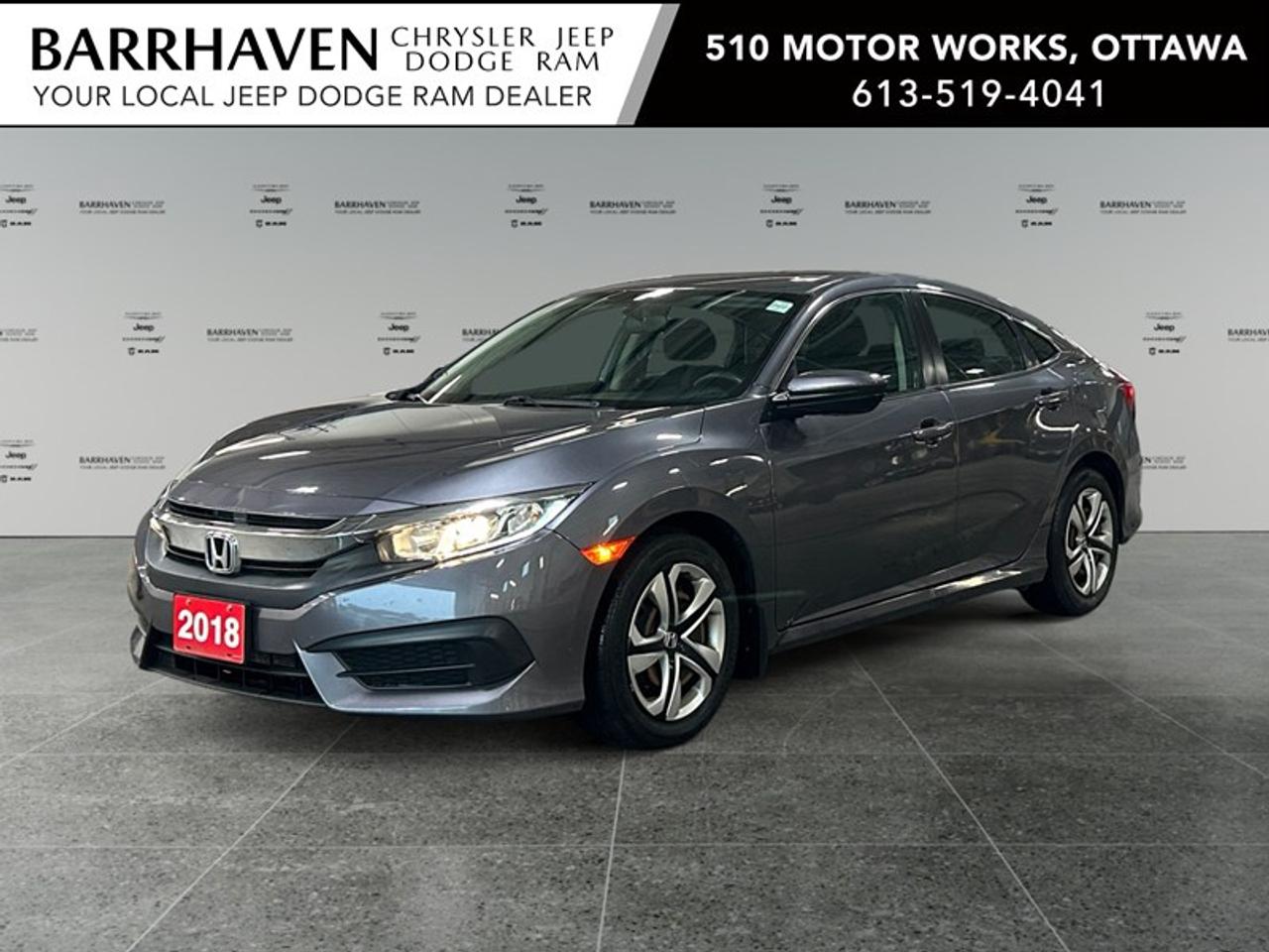 Experience the perfect blend of style and efficiency with this 2018 Honda Civic Sedan LX CVT in a sophisticated gray finish. This front-wheel-drive sedan offers a seamless automatic transmission, ensuring smooth handling on every journey. The exterior of the Civic exudes modern elegance with its sleek sedan design. Inside, youre greeted with a host of features designed for comfort and convenience. Enjoy the luxury of heated front seats, air conditioning, and the convenience of power windows and keyless entry. Stay connected and entertained with Bluetooth connection and smart device integration, while the backup camera and brake assist provide enhanced safety. The Civic also includes heated mirrors for those chilly mornings, ensuring you always have a clear view. This vehicle is perfect for individuals or small families who prioritize reliability and modern features in a stylish package. Contact Barrhaven Jeep Dodge Chrysler Ram today for more information on this exceptional offer!