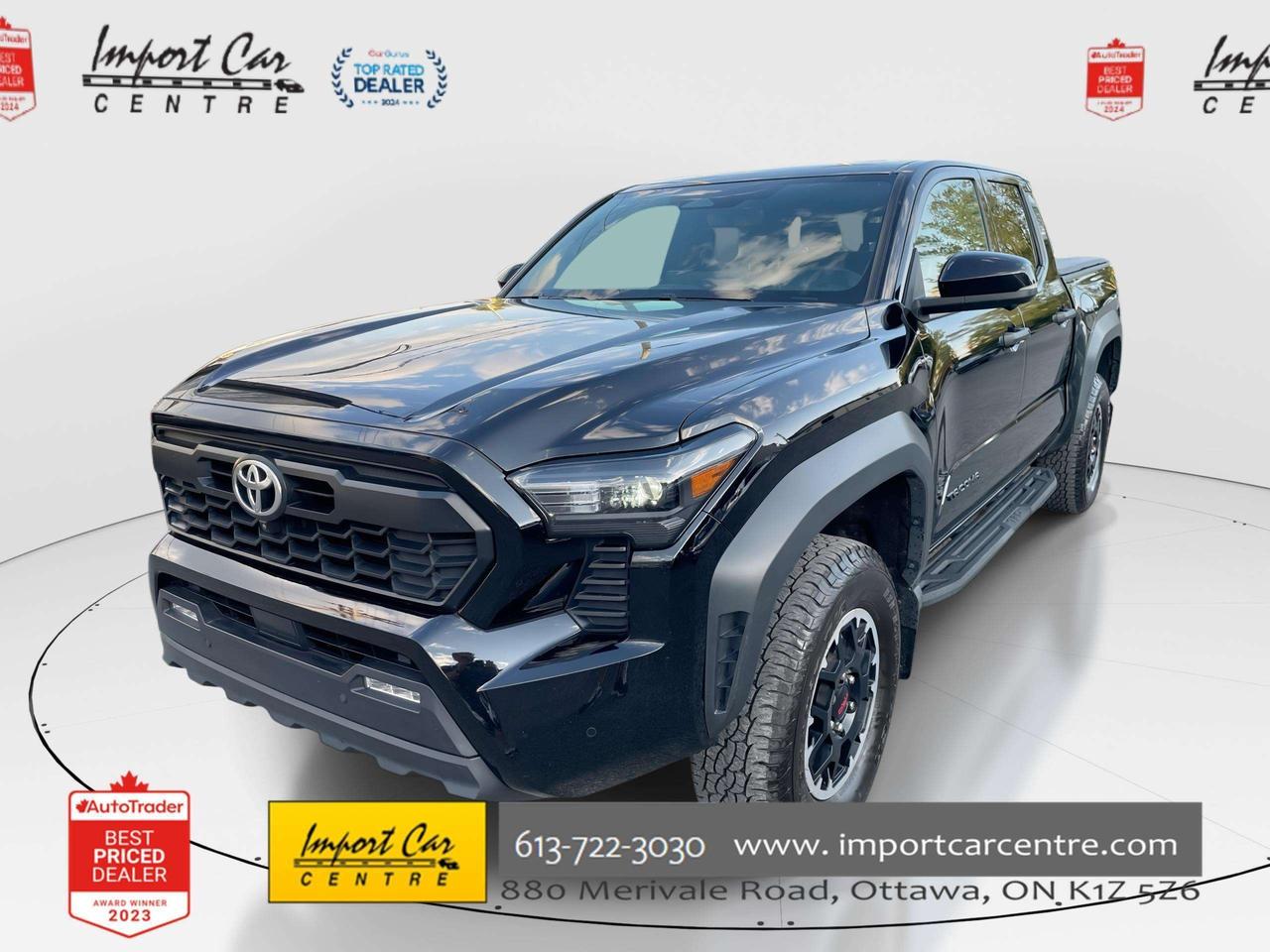 *** OTTAWAS ORIGINAL IMPORT DEALER!!  SINGLE OWNER * NO ACCIDENTS * SMETANA APPROVED ***  This black beauty has some serious off road capabilities and can get you just about anywhere you wish to venture!!  Finished in Black with complimenting black perforated softex seating surfaces, power moonroof, TRD front grill, front recovery hooks, trailer brake control, drive mode select, 10 speaker JBL sounds system, dual zone climate control system, power sliding rear window, locking rear differential, 120v rear cargo bed outlet, running boards, trailer backup guide, multi terrain monitor, MIC black overfenders, LED fog lamps, downhill assist control, heated and ventilated front seats, garage door opener, intuitive parking assist with auto brake, crawl control, 17 Off Road alloys, wireless charger, vinyl tonneau cover, Apple Car Play, Android Auto all compliment this stunning 2025 Toyota Tacoma TRD Off Road.    Perfection and beyond!!  Home of the Platinum up to 240,000kms warranty and financing is always available O.A.C Import Car Centre, proudly serving the Ottawa and surrounding area for over 45 years. Come down and experience Import Car Centre for yourself and see just why our customers are so happy! 

  Advertised price includes $22 OMVIC fee and $40 Carfax fee; excludes taxes and licensing. #importcarcentre #smetanaapproved #iccs