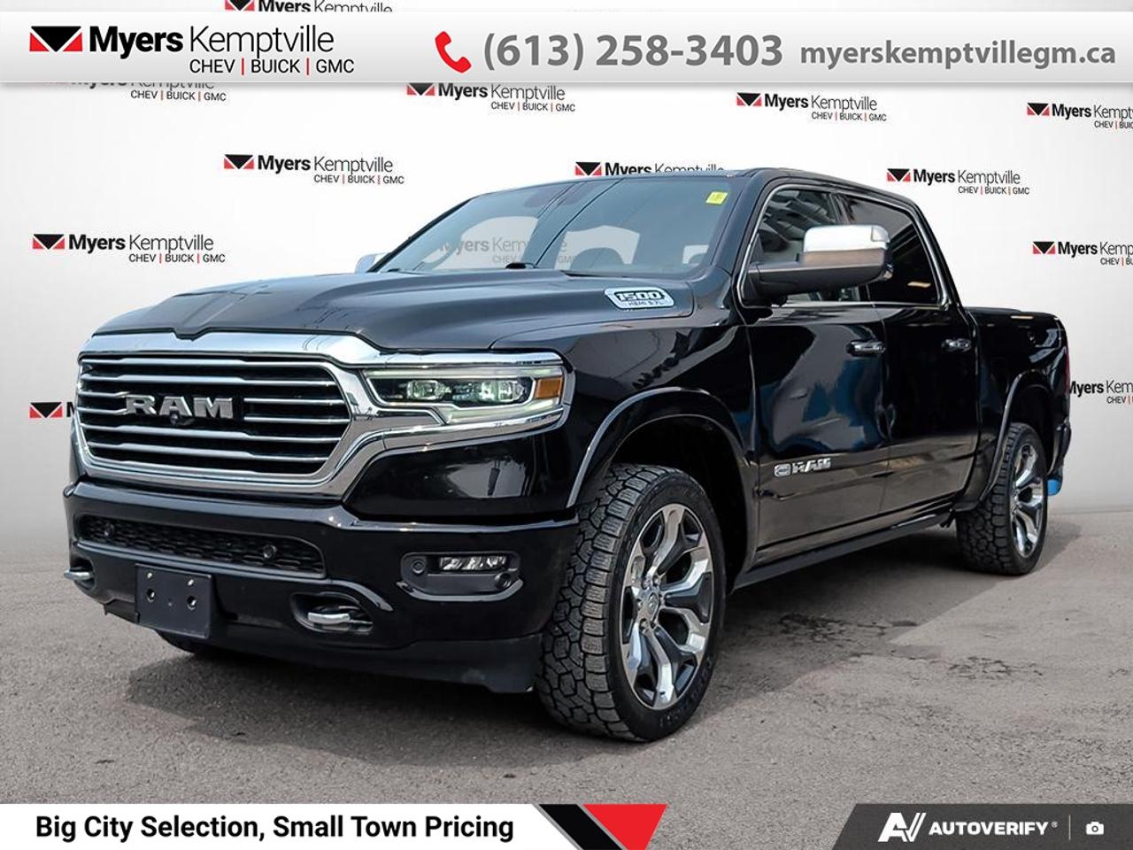 <b>Cooled Seats,  Leather Seats,  Premium Audio,  Navigation,  Android Auto!</b><br> <br> This 2022 Ram 1500 is for sale today.<br> <br>The 2022 Ram 1500 does more than dominate the North American truck scene, it redefines. The Ram 1500 delivers power and performance everywhere you need it, with a tech-forward cabin that is all about comfort and convenience. Loaded with best-in-class features, its easy to see why the Ram 1500 is so popular. With the most towing and hauling capability in a Ram 1500, as well as improved efficiency and exceptional capability, this truck has the grit to take on any task.<br> <br>This Crew Cab 4X4 pickup has 146,634 km. Its nice in colour. It has an Automatic transmission and is powered by a 395HP 5.7L 8 Cylinder Engine. <br> <br> Our 1500s trim level is Longhorn. Upgrading to this premium Ram 1500 Longhorn is a great choice as it comes fully loaded with leather cooled and heated seats, exclusive aluminum wheels, chrome exterior accents, premium LED headlights, a heated leather steering wheel, and a large Uconnect touchscreen thats paired with navigation, Apple CarPlay, Android Auto, SiriusXM, and 4G LTE. Additional upscale features include a premium Alpine stereo, spray-in bed liner, power adjustable pedals and front seats, ParkSense front and rear sensors, proximity keyless entry, forward collision warning with active braking, power folding heated mirrors, and a rear step bumper to easily access your pickups cargo area! This vehicle has been upgraded with the following features: Cooled Seats, Leather Seats, Premium Audio, Navigation, Android Auto, Apple CarPlay, Heated Steering Wheel.<br> To view the original window sticker for this vehicle view this <a href=http://www.chrysler.com/hostd/windowsticker/getWindowStickerPdf.do?vin=1C6SRFKT3NN171206 target=_blank>http://www.chrysler.com/hostd/windowsticker/getWindowStickerPdf.do?vin=1C6SRFKT3NN171206</a>. <br/><br> <br>To apply right now for financing use this link: <a href=https://www.myerskemptvillegm.ca/finance/ target=_blank>https://www.myerskemptvillegm.ca/finance/</a><br> <br/>Buy this vehicle now for the lowest bi-weekly payment of <b>$351.76</b> with $0 down for 84 months @ 9.99% APR O.A.C. ( Plus applicable taxes - Plus applicable fees ). See dealer for details. <br><br>Myers deals with almost every major lender and can offer the most competitive financing options available. All of our premium used vehicles are fully detailed, subjected to a minimum 150 point inspection and are fully backed by the dealership and General Motors. <br><br>For more details on our Myers Exclusive Engine Transmission for life coverage, follow this link: <a href=https://www.myerskanatagm.ca/myers-engine-transmission-for-life/>Life Time Coverage</a>*LIFETIME ENGINE TRANSMISSION WARRANTY NOT AVAILABLE ON VEHICLES WITH KMS EXCEEDING 140,000KM, VEHICLES 8 YEARS & OLDER, OR HIGHLINE BRAND VEHICLE(eg. BMW, INFINITI. CADILLAC, LEXUS...) o~o