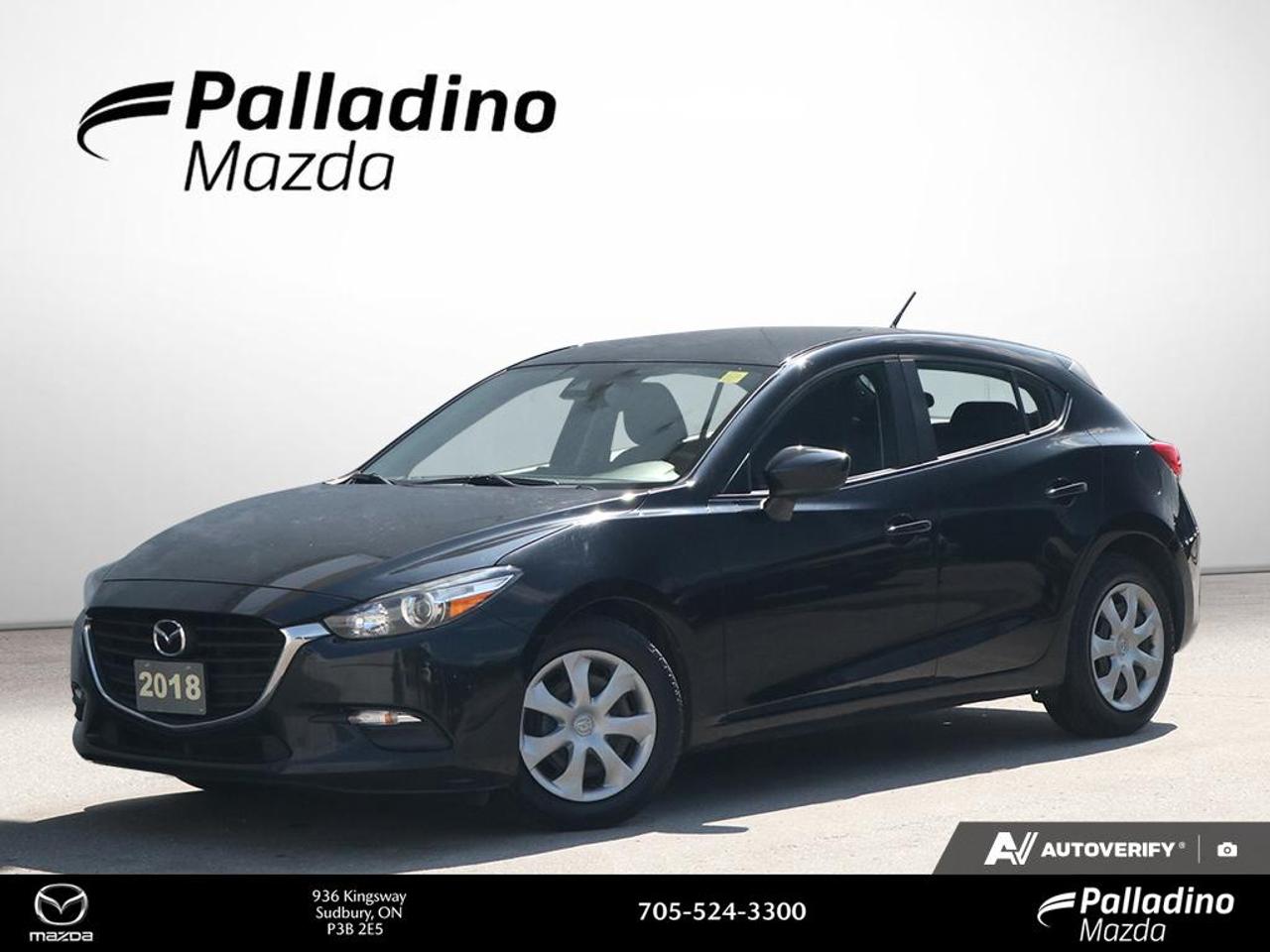 Accident Free

Discover smart value and everyday versatility in this 2018 Mazda Mazda3 Sport GX, now available at Palladino Mazda in Greater Sudbury. CARFAX Canada reports no accident, giving you added peace of mind. With its black exterior, efficient 2.0L SKYACTIV-G engine, front-wheel drive, and 6-Speed SKYACTIV-Drive automatic transmission, this hatchback is built for confident commuting and practical daily use.

The 2018 Mazda Mazda3 Sport GX delivers the kind of balanced driving feel that has made this model a favourite with Canadian drivers. Its hatchback design adds flexible utility, while the responsive powertrain helps make city trips, highway travel, and weekend errands feel smooth and easy. With 55,516 km on the odometer, this well-kept used vehicle offers a strong mix of reliability, efficiency, and proven Mazda engineering.

FEATURES OF THE Mazda3 Sport GX
»» 2.0L SKYACTIV-G four-cylinder gas engine
»» 6-Speed automatic transmission included
»» Front-wheel drive for daily confidence
»» Practical hatchback body with useful versatility

ADVANCED SAFETY FEATURES
»» Advanced front airbag protection system
»» Side and curtain airbags for coverage
»» Dynamic Stability Control helps maintain grip
»» Anti-lock braking system for controlled stops

PERFORMANCE AND EFFICIENCY
»» Efficient 2.0L engine saves fuel
»» SKYACTIV-Drive automatic shifts smoothly
»» Front-wheel drive supports stable handling
»» Responsive steering enhances urban driving

COMFORT AND CONVENIENCE
»» Five-door access adds everyday practicality
»» Easy controls support simple operation
»» Compact size helps with parking
»» Hatchback layout improves daily flexibility

TECHNOLOGY AND CONNECTIVITY
»» Driver-focused cabin layout feels intuitive
»» Clear gauges provide quick information
»» Convenient infotainment access up front
»» Useful audio features support daily drives

CARGO SPACE
»» Hatchback opening allows easier loading
»» Rear cargo area suits errands
»» Folding rear seat adds flexibility
»» Smart layout supports active lifestyles

AWARDS & RECOGNITIONS
»» Top Safety Pick, Insurance Institute for Highway Safety, 2018
»» Best Small Car, The Car Guide, 2018

WHAT OTHER OWNERS LIKE
»» Fun handling with confident road manners
»» Excellent fuel economy for commuting
»» Hatchback utility for busy lifestyles
»» Simple controls and strong reliability

This 2018 Mazda Mazda3 Sport GX is a practical choice for drivers who want efficiency, proven safety, and flexible cargo space without giving up a rewarding drive. The black finish gives this hatchback a clean, refined look, while the automatic transmission helps make every trip more relaxed in traffic or on open roads.

For shoppers in Greater Sudbury looking for a dependable compact hatchback, this 2018 Mazda Mazda3 Sport GX stands out with its no-accident CARFAX Canada report, sensible kilometre reading, and well-known Mazda driving character. Visit Palladino Mazda today to see how this hatchback fits your daily routine with comfort, value, and versatility.

This 2018 Mazda Mazda3 Sport GXs VIN is: JM1BN1K70J1189593 .

The advertised price is for financing only and applies exclusively to vehicles eligible for financing. Vehicles sold as-is are not eligible for financing and require full payment at purchase. All cash purchases of finance-eligible vehicles will be subject to an additional $2,501.00. This advertised price also does not include taxes and licensing fees. For as-is vehicles: the motor vehicle sold under this contract is being sold as-is and is not represented as being in road worthy condition, mechanically sound or maintained at any guaranteed level of quality.<p> this hatchback is built for confident commuting and practical daily use.

The 2018 Mazda Mazda3 Sport GX delivers the kind of balanced driving feel that has made this model a favourite with Canadian drivers. Its hatchback design adds flexible utility</p>
<p> and proven Mazda engineering.

FEATURES OF THE Mazda3 Sport GX
»» 2.0L SKYACTIV-G four-cylinder gas engine
»» 6-Speed automatic transmission included
»» Front-wheel drive for daily confidence
»» Practical hatchback body with useful versatility

ADVANCED SAFETY FEATURES
»» Advanced front airbag protection system
»» Side and curtain airbags for coverage
»» Dynamic Stability Control helps maintain grip
»» Anti-lock braking system for controlled stops

PERFORMANCE AND EFFICIENCY
»» Efficient 2.0L engine saves fuel
»» SKYACTIV-Drive automatic shifts smoothly
»» Front-wheel drive supports stable handling
»» Responsive steering enhances urban driving

COMFORT AND CONVENIENCE
»» Five-door access adds everyday practicality
»» Easy controls support simple operation
»» Compact size helps with parking
»» Hatchback layout improves daily flexibility

TECHNOLOGY AND CONNECTIVITY
»» Driver-focused cabin layout feels intuitive
»» Clear gauges provide quick information
»» Convenient infotainment access up front
»» Useful audio features support daily drives

CARGO SPACE
»» Hatchback opening allows easier loading
»» Rear cargo area suits errands
»» Folding rear seat adds flexibility
»» Smart layout supports active lifestyles

AWARDS & RECOGNITIONS
»» Top Safety Pick</p>
<p> 2018

WHAT OTHER OWNERS LIKE
»» Fun handling with confident road manners
»» Excellent fuel economy for commuting
»» Hatchback utility for busy lifestyles
»» Simple controls and strong reliability

This 2018 Mazda Mazda3 Sport GX is a practical choice for drivers who want efficiency</p>
<p> and flexible cargo space without giving up a rewarding drive. The black finish gives this hatchback a clean</p>
<p> while the automatic transmission helps make every trip more relaxed in traffic or on open roads.

For shoppers in Greater Sudbury looking for a dependable compact hatchback</p>
<p> and well-known Mazda driving character. Visit Palladino Mazda today to see how this hatchback fits your daily routine with comfort</p>
<p> and versatility.

This 2018 Mazda Mazda3 Sport GXs VIN is: JM1BN1K70J1189593 .

The advertised price is for financing only and applies exclusively to vehicles eligible for financing. Vehicles sold as-is are not eligible for financing and require full payment at purchase. All cash purchases of finance-eligible vehicles will be subject to an additional $2</p>
<p>501.00. This advertised price also does not include taxes and licensing fees. For as-is vehicles: the motor vehicle sold under this contract is being sold as-is and is not represented as being in road worthy condition</p>