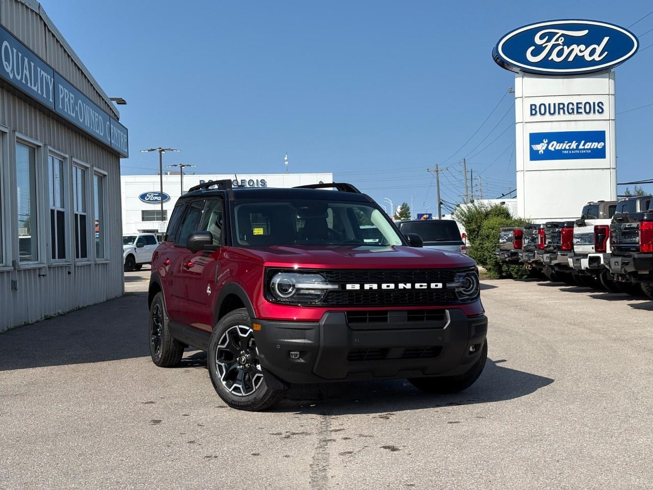 <p>Introducing the 2026 Ford Bronco Sport Outer Banks 4x4 in a striking red finish, designed to tackle any terrain with its robust 4×4 drivetrain and Terrain Management System featuring multiple G.O.A.T. (Go Over Any Terrain) modes including normal, ECO, sport, slippery, and off-road. This SUV offers exceptional control and handling.</p><p>The exterior of this Bronco Sport is adorned with alloy wheels and the luxurious Ruby Red Metallic Tinted Clearcoat, perfectly complemented by a functional power moonroof. Inside, enjoy the richness of brown interior seating adorned with heated front seats, ensuring comfort on even the chilliest days. The smartly integrated features like power windows, power seats, and keyless entry make this vehicle a pleasure to drive while the 2nd-row carpeted seatback with a rubberized mat enhances utility.</p><p>The technological suite in the Bronco Sport is crafted for those who demand more from their drives. Equipped with Ford Co-Pilot360 Assist 2.0, you will have peace of mind with safety features such as lane assist, a 360-degree camera with Trail View, reverse brake assist, and adaptive cruise control. Never lose your way with the Connected Navigation system, and enjoy the beats pumping through the B&O Sound System by Bang & Olufsen with HD Radio and 10 speakers, including a subwoofer. Stay connected with a built-in Wi-Fi hotspot, ensuring everyone can keep in touch with the demands of their day.</p><p>This SUV is perfect for adventure seekers who require versatility and reliability in their vehicles, along with families looking for safety and comfort on every journey. Contact Bourgeois Motors Ltd. today to learn more about how this impressive Ford Bronco Sport Outer Banks 4x4 can be yours.</p> <p><span style=color:rgb( 58 , 80 , 95 )>The discount shown on vehicle represents the </span><u>Cash Purchase</u><span style=color:rgb( 58 , 80 , 95 )> discount and is inclusive of all non-stackable and stackable cash purchase discounts from Ford of Canada and Bourgeois Motors Ltd. and is offered in lieu of sub-vented lease or finance rates. To get details on current discounts applicable to this and other vehicles in our inventory for Lease and Finance customer, see a member of our team. All offers for lease or finance are On Approved Credit (OAC).While every effort is made to ensure the accuracy of discounts and programs, programs are subject to change without notice </span><span style=color:rgb( 119 , 119 , 119 )>and may not be accurate or completely current. While every reasonable effort is made to ensure the accuracy of this data, we are not responsible for any errors or omissions contained on these pages.</span></p> <p><strong>Why Choose the Bourgeois Auto Group?</strong></p><p>For 80 years, Bourgeois Auto Group has been delivering exceptional automotive experiences. Our factor trained teams work to ensure you receive the shopping experience you deserve; whether you're looking for a new or new-to-you vehicle.</p><p>Shop 24/7 with our online showroom and chat service, ensuring convenience every step of the way. No hidden fees, full disclosure, and every pre-owned vehicle comes with a Carfax® report for peace of mind.</p><p>We offer a wide selection of pre-owned vehicles, all competitively priced using real-time market data. Get the best deal on your purchase and trade-in with our free Live Market Analysis report.</p><p>Looking to sell your car? We buy any make or modelno purchase required. Our simple to use online trade valuation tool will provide you with a clear, transparent selling experience whether you buy our car or not.</p><p>Backed by hundreds dedicated employees across 4 convenient locations, were here to meet all your automotive needs. Visit us in Midland or Parry Sound and explore our inventory or schedule your next service today.</p> <p><strong>Financing Your Next Vehicle with Bourgeois Motors Ford in Midland:</strong></p><p>At Bourgeois Motors Ford, we make financing your next vehicle simple and stress-free! Our team works with trusted lenders to find flexible options tailored to your budget. Drive away with confidenceapply today!</p><p>Take advantage of our online pre-qualification tool, backed by Equifax and TD Bank to find the payment that works for you. Simply <a href=https://www.bourgeoismotors.com/free-credit-check/ rel=nofollow><strong>CLICK HERE</strong></a><strong> </strong>to use our secure online credit tool with no impact to your credit.</p>