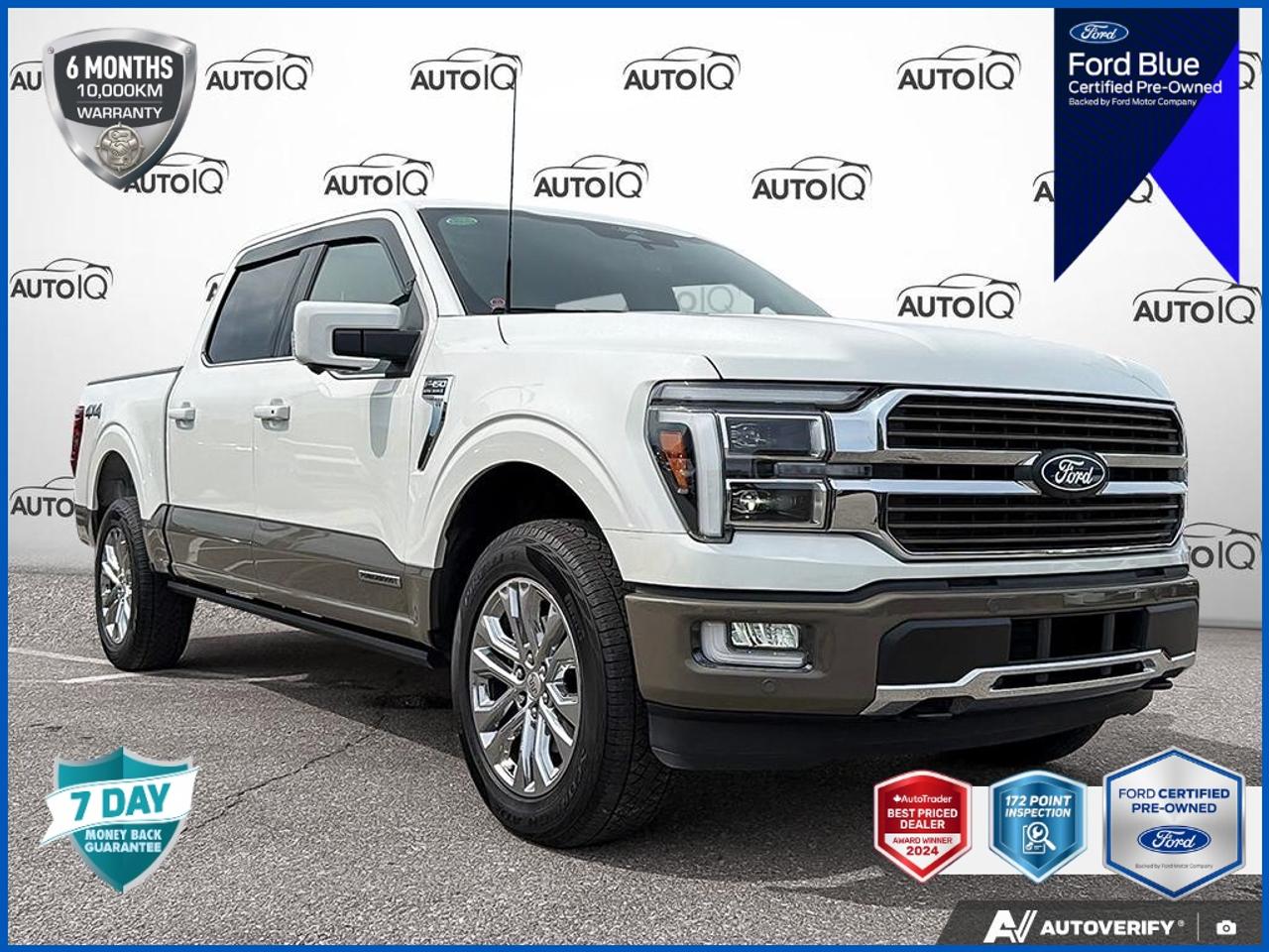 $4,450 IN OEM OPTIONS! ACCIDENT FREE, ONE OWNER, REMOTE START, FORDPASS APP CONNECT, LOW KM, HEATED/COOLED STS, ADAPTIVE CRUISE, 360 CAM, CARPLAY/ANDROID AUTO, HEATED STEERING, 3.5L PowerBoost Full-Hybrid V6, 4WD, Auto High-beam Headlights, B&O Unleashed Sound! <b>OEM OPTIONS: </b>STAR WHITE METALLIC TRI-COAT ,  MARSH GREY ,  JAVA KING RANCH MULTICONTOUR LEATHER BKT STS ,  601A STANDARD ,  ENG 3.5L HYBRID V6 ,  HYBRID ELECTRONIC 10-SPEED A/T ,  MAX TOW ELECTRONIC LOCKING W/3.73 AXLE RATIO ,  WHLS 20 CHROME-LIKE PVD ,  TIRES 275/60R20 BSW ALL-TERRAIN A/T ,  HARD FOLDING TONNEAU PICKUP BOX COVER<br><br><b>PEACE OF MIND:</b> Factory Comprehensive & Powertrain Warranty!<br>- Balance of factory coverage.<br>- <b>OEM EXPERTISE:</b> As a Franchise Dealer, we have exclusive access to this vehicles full factory warranty & repair history.<br>- LOW MILEAGE: Gently driven.<br>- Eligible for Ext. Warranty.<br><br><b>PERFORMANCE & CAPABILITY: </b>Backed by comprehensive warranty coverage and factory-trained care, this OEM-CERTIFIED <b>2025 Ford F-150 King Ranch</b> finished in Star White Metallic Tri-Coat with a Java, King Ranch Multicontour Leather Bucket Seats interior, offering a warm, inviting, and upscale cabin feel. As a powerful Pickup Truck, this SuperCrew configuration provides spacious seating and versatile capability. Full configuration: King Ranch 4WD SuperCrew 5.5 feet Box. Powered by a responsive <b>3.5L 6cyl</b> engine paired with a smooth <b>10 Speed Automatic</b> and a confident <b>4x4</b> system.<br><br><b>THE PREMIUM STANDARD: </b>This <strong>OEM CERTIFIED PRE-OWNED</strong> vehicle delivers over <strong>$3,000</strong> in exclusive benefits and premium preparation:<br>- 172-Point Factory Inspection<br>- 6-Month / 10,000 KM PremiumCARE Warranty (1,000+ Items) <strong>in addition to any remaining factory coverage</strong><br>- Exclusive Reduced Finance Rates (OAC)<br>- 24-Hour Roadside Assistance & Rental Reimbursement<br>- Fresh Oil, Filter & New Wiper Blades<br>- 10,000 FordPass Rewards Points & a Full Tank of Fuel<br><br><b>MARKET VALUE: </b><br> - <b>Priced Below Market:</b> Offered at <b>$1,584</b> below the average market price.<br> - <b>Freshly Repriced:</b> Recently reduced by <b>$1,201</b>.<br><br><b>VEHICLE HISTORY: </b><br> - <b>Dealer Serviced:</b> Inspected and serviced by our technicians.<br> - <b>CARFAX Verified:</b> One Owner, No Accidents Reported, Low Kilometers.<br><br><b>PROFILE & PEDIGREE: </b><br> - <b>Equipped with the Equipment Group 601A Standard Package:</b> This vehicle includes a desirable bundle of factory options.<br> - <b>Service History:</b> Ask our team to review available service records with you.<br> - <b>Critically Acclaimed Model:</b> Often highlighted in reviews for its safety and performance.<br> - <b>Shop with Confidence:</b> Over <b>32</b> high-resolution photos are online for you to view every detail.<br><br><b>MODEL REVIEWS: </b>North Americas best-selling truck, renowned for its capability, innovation, and wide range of configurations. Equipped with a true <b>4x4 system</b>, this vehicle is ready for serious adventure, offering superior off-road capability.<br>Powered by a smooth and responsive <b>3.5L 6cyl</b>, delivering ample power for merging and passing. Its modern <b>10-Speed Automatic</b> transmission is engineered to handle significant power, ensuring you are always in the right gear for responsive acceleration and smooth cruising.<br><br><b>EQUIPMENT: </b><br><b>Safety & Driver Assistance:</b> TRACTION CONTROL, ABS BRAKES, BRAKE ASSIST, DUAL FRONT IMPACT AIRBAGS, DUAL FRONT SIDE IMPACT AIRBAGS, IGNITION DISABLE<br><b>Comfort & Convenience:</b> ADJUSTABLE PEDALS, POWER WINDOWS, POWER STEERING, 1-TOUCH DOWN, 1-TOUCH UP, AUTO-DIMMING DOOR MIRRORS<br><b>Technology & Entertainment:</b> TACHOMETER, COMPASS, OUTSIDE TEMPERATURE DISPLAY, NAVIGATION SYSTEM: CONNECTED NAVIGATION, SYNC 4 W/ENHANCED VOICE RECOGNITION, CARPLAY/ANDROID AUTO<br><br><p> </p>

<h4>FORD BLUE CERTIFIED PRE-OWNED</h4>

<p><strong>Special Financing Available:</strong> Take advantage of exclusive low finance rates OAC*, significantly lower than standard pre-owned rates!</p>

<p>Backed by the stringent Ford Blue Advantage standards, which include a thorough inspection and reconditioning process by factory-trained technicians. Plus, this vehicle includes our exclusive <strong>AutoIQ Platinum Standard</strong></p>

<p>
<strong>Ford Blue Certified Benefits include:</strong><br>
- 172-Point inspection by Ford factory-trained technicians<br>
- 6-month / 10,000-kilometre* Extended Service Plan **<br>
- 10,000 Ford Rewards Points (Can be used toward scheduled maintenance visits or other rewards**)<br>
- 24-hour Roadside Assistance<br>
- Complimentary CARFAX Vehicle History Report<br>
- Complimentary full tank of fuel
</p>

<p>
<strong>AutoIQ Platinum Standard:</strong><br>
- 36-point Provincial Safety Inspection<br>
- Warranty: 90-days or 5,000 KM on inspected mechanical items, factory extended options eligible for warranty up to 200,000 KM<br>
- 3X Provincial safety standard for tire tread depth<br>
- 3X Provincial safety standard for brake pad thickness<br>
- 7 Day Money Back Guarantee***<br>
- Market Value Report provided<br>
- Guaranteed 2 keys/key fobs and door code (if equipped)<br>
- Equipped vehicles include a complimentary 3 month Sirius satellite radio subscription!<br>
- Complimentary full interior detailing and carpet shampoo<br>
- Paintless dent repair and/or touch-ups for applicable body panels<br>
- Vehicle scanned for open recall notifications from manufacturer
</p>

<p>SPECIAL NOTE: This vehicle is reserved for AutoIQs retail customers only. Please, no dealer calls. Errors & omissions excepted.</p>

<p>
As-traded, specialty or high-performance vehicles are excluded from the 7-Day Money Back Guarantee Program (including, but not limited to Ford Shelby, Ford Mustang GT, Ford Raptor, Chevrolet Corvette, Camaro 2SS, Camaro ZL1, V-Series Cadillac, Dodge/Jeep SRT, Hyundai N Line, all electric models)
</p>