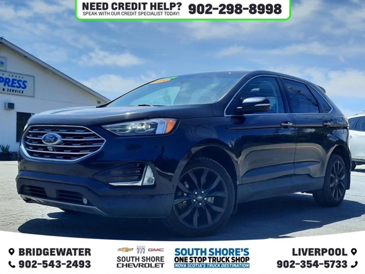 Recent Arrival! Black 2019 Ford Edge Titanium For Sale, Bridgewater AWD 8-Speed Automatic EcoBoost 2.0L I4 GTDi DOHC Turbocharged VCT Clean Car Fax, AWD, ABS brakes, Adaptive Cruise Control w/Stop & Go, Adaptive LED Headlamps, Air Conditioning, Alloy wheels, Auto-Dimming Drivers Sideview Mirror, Brake assist, CD player, Cold Weather Package, Compass, Cooled Front Seats, Delay-off headlights, Driver door bin, Electronic Stability Control, Enhanced Park Assist w/Parallel Park, Equipment Group 301A, Evasive Steering Assist, Front 180-Degree Camera w/Split View & Washer, Front anti-roll bar, Front Bucket Seats, Front dual zone A/C, Front fog lights, Front Heated Perforated Leather Sport Bucket Seats, Front reading lights, Fully automatic headlights, Heated door mirrors, Heated front seats, Heated Rear Seats, Heated Steering Wheel, Knee airbag, Lane Centering, Low tire pressure warning, Outside temperature display, Panoramic Vista Roof, Power driver seat, Power Liftgate, Power passenger seat, Power windows, Rear Parking Sensors, Rear window defroster, Rear window wiper, Remote keyless entry, Roof rack: rails only, Security system, Spoiler, Steering wheel memory, Tachometer, Tilt steering wheel, Traction control, Trip computer, Turn signal indicator mirrors, Variably intermittent wipers, Voice-Activated Touchscreen Navigation System, Windshield Wiper De-Icer.