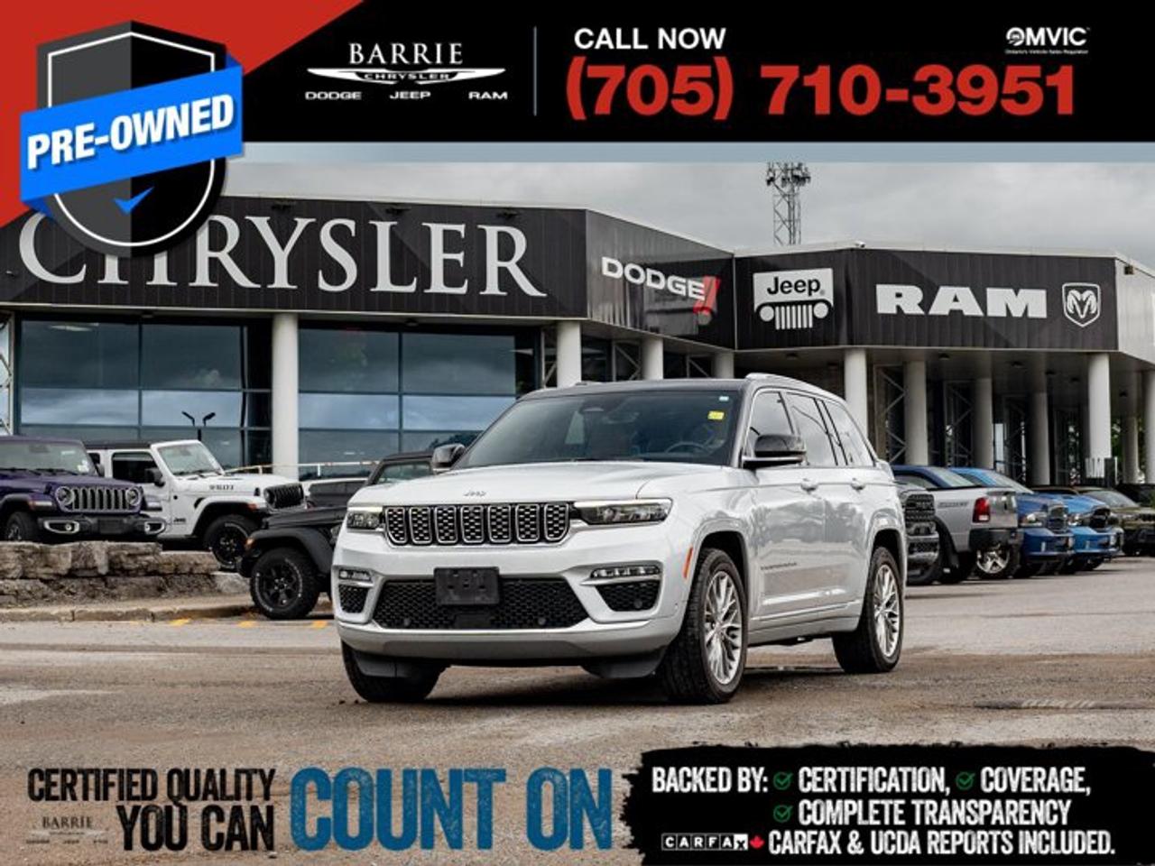 Powerful V-6 engine with 4x4 capability - Advanced navigation and premium audio system - Comprehensive safety features with adaptive cruise control - Power Locks - Panoramic SunroofDiscover the 2023 Jeep Grand Cherokee Summit, a previously owned luxury SUV now available at Barrie Chrysler Dodge Jeep Ram. This sophisticated 4x4 vehicle, with its sleek silver exterior, is designed for those who appreciate a blend of rugged capability and refined elegance. Perfect for families and adventurers alike, the Grand Cherokee Summit offers a premium driving experience with its advanced features and spacious interior.Under the hood, the Grand Cherokee Summit is powered by a robust Regular Unleaded V-6 3.6 L engine paired with an automatic transmission, delivering smooth and responsive performance. The 4x4 drivetrain ensures confident handling and traction across diverse terrains, making it an ideal choice for Canadian roads and weather conditions. This SUV combines power with efficiency, ensuring a reliable drive whether youre navigating city streets or exploring off-road trails.Step inside to experience the luxurious interior, where comfort meets cutting-edge technology. The cabin features leather seating with memory settings and a heated steering wheel, ensuring a cozy ride in any climate. The advanced infotainment system includes a premium audio setup, satellite radio, and a navigation system, all easily controlled via steering wheel audio controls. The panoramic sunroof adds an open-air feel, enhancing every journey.Safety is paramount in the Grand Cherokee Summit, equipped with a suite of driver assistance technologies. Adaptive cruise control, lane departure warning, and reverse park assist provide peace of mind on every drive. Stability control, traction control, and a comprehensive airbag system further enhance safety, making this SUV a reliable companion for you and your family.The 2023 Jeep Grand Cherokee Summit stands out with its blend of luxury, performance, and safety. Its versatile nature and premium features make it a compelling choice for those seeking a refined yet capable SUV.SpecificationsEngine: Regular Unleaded V-6 3.6 LDrive: 4x4Panoramic SunroofAdaptive Cruise ControlLeather Interior