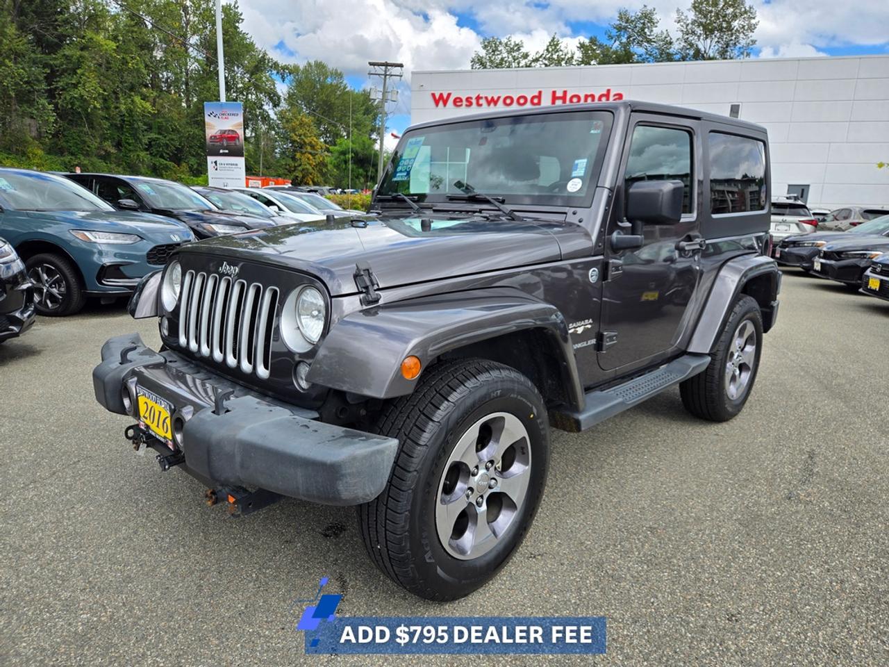 2016 Jeep Wrangler Sahara 4x4 Built for BC AdventureThe 2016 Jeep Wrangler Sahara delivers legendary 4x4 capability with iconic styling and open-air freedom. Whether youre commuting through Metro Vancouver, exploring the Sea-to-Sky Highway, or heading off the beaten path, the Sahara trim blends everyday comfort with authentic Jeep capability.**Key highlights include:*** Command-Trac? 4x4 system* Removable Freedom Top? hardtop panels* 18-inch alloy wheels* Premium cloth seating* Heated front seats* Automatic climate control* Leather-wrapped steering wheel* Uconnect? touchscreen with Bluetooth? connectivity* Steering wheel-mounted audio controls* Tow hooks and skid platesFrom city streets in Port Moody to weekend escapes across BC, the Wrangler Sahara is built to handle changing road conditions with confidence. Its elevated driving position, durable construction, and versatile cargo area make it equally enjoyable for daily driving and outdoor adventures.When you purchase from Westwood Honda, a trusted Tri-Cities dealership serving Port Moody, Coquitlam, Port Coquitlam, Burnaby, and Metro Vancouver, youll also receive the benefits of our **BuySmart Program**, including a **Full CarProof vehicle history report**, **Mechanical inspection**, **2-month / 5,000km powertrain warranty**, **6-month tire, brake, battery, and bulb coverage**, **Professional detailing**, **Full tank of gas**, and **Market-based no-haggle pricing**.Ideal for drivers seeking genuine off-road capability, distinctive styling, and year-round versatility.**Book your test drive today.****Apply for financing online today.****Reserve this Jeep Wrangler before its gone.**### FAQs**Q: Is the 2016 Jeep Wrangler Sahara good for BC winters?**A: Yes. Its 4x4 system and ground clearance provide added confidence in changing road conditions.**Q: Does it have four-wheel drive?**A: Yes, this Wrangler Sahara is equipped with Jeeps Command-Trac? 4x4 system.**Q: Can I remove the roof?**A: Yes. The Freedom Top? panels can be removed for an open-air driving experience.**Q: Is it suitable for weekend camping and road trips?**A: Absolutely. Its rugged design and cargo versatility make it well suited for outdoor adventures.**Q: Do you accept trade-ins at Westwood Honda?**A: Yes. We welcome trade-ins and can provide a competitive appraisal.**Q: Are financing options available?**A: Yes. Our team can help you explore financing solutions tailored to your needs.