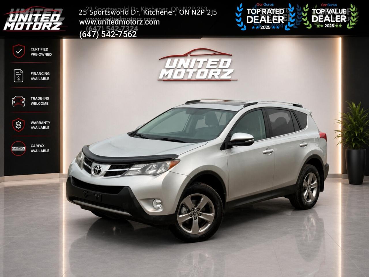 2015 Toyota RAV4 4dr XLE 2.5L FWD***SAFETY CERTIFIED***25 Service Records~~ <br/> <br/> <br/> <br/> This 2015 Toyota RAV4 XLE is a SUV that offers the perfect balance of reliability, comfort, and everyday practicality. Powered by a dependable 2.5L 4-cylinder engine paired with a smooth automatic transmission, it delivers excellent fuel efficiency and a comfortable ride for both city driving and highway travel. Well maintained and built with Toyotas renowned reputation for long-term dependability, this RAV4 XLE features a spacious interior and versatile cargo space, making it an excellent choice for families, commuters, or anyone looking for a reliable SUV thats ready for its next adventure. <br/> . <br/> Key Features:- <br/> <br/> * Automatic transmission <br/> * Front-Wheel Drive <br/> * Carfax verified <br/> * Keyless entry <br/> * Power windows <br/> * Power locks <br/> * Heated seats <br/> * Infortainment system <br/> * Phone connectivity <br/> * Backup camera <br/> * AM/FM <br/> * A/C <br/> * Alloy Wheels <br/> * Sunroof/ moonroof <br/> <br/> <br/> ------------------------------------------------------------------------------------ United Motorz  Kitcheners Premier Used Car Dealership! Since 2017, United Motorz has been your trusted destination for quality pre-owned vehicles in the Kitchener-Waterloo area. With two convenient locations and over 150+ cars, SUVs, and vans, we offer a huge selection to fit every lifestyle and budget. From sleek sedans to family SUVs, every vehicle is carefully inspected to ensure reliability and performance. <br/> Locations: <br/> Kitchener: 25 Sportsworld Dr, N2P 2J5 <br/> Cambridge: 250 King St W, N3H 1B8 <br/> Call ahead to book your appointment! SUVs and vans are at the Cambridge locationconfirm before visiting.------------------------------------------------------------------------------------WHAT YOU GET : <br/> - SAFETY CERTIFIED (All certified vehicles go through 150 point inspection by reputable mechanics) <br/> - FREE OIL CHANGE <br/> - FREE CAR-FAX WITH EVERY CAR <br/> - FREE INTERIOR Cleaning <br/> $12950 +hst+licensing <br/> UCDA member and OMVIC approved dealership, buy with confidence. <br/> To view more used cars you can visit us at www.unitedmotorz.com <br/> Contact : 6475427562 <br/> Fahad Khan United Motorz inc. <br/> www.unitedmotorz.com <br/> 25 Sportsworld Drive, Kitchener, ON. N2P2J5 <br/> ---------------------------------------------------------------------------------------- <br/>