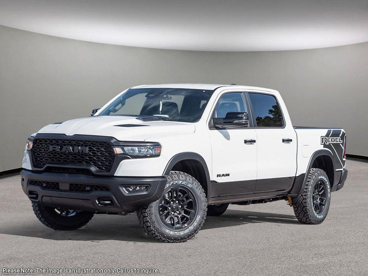 Discover the 2026 Ram 1500 Rebel 4x4 Crew Cab 57 Box in stunning Bright White with a bold Black interior  the perfect blend of rugged capability and refined luxury. Powered by a 3.0L I6 Hurricane Twin Turbo ESS engine paired with an 8-speed automatic transmission and 3.92 rear axle ratio, this truck offers impressive performance and towing capacity.Equipped with LT275/70R18E OWL all-terrain tires on black 18 wheels, advanced off-road suspension, and three underbody skid plates, its ready for every adventure. Inside, enjoy luxury leather-faced ventilated and heated front seats, a spacious rear 60/40 folding seat with second-row heated seating, and cutting-edge tech like the massive 14.4 Uconnect 5 Nav touchscreen with premium 19-speaker Harman/Kardon audio.Safety and convenience shine with adaptive cruise control, blind-spot monitoring, lane departure prevention, power tailgate, dual wireless charging pads, rain-sensing wipers, and smartphone-as-a-key functionality. With Rebel Level 2 Equipment Group and Quick Order Package 21W, this is the ultimate off-road-ready, tech-savvy, and comfortable pickup.PRICING ADVERTISED IS REFLECTING THE CASH INCENTIVE AND CANNOT BE STACKED WITHLOW-RATEFINANCING, PRICING ADVERTISED CAN BE FINANCED. REACH OUT TO THE SALES TEAM TO GET YOUR QUOTE TAILORED TO HOW YOU WOULD LIKE TO BUYCALL AURORA DODGE NOW AT867-873-4222
