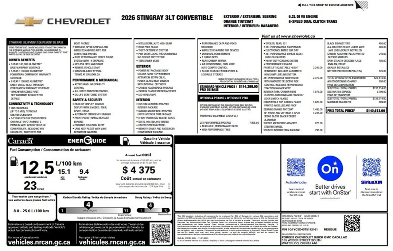 2026 Chevrolet Corvette 2dr Stingray Conv w/3LT No Freight PDI Luxury Tax! Photo