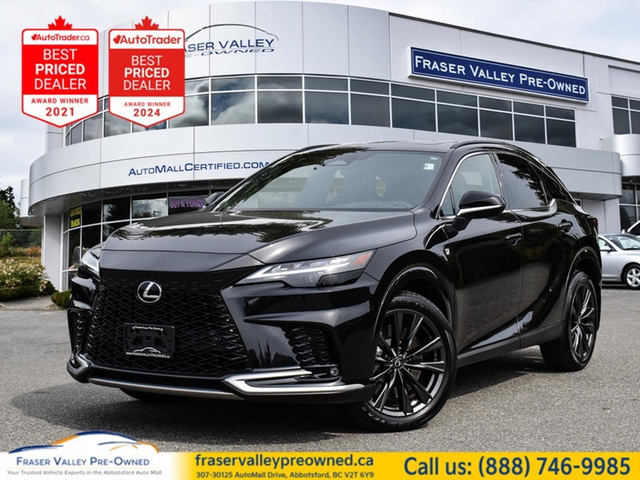 Low Mileage, Sunroof,  Cooled Seats,  Apple CarPlay,  Android Auto,  Heated Steering Wheel!
 
 Stunning in every detail, this Lexus RX is an epitome of futuristic design and breathtaking styling. This 2024 Lexus RX is fresh on our lot in Abbotsford.
 
For those who refuse to settle, this Lexus RX is the embodiment of luxury, thrill and refinement. Keenly tuned performance takes exhilaration to even greater heights, with a meticulously designed interior that connects driver to the vehicle like never before. This SUV is an experience crafted to the highest standard of all: yours.
 
This low mileage SUV has just 17,662 km. Its nice in colour and is completely accident free based on the CARFAX Report. It has a 8 Speed Automatic transmission and is powered by a 275HP 2.4L 4 Cylinder Engine. 
 
 Our RXs trim level is 350. This RX 350 is stacked with all the amazing features youd expect from a premium Lexus SUV, such as power-adjustable ventilated and heated front seats with lumbar support and memory function, a heated steering wheel, NuLuxe synthetic leather upholstery, adaptive cruise control, an express open/close glass sunroof, and a power liftgate for rear cargo access. Connectivity is handled via an immersive 9.8-inch HD touchscreen with wireless Apple CarPlay and Android Auto, SiriusXM streaming radio, and audio channeled through a delightful 12-speaker sound system. Safety on the road is also handled by a suite of systems including blind spot monitoring, lane keeping assist with lane departure warning, pre-collision warning with rear cross traffic alert, forward collision mitigation with rear parking sensors, and evasive steering assist. Additional features include remote engine start, dual-zone climate control, LED headlights with front fog lights, and even more. This vehicle has been upgraded with the following features: Sunroof, Cooled Seats, Apple CarPlay, Android Auto, Heated Steering Wheel, Power Liftgate, Remote Start.
 
To apply right now for financing use this link: https://www.fraservalleypreowned.ca/abbotsford-car-loan-application-british-columbia
 

| Our Quality Guarantee: We maintain the highest standard of quality that is required for a Pre-Owned Dealership to operate in an Auto Mall. We provide an independent 360-degree inspection report through licensed 3rd Party mechanic shops. Thus, our customers can rest assured each vehicle will be a reliable, and responsible purchase.  |  Purchase Disclaimer: Your selected vehicle may have a differing finance and cash prices. When viewing our vehicles on third party  marketplaces, please click over to our website to verify the correct price for the vehicle. The Sale Price on third party websites will always reflect the Finance Price of our vehicles. If you are making a Cash Purchase, please refer to our website for the Cash Price of the vehicle.  | All prices are subject to and do not include, a $995 Finance Fee, a $995 Document Fee, and a $499 GPS Lot Pack. VSA Security Fee of $10 is applicable as we are a Certified VSA Dealer (#40190).  These fees as well as taxes, are included in all listed listed payment quotes. Please speak with Dealer for full details and exact numbers.  o~o