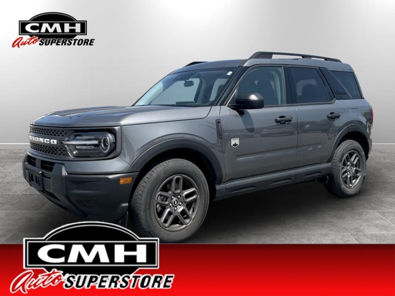 <b>4WD !! REAR CAMERA W/PARK SENSORS, AUTO HIGH BEAM, RAIN SENSING WIPERS, ADAPTIVE CRUISE, LANE ALERT W/AID, COLLISION SENSORS W/BRAKING, BLIND SPOT, APPLE CARPLAY, ANDROID AUTO, WIRELESS CHARGING PAD, POWER SEAT, HEATED SEATS, REMOTE START **PREV. RENTAL**</b><br>  <br>CMH certifies that all vehicles meet DOUBLE the Ministry standards for Brakes and Tires. The advertised price is the promotional financing price. For all other methods of payment, the selling price is $500 higher.<br><br> <br>This 2025 Ford Bronco Sport is for sale today.<br> <br>A compact footprint, an iconic name, and modern luxury come together to make this Bronco Sport an instant classic. Whether your next adventure takes you deep into the rugged wilds, or into the rough and rumble city, this Bronco Sport is exactly what you need. With enough cargo space for all of your gear, the capability to get you anywhere, and a manageable footprint, theres nothing quite like this Ford Bronco Sport.<br> <br>This SUV has 41,948 km. Its Carbonized Grey Metallic in colour and is completely accident free based on the <a href=https://vhr.carfax.ca/?id=I/sfWLwEzcTgrhy9U5fI9YBTdpbIDiFT target=_blank>CARFAX Report</a>. It has an Automatic transmission and is powered by a 181HP 1.5L 3 Cylinder Engine. <br> <br> Our Bronco Sports trim level is Big Bend. This Bronco Big Bend steps things up with heated cloth front seats that feature power lumbar adjustment, along with SiriusXM streaming radio and exclusive aluminum wheels. Also standard include voice-activated automatic air conditioning, 13.2-inch SYNC 4 powered infotainment screen with Apple CarPlay and Android Auto, smart charging USB type-A and type-C ports, 4G LTE mobile hotspot internet access, proximity keyless entry with remote start, and a robust terrain management system that features the trademark Go Over All Terrain (G.O.A.T.) driving modes. Additional features include blind spot detection, rear cross traffic alert and pre-collision assist with automatic emergency braking, lane keeping assist, lane departure warning, forward collision alert, driver monitoring alert, a rear-view camera, and so much more.<br> To view the original window sticker for this vehicle view this <a href=http://www.windowsticker.forddirect.com/windowsticker.pdf?vin=3FMCR9BN7SRE16500 target=_blank>http://www.windowsticker.forddirect.com/windowsticker.pdf?vin=3FMCR9BN7SRE16500</a>. <br/><br> <br>To apply right now for financing use this link: <a href=https://www.cmhniagara.com/financing/ target=_blank>https://www.cmhniagara.com/financing/</a><br> <br/><br>**PLEASE NOTE:** The functionality and condition of any accessories and aftermarket parts are not guaranteed by CMH Auto Superstore. Examples of such items include, but are not limited to: tonneau covers, radios, cameras, remote starts, vent visors, roof racks, winches, light bars, headlights/tail lights, center caps, running boards, etc. If an aftermarket part is safety-related and found to be defective, it will be replaced by a factory option.<br><b>**CMH Auto Superstore reserves the right to choose to repair, modify, or replace all aftermarket parts (example  headlights) or accessories at its sole discretion.**</b><br><br>Trade-ins are welcome! Financing available OAC ! Price INCLUDES a valid safety certificate! Price INCLUDES a 60-day limited warranty on all vehicles except classic or vintage cars. CMH is a Full Disclosure dealer with no hidden fees. We are a family-owned and operated business for over 30 years! o~o