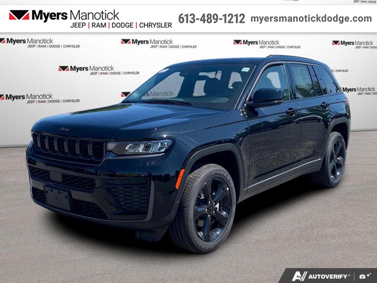 <b>Sunroof!</b><br> <br> Call 613-489-1212 to speak to our friendly sales staff today, or come by the dealership!<br> <br>A comprehensive suite of safety and driver-assistance features helps protect what matters most on every journey.<br> <br>The 2026 Jeep Grand Cherokee combines upscale design, innovative technology, and authentic Jeep performance to create a truly premium driving experience. Inside, every detail is crafted for comfort, with intuitive features that keep you connected and in control. Whether navigating city streets or venturing off the beaten path, the Grand Cherokee delivers the perfect balance of power, luxury, and capability.<br> <br>This Diamond Black Crystal Pearl SUV has an Automatic transmission and is powered by a 324HP 2.0L 4 Cylinder Engine. <br> <br> Our Grand Cherokees trim level is Altitude. The exterior commands attention with the Altitude Appearance Package, featuring gloss black aluminum wheels, dark neutral metallic accents, and the convenience of a power liftgate. Inside, the refined cabin features a black headliner and An-Teak interior accents, creating a modern space enhanced by ambient LED interior lighting, heated front seats, and a heated leatherette steering wheel. Technological sophistication is central to the drive, provided by a 12.3 inch touchscreen display with GPS navigation, a wireless charging pad, and a premium six-speaker audio system. Peace of mind comes standard through an advanced safety suite including the Active Driving Assist System, Traffic Sign Recognition, Intersection Collision Assist, and blind spot monitoring. This SUV perfectly combines bold styling with cutting-edge innovations to deliver a confident and connected experience for every driver. This vehicle has been upgraded with the following features: Sunroof.<br><br> View the original window sticker for this vehicle with this url <b><a href=http://www.chrysler.com/hostd/windowsticker/getWindowStickerPdf.do?vin=1C4RJHAR7TC284598 target=_blank>http://www.chrysler.com/hostd/windowsticker/getWindowStickerPdf.do?vin=1C4RJHAR7TC284598</a></b>.<br> <br>To apply right now for financing use this link: <a href=https://CreditOnline.dealertrack.ca/Web/Default.aspx?Token=3206df1a-492e-4453-9f18-918b5245c510&Lang=en target=_blank>https://CreditOnline.dealertrack.ca/Web/Default.aspx?Token=3206df1a-492e-4453-9f18-918b5245c510&Lang=en</a><br> <br/>Total rebate of $2500 is reflected in the price. <br> Buy this vehicle now for the lowest weekly payment of <b>$209.18</b> with $0 down for 96 months @ 5.29% APR O.A.C. ( Plus applicable taxes - $1199 fees included in price **Rebates may not be applicable on all purchase types [cash, lease, or finance]. Eligibility and conditions may vary. Please see dealer for full details and confirmation of eligibility. ). Incentives expire 2026-08-31. See dealer for details. <br><br>If youre looking for a Dodge, Ram, Jeep, and Chrysler dealership in Ottawa that always goes above and beyond for you, visit Myers Manotick Dodge today! Were more than just great cars. We provide the kind of world-class Dodge service experience near Kanata that will make you a Myers customer for life. And with fabulous perks like extended service hours, our 30-day tire price guarantee, the Myers No Charge Engine/Transmission for Life program, and complimentary shuttle service, its no wonder were a top choice for drivers everywhere. Get more with Myers!<br> Come by and check out our fleet of 20+ used cars and trucks and 50+ new cars and trucks for sale in Manotick.  o~o