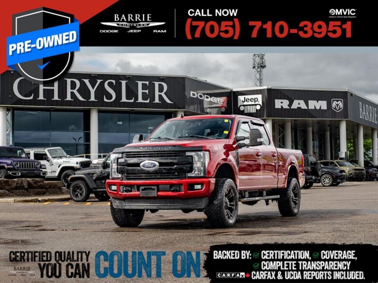4WD.This vehicle is certified. You can trust that each certified vehicle goes through a 150-point inspection by our factory-trained master technicians. Our requirements exceed the provincial regulations of safety standards.With every detail disclosed and every standard met, confidence comes standard.Verified Vehicle History: CarFAX and UCDA reports included.Certified & Serviced: Oil, filters, and wipers replaced before delivery.Warranty You Can Trust: Up to 8 years or 200,000 KM of coverage.Finance Made Simple: Competitive rates for all credit profiles.Easy Exchange Program: Return within 7 days or 500 KM.Thank you for choosing Barrie Chrysler Dodge Jeep Ram, where the easy car-buying experience is all about you! Visit our expansive 50-car indoor showroom and view the hundreds of vehicles available, both on-site and off-site. We are located right in the heart of Barrie, on Dunlop St W, just off of Highway 400. - 395 Dunlop St W, Barrie, ON.We pay cash for cars, even if you don?t buy one from us!Ruby Red 2019 Ford F-250SD Lariat 4D Crew Cab Power Stroke 6.7L V8 DI 32V OHV Turbodiesel TorqShift 6-Speed Automatic 4WDWe utilize real-time third-party software to price our vehicles, ensuring they align with the daily average market price. For that reason, our vehicles are priced competitively.We have over 100 pre-owned vehicles available onsite, with extra off-site inventory available at all times. Prices are plus HST and licensing fee.