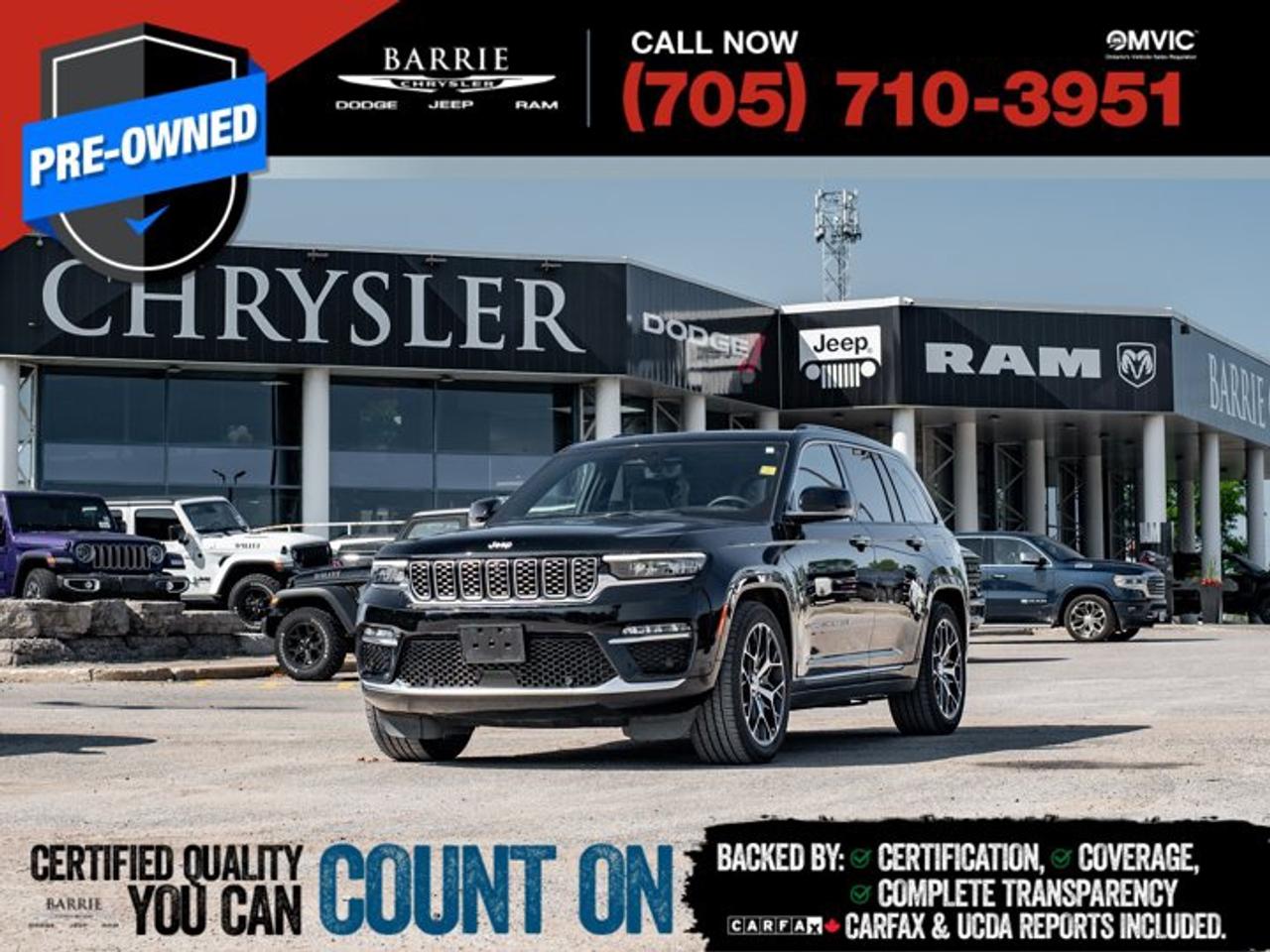 4WD.This vehicle is certified. You can trust that each certified vehicle goes through a 150-point inspection by our factory-trained master technicians. Our requirements exceed the provincial regulations of safety standards.With every detail disclosed and every standard met, confidence comes standard.Verified Vehicle History: CarFAX and UCDA reports included.Certified & Serviced: Oil, filters, and wipers replaced before delivery.Warranty You Can Trust: Up to 8 years or 200,000 KM of coverage.Finance Made Simple: Competitive rates for all credit profiles.Easy Exchange Program: Return within 7 days or 500 KM.Thank you for choosing Barrie Chrysler Dodge Jeep Ram, where the easy car-buying experience is all about you! Visit our expansive 50-car indoor showroom and view the hundreds of vehicles available, both on-site and off-site. We are located right in the heart of Barrie, on Dunlop St W, just off of Highway 400. - 395 Dunlop St W, Barrie, ON.We pay cash for cars, even if you don?t buy one from us!Black 2024 Jeep Grand Cherokee Summit 4D Sport Utility Pentastar 3.6L V6 VVT 8-Speed Automatic 4WDWe utilize real-time third-party software to price our vehicles, ensuring they align with the daily average market price. For that reason, our vehicles are priced competitively.We have over 100 pre-owned vehicles available onsite, with extra off-site inventory available at all times. Prices are plus HST and licensing fee.
