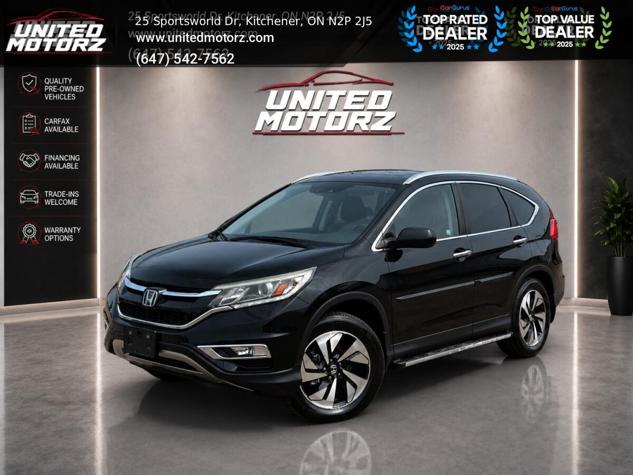 2015 Honda CR-V Touring AUTO AWD 2.4L 4cyl***SAFETY CERTIFIED*** <br/> <br/> <br/> <br/> The 2015 Honda CR-V Touring AWD is a dependable and fuel-efficient SUV that combines comfort, practicality, and Hondas renowned reliability. Powered by a responsive 2.4L 4-cylinder engine paired with an automatic transmission and all-wheel drive, it delivers a smooth and confident driving experience in all seasons. With a spacious interior, generous cargo capacity, and a reputation for low ownership costs, this CR-V Touring is an excellent choice for families, commuters, and anyone looking for a versatile SUV. <br/> <br/> <br/> Key Features:- <br/> <br/> * Automatic transmission <br/> * Carfax verifed <br/> * All wheel drive <br/> * Keyless entry <br/> * Power windows <br/> * Power locks & mirrors <br/> * Power seats <br/> * Heated seats <br/> * Leather seats <br/> * Infotainment system <br/> * Backup camera <br/> * Phone connectivity <br/> * AM/FM <br/> * A/C <br/> * Cruise Control <br/> * Fog lamps <br/> * Alloy Wheels <br/> <br/> <br/> CARFAX AVAILABLE ON EVERY VEHICLE, TO VIEW CARFAX GO ON UNITEDMOTORZ.COM AND CLICK ON CARFAX LOGO ON OUR SITE TO VIEW IT FOR FREE!! <br/> <br/> <br/> ------------------------------------------------------------------------------------ United Motorz  Kitcheners Used Car Superstore! Since 2017, United Motorz has been your trusted destination for quality pre-owned vehicles in the Kitchener-Waterloo area. With our convenient location and over 150+ cars, SUVs, and vans, we offer a huge selection to fit every lifestyle and budget. From sleek sedans to family SUVs, every vehicle is carefully inspected to ensure reliability and performance. <br/> Location: <br/> Kitchener: 25 Sportsworld Dr, N2P 2J5 <br/> ------------------------------------------------------------------------------------WHAT YOU GET : <br/> - SAFETY CERTIFIED (All certified vehicles go through 150 point inspection by reputable mechanics) <br/> - FREE OIL CHANGE <br/> - FREE CAR-FAX WITH EVERY CAR <br/> - FREE INTERIOR Cleaning <br/> $12950 + hst+licensing <br/> UCDA member and OMVIC approved dealership, buy with confidence. <br/> To view more used cars you can visit us at www.unitedmotorz.com <br/> Contact : 6475427562 <br/> United Motorz inc. <br/> www.unitedmotorz.com <br/> 25 Sportsworld Drive, Kitchener, ON. N2P2J5 <br/> ---------------------------------------------------------------------------------------- <br/>