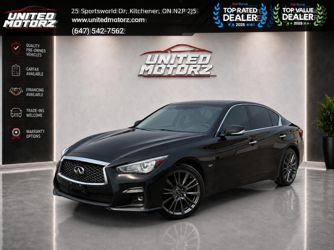 2019 Infiniti Q50 3.0t AUTO AWD 3.0L 6cyl***SAFETY CERTIFIED***23 SERVICE RECORDS~~~ <br/> <br/> <br/> <br/> This 2019 Infiniti Q50 3.0t is a refined luxury sport sedan that delivers strong performance, premium comfort, and confident all-weather capability. Powered by a responsive 3.0L twin-turbocharged V6 engine paired with a smooth automatic transmission and intelligent all-wheel drive, it offers quick acceleration, sharp handling, and a comfortable ride. The Q50 features a stylish exterior, a well-appointed interior, heated seats, dual-zone climate control, push-button start, Bluetooth connectivity, a rearview camera, premium audio, alloy wheels, and advanced safety features. With its powerful engine, elegant design, and luxurious driving experience, this Infiniti Q50 is an excellent choice for anyone looking for performance and comfort in one complete package. Carfax available, financing options available, and trades are welcome. <br/> <br/> <br/> <br/> Key Features:- <br/> <br/> * Automatic transmission <br/> * Carfax verified <br/> * All-Wheel Drive <br/> * Keyless entry <br/> * Power windows <br/> * Power locks & mirrors <br/> * Push start/stop <br/> * Infotainment system <br/> * Navigation <br/> * Phone connectivity <br/> * Backup camera <br/> * Leather seats <br/> * Power seats <br/> * Heated seats <br/> * Sunroof <br/> * Dual-Zone Climate Control <br/> * A/C <br/> * AM/FM <br/> * Fog lamps <br/> * Alloy Wheels <br/> * Cruise control <br/> <br/> <br/> CARFAX AVAILABLE ON EVERY VEHICLE, TO VIEW CARFAX GO ON UNITEDMOTORZ.COM AND CLICK ON CARFAX LOGO ON OUR SITE TO VIEW IT FOR FREE!! <br/> <br/> <br/> ------------------------------------------------------------------------------------ United Motorz  Kitcheners Used Car Superstore! Since 2017, United Motorz has been your trusted destination for quality pre-owned vehicles in the Kitchener-Waterloo area. With our convenient location and over 150+ cars, SUVs, and vans, we offer a huge selection to fit every lifestyle and budget. From sleek sedans to family SUVs, every vehicle is carefully inspected to ensure reliability and performance. <br/> Location: <br/> Kitchener: 25 Sportsworld Dr, N2P 2J5 <br/> ------------------------------------------------------------------------------------WHAT YOU GET : <br/> - SAFETY CERTIFIED (All certified vehicles go through 150 point inspection by reputable mechanics) <br/> - FREE OIL CHANGE <br/> - FREE CAR-FAX WITH EVERY CAR <br/> - FREE INTERIOR Cleaning <br/> $11950+ hst+licensing <br/> UCDA member and OMVIC approved dealership, buy with confidence. <br/> To view more used cars you can visit us at www.unitedmotorz.com <br/> Contact : 6475427562 <br/> United Motorz inc. <br/> www.unitedmotorz.com <br/> 25 Sportsworld Drive, Kitchener, ON. N2P2J5 <br/> ---------------------------------------------------------------------------------------- <br/>