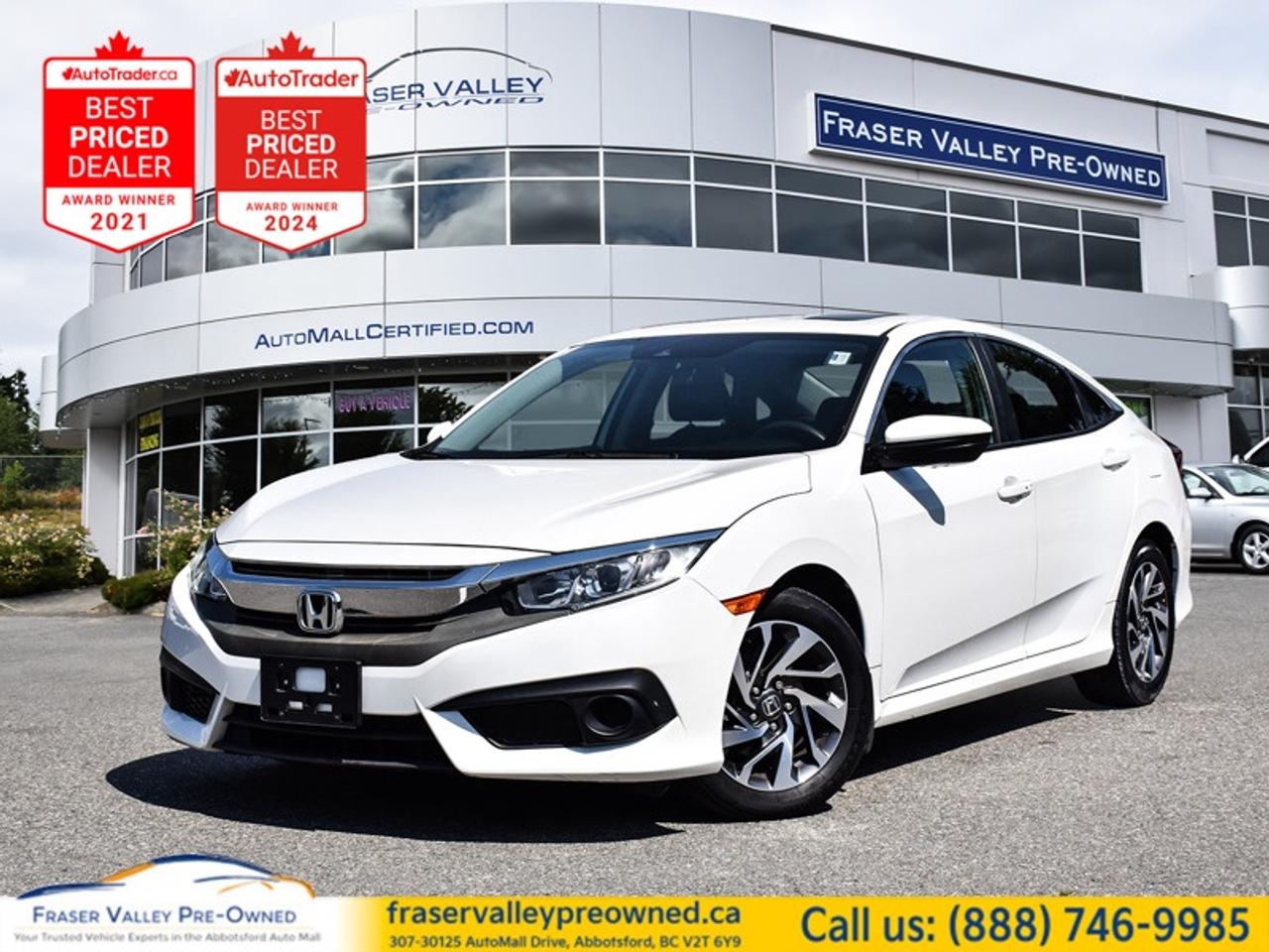 Sunroof,  Adaptive Cruise Control,  Bluetooth,  Rear View Camera,  Blind Spot Assist!
 
 This 2018 Honda Civic Sedan provides modern design in an efficient package with all of the comfort amenities you need no matter the destination. This 2018 Honda Civic Sedan is fresh on our lot in Abbotsford.
 
The Honda Civic Sedan has come a long way and it keeps getting better. Its no wonder its one of Canadas best selling cars. The stunning exterior and impressive performance of this 2018 Civic are clear examples of its exciting evolution. Its progressive look is perfectly complemented by a sophisticated interior designed with your comfort and safety in mind. If youre looking for greatness, this Honda Civic Sedan has a seat for you.
 
This sedan has 90,491 km. Its nice in colour. It has a CVT transmission and is powered by a 158HP 2.0L 4 Cylinder Engine. It may have some remaining factory warranty, please check with dealer for details. 
 
 Our Civic Sedans trim level is EX. The mid-range EX trim comes well appointed with dual-zone automatic climate control, LaneWatch blind spot assist, Honda Sensing Technologies which include adaptive cruise control and forward collision warning, a power moonroof, a Display Audio System with Bluetooth and 8 speaker audio, a rearview camera, 2 USB ports, heated front seats, and more. This vehicle has been upgraded with the following features: Sunroof, Adaptive Cruise Control, Bluetooth, Rear View Camera, Blind Spot Assist, Heated Seats.
 
To apply right now for financing use this link: https://www.fraservalleypreowned.ca/abbotsford-car-loan-application-british-columbia
 

| Our Quality Guarantee: We maintain the highest standard of quality that is required for a Pre-Owned Dealership to operate in an Auto Mall. We provide an independent 360-degree inspection report through licensed 3rd Party mechanic shops. Thus, our customers can rest assured each vehicle will be a reliable, and responsible purchase.  |  Purchase Disclaimer: Your selected vehicle may have a differing finance and cash prices. When viewing our vehicles on third party  marketplaces, please click over to our website to verify the correct price for the vehicle. The Sale Price on third party websites will always reflect the Finance Price of our vehicles. If you are making a Cash Purchase, please refer to our website for the Cash Price of the vehicle.  | All prices are subject to and do not include, a $995 Finance Fee, a $995 Document Fee, and a $499 GPS Lot Pack. VSA Security Fee of $10 is applicable as we are a Certified VSA Dealer (#40190).  These fees as well as taxes, are included in all listed listed payment quotes. Please speak with Dealer for full details and exact numbers.  o~o